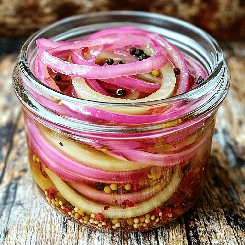 To make Gordon Ramsay’s pickled onions, you will need: - 2 large red onions, carefully peeled and thinly sliced - 1 cup apple cider vinegar - 1 cup water - 1 tablespoon granulated sugar - 1 tablespoon coarse sea salt - 1 teaspoon whole black peppercorns - 1 teaspoon mustard seeds - 1 teaspoon red pepper flakes (adjust based on desired spice level) - 2 cloves fresh garlic, lightly crushed If you don't have some ingredients, here are easy swaps: - Use white vinegar instead of apple cider vinegar for a sharper taste. - Swap granulated sugar with honey for a natural sweetness. - Coarse sea salt can be replaced with kosher salt. - For a milder flavor, try using yellow onions instead of red. To keep your pickled onions fresh: - Choose firm onions without any soft spots. - Store in a clean glass jar with a tight lid. - Keep the jar in the fridge for the best flavor and crunch. - Use the onions within 2-4 weeks for the best taste. - After they are ready, always make sure they are submerged in the brine. Using these tips, you can ensure your pickled onions stay fresh and flavorful! For the full recipe, check out the detailed steps to enjoy this zesty treat. Start with two large red onions. Peel them carefully to avoid waste. Use a sharp knife or mandoline to slice them thinly. Aim for even slices, which helps in pickling. Place the sliced onions in a bowl. Set them aside while you make the brine. Grab a medium saucepan for the brine. Add one cup of apple cider vinegar and one cup of water. Sprinkle in one tablespoon of granulated sugar and one tablespoon of coarse sea salt. Heat the mixture over medium heat. Stir gently until the sugar and salt dissolve completely. Next, add one teaspoon of whole black peppercorns and one teaspoon of mustard seeds. If you like spice, toss in one teaspoon of red pepper flakes. Add two lightly crushed garlic cloves, too. Let this mixture simmer for 2-3 minutes to blend the flavors. Remove the saucepan from heat and let the brine cool for a few minutes. This step helps the onions stay crisp. In a clean, sterilized jar, layer the sliced onions. Carefully pour the warm brine over them. Ensure the onions are completely submerged. Allow the jar to cool to room temperature before sealing it tightly. Finally, place the jar in the fridge. Let it sit for at least 24 hours before enjoying your pickled onions. To pickle onions perfectly, start by cutting them thin. Thin slices soak up the brine well. Use a mandoline slicer for even cuts. This tool makes the job quick and easy. Once cut, let them breathe in a bowl. This step helps them soften before pickling. For best results, use fresh onions. Their crispness adds to the crunch in your dish. Spice is personal, and you should adjust it to your taste. Gordon's recipe calls for red pepper flakes. Start with one teaspoon for a mild kick. If you want more heat, add more flakes. You can also try adding sliced jalapeños for a fresh twist. Remember, you can always add spice, but you can't take it away. So, start small and taste as you go. You can bring new life to your pickled onions by adding extra ingredients. Try fresh herbs like thyme or dill for a fragrant touch. You can also add a few slices of ginger for a zing. Another option is to include a splash of fruit juice. Pineapple or orange juice can add sweetness and depth. Mix and match to find your perfect blend. For more ideas, check the Full Recipe for inspiration. {{image_4}} You can switch the apple cider vinegar for other types. White vinegar works well if you want a sharper taste. Rice vinegar offers a milder flavor that is sweeter. Each type of vinegar gives a unique twist to your onions. Feel free to experiment until you find your favorite. There are many ways to boost the taste of your pickled onions. Adding fresh herbs like thyme or dill will add a fresh hint. You can also try adding a few slices of fresh ginger for warmth. Another option is to include a bay leaf, which enhances the overall depth. Adjust the spices based on what you enjoy most. Pickled onions can change with the seasons. In summer, add fresh peaches or berries for a fruity touch. In fall, consider adding cinnamon sticks or cloves for warmth. These seasonal twists make your pickled onions exciting all year round. Have fun creating new flavors that match the time of year. To store pickled onions, place them in a clean jar. Make sure the onions are fully submerged in the brine. Seal the jar tightly and keep it in the fridge. This helps keep them fresh and crisp. Always use a clean spoon when scooping out onions. This prevents any bacteria from getting into the jar. Pickled onions can last in the fridge for about two to four weeks. They may lose some crunch over time, but they will still taste great. Check for mold or any off smells before using them. If they smell bad or look strange, it's best to throw them away. You can reuse the brine for a new batch of onions. Just strain out any old bits before adding new onions. However, the flavor might change slightly. If you want a stronger taste, feel free to add more spices or vinegar. This is a great way to cut down on waste while still enjoying tasty pickled onions! Pickled onions can last up to two weeks in the fridge. After that, they may lose their crunch. Keep them in a sealed jar to keep them fresh. You can also freeze pickled onions for longer storage. They will change texture but still taste great. Yes, you can use white onions. They will taste a bit different but still work well. White onions have a sharper flavor compared to red onions. If you want a milder taste, soak them in water for a bit before pickling. Pickled onions are great on many dishes, such as: - Tacos - Sandwiches - Salads - Burgers - Charcuterie boards Their tangy flavor adds a nice kick and brightens up your meals. Absolutely! You can customize your pickled onions with various spices. Some great options include: - Coriander seeds - Dill seeds - Bay leaves Feel free to experiment with spices to find your favorite flavor. Pickling onions is fun and rewarding. We covered the key ingredients, substitutions, and tips for freshness. I shared step-by-step instructions for brining and chilling the onions. You learned how to enhance flavors and adjust spice levels. We also explored variations, storage tips, and answered common questions. Pickled onions are a versatile topping that can boost any meal. Try making your own and enjoy the fresh taste!