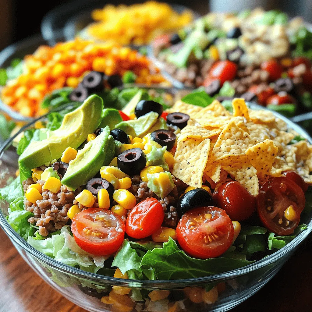 - 1 pound ground turkey or beef - 1 head of romaine lettuce, chopped - 1 cup cherry tomatoes, halved - 1/2 cup ranch dressing - 1 tablespoon chipotle in adobo sauce - 1 tablespoon fresh lime juice - 1 cup corn kernels, canned or frozen - 1 cup black beans, rinsed and drained - 1 avocado, diced - 1 cup shredded cheese, like cheddar - 1/2 cup sliced black olives - Tortilla chips for serving When making taco salad, fresh ingredients shine. The main ingredients set the base for flavor and texture. Ground turkey or beef provides protein and taste. Romaine lettuce gives crunch. Cherry tomatoes add a burst of sweetness. For the dressing, I use ranch as a creamy base. Chipotle in adobo sauce adds a smoky kick. Fresh lime juice brightens the flavor. This dressing ties the salad together. Don't forget the extras! Corn kernels bring sweetness. Black beans add heartiness. Diced avocado adds creaminess. Shredded cheese gives richness. Black olives add a salty note. Tortilla chips offer a delightful crunch. For a full recipe, check the section below. First, take a skillet and set it over medium heat. Add your ground turkey or beef. Cook it for about 5-7 minutes. Stir it often until it turns brown. Once the meat is fully cooked, sprinkle taco seasoning over it. Mix well and add a splash of water. Let it simmer for 3-4 minutes. This helps the flavors blend nicely. While the meat cooks, grab a large mixing bowl. In it, add chopped romaine lettuce, halved cherry tomatoes, corn, rinsed black beans, diced avocado, shredded cheese, and sliced black olives. You want a colorful mix! Gently toss the ingredients together. This ensures everything is mixed evenly without squishing the avocado. Now, let's prepare the chipotle ranch dressing. Take a small bowl and whisk together the ranch dressing, minced chipotle in adobo sauce, lime juice, salt, and pepper. Keep whisking until the mixture is smooth. This dressing adds a spicy kick to your salad! Once the meat is done, add it to the bowl with the salad. Toss everything gently to combine. Be careful not to break the avocado or tomatoes. Then, drizzle your chipotle ranch dressing over the salad. Toss again to coat all the ingredients evenly. If you want the full recipe, please check the link. Enjoy your taco salad! - Use lean meat for a healthier option. Ground turkey or lean beef works great. - Don’t overcook the veggies. You want them to stay bright and crunchy. - Serve in clear glass bowls or vibrant platters. This makes the colors pop! - Garnish with lime wedges and cilantro. They add a fresh touch that looks nice. - Add fresh herbs or lime zest for extra flavor. They brighten up the dish. - Consider using homemade ranch dressing for a personal touch. It lets you control the taste and ingredients. These tips can help you make a taco salad that not only tastes great but also looks amazing. You’ll impress your family and friends! For the full recipe, check the recipe section above. Enjoy your cooking! {{image_4}} You can make fun changes to the salad. For a vegetarian version, swap ground meat for tofu or lentils. Both options add protein and flavor. You can also use mixed greens instead of romaine. This gives a new texture and a fresh taste. The chipotle ranch dressing is great, but you can get creative. Try adding different spices to give it a twist. You can also mix in avocado or yogurt. These ingredients make the dressing creamier and richer. Want to make your meal even better? Serve the taco salad with a side of Mexican rice or guacamole. Both pair well and add more flavor. You can also turn the salad into a wrap. Just use tortillas to create a tasty, portable meal. For more details, check the Full Recipe. To keep your taco salad fresh, store each part separately. This way, the veggies stay crisp and the meat keeps its flavor. Use airtight containers for all the salad components. Place the lettuce, tomatoes, and other fresh items in one container. Keep the meat and dressing in separate containers. This method helps maintain taste and texture. Your taco salad will last for 3-4 days in the fridge. Keep an eye on the ingredients. If they look or smell off, it’s best to toss them. The chipotle ranch dressing can stay fresh for up to a week. Store it in a sealed jar to preserve its flavor. If you have warm ingredients, reheat the meat before adding it to your salad. This keeps the salad cool and crisp. Avoid reheating the entire salad. Doing so can make the veggies wilt and lose their crunch. Enjoy your salad fresh for the best taste! You can use Greek yogurt, tahini, or homemade dressings as alternatives. Greek yogurt adds creaminess and protein. Tahini gives a nutty flavor. You can also mix mayo with herbs for a quick homemade option. These choices boost taste and keep the salad fresh. Yes, this taco salad is gluten-free if you use gluten-free tortillas. Always check labels on your ingredients. Some canned beans and dressings might contain gluten. Make sure to choose brands that are certified gluten-free for safety. Yes, you can prep the ingredients ahead of time. Chop your veggies and cook the meat early. Just keep everything separate in the fridge. Assemble and add the dressing right before serving. This keeps the salad fresh and crisp. You can easily add more protein to this taco salad. Incorporate chickpeas, extra beans, or grilled chicken for more protein options. Black beans are already great for protein, but chickpeas offer a different taste. Grilled chicken adds heartiness and flavor. Taco salad is a fun dish that’s easy to make. You start with tasty meat, fresh veggies, and a creamy dressing. Mix in your favorite toppings for extra flavor. Remember to store your salad components separately to keep it fresh. With these tips and variations, you can make it your own. Enjoy creating this dish, and share it with friends and family. Your taco salad will impress everyone!