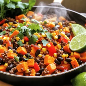 - 1 lb ground beef - 2 medium sweet potatoes, peeled and diced into 3/4-inch cubes - 1 can (15 oz) black beans, rinsed and drained - 1 cup corn kernels (frozen or fresh) - 1 red bell pepper, diced - 1 small onion, finely diced - 2 cloves garlic, minced - 1 tablespoon chili powder - 1 teaspoon ground cumin - 1 teaspoon smoked paprika - Salt and black pepper, to taste - 2 tablespoons olive oil - Fresh chopped cilantro and lime wedges, for garnish - 1 jalapeño pepper, diced for heat - 1 teaspoon oregano for an herb kick - 1 avocado, sliced for creaminess - Shredded cheese for a cheesy finish - Large skillet for even cooking - Spatula for stirring and breaking up beef - Knife and cutting board for chopping veggies - Measuring spoons for precise seasoning - Lid for steaming sweet potatoes This list will help you gather everything you need for your Southwestern Ground Beef Sweet Potato Skillet delight. Using fresh ingredients makes a big difference! I recommend choosing sweet potatoes that feel firm and heavy. They should have smooth skin without any dark spots. Enjoy the cooking process and feel free to add your own twist! For the complete recipe, check the Full Recipe section. Start by gathering all your ingredients. You need: - 1 lb ground beef - 2 medium sweet potatoes, peeled and diced into 3/4-inch cubes - 1 can (15 oz) black beans, rinsed and drained - 1 cup corn kernels (frozen or fresh) - 1 red bell pepper, diced - 1 small onion, finely diced - 2 cloves garlic, minced - 1 tablespoon chili powder - 1 teaspoon ground cumin - 1 teaspoon smoked paprika - Salt and black pepper, to taste - 2 tablespoons olive oil - Fresh chopped cilantro and lime wedges, for garnish Make sure to wash your veggies well. Dice the onion, garlic, and red bell pepper. If you have not peeled the sweet potatoes, do that now. You want them in bite-sized cubes to cook evenly. Heat the olive oil in a large skillet over medium heat. Add the diced onion. Sauté for 3-4 minutes until the onion is soft and fragrant. Then, add the minced garlic and diced red bell pepper. Cook for another 2-3 minutes until the bell pepper is slightly tender. Next, turn up the heat to medium-high. Toss in the ground beef. Cook it for 5-7 minutes until it is fully browned. Break the beef into smaller pieces with a spatula as it cooks. Once browned, sprinkle the chili powder, cumin, smoked paprika, salt, and pepper over the beef. Stir well to coat everything with the spices. Now, add the diced sweet potatoes. Stir to mix them in with the beef. This helps them cook evenly. Pour in about 1/4 cup of water to help steam the sweet potatoes. Cover the skillet with a lid and cook for 10-12 minutes. Stir occasionally until the sweet potatoes are tender. After 10-12 minutes, check the sweet potatoes. They should be easy to pierce with a fork. Next, fold in the black beans and corn. Cook for an additional 3-5 minutes until everything is heated through and flavors blend. Before serving, taste the skillet mix. Adjust the seasoning with more salt and pepper if needed. Once done, remove the skillet from heat. Serve hot, garnished with fresh cilantro and lime wedges. This adds a refreshing touch and makes your meal pop! You can find the full recipe for more details and serving suggestions. For sweet potatoes, start by cutting them into 3/4-inch cubes. This size helps them cook evenly. To cook them well, you can use two methods: boiling or steaming. Boiling takes about 10-15 minutes. Just check with a fork to see if they’re soft. Steaming is great too. If you steam, add water to your skillet and cover it. This makes them tender without losing flavor. If you want to switch the ground beef, try using ground turkey or chicken. Both are leaner options and still tasty! For a vegetarian twist, use black beans or lentils. They add protein and texture. You can also try tofu or tempeh for a plant-based choice. Just remember to season them well. To boost flavor, add fresh herbs like cilantro or parsley. They brighten the dish! You can also try a pinch of cayenne for heat. Other spices like oregano or thyme work well too. If you like smokiness, use chipotle powder. Experimenting with flavors can make your skillet unique. For a full recipe, check the Southwestern Ground Beef Sweet Potato Skillet . {{image_4}} You can easily swap ground beef for plant-based protein. Use lentils or crumbled tofu. This keeps the dish hearty and healthy. You still get that flavorful mix of spices. Cook the plant-based option the same way as the beef. It will absorb all the taste from the other ingredients. Want more heat? Add diced jalapeños or serrano peppers to the mix. Add them with the onions and garlic. This will give your skillet a spicy kick. Adjust the amount based on your taste. If you love spicy food, go for more! For a low-carb option, replace sweet potatoes with cauliflower. Use riced cauliflower for a similar texture. Cook it just like the sweet potatoes, but for less time. This keeps the dish light while still being tasty. The spices will still shine through. Explore these variations to make your Southwestern Ground Beef Sweet Potato Skillet unique. For the full recipe, check back to the earlier section! To keep your Southwestern Ground Beef Sweet Potato Skillet fresh, cool it first. Place it in an airtight container. This helps lock in moisture and flavor. Store it in the fridge for up to three days. If you want to keep it longer, consider freezing it. When you're ready to enjoy leftovers, reheat them in a skillet over medium heat. Add a splash of water to keep it moist. Stir often to ensure even heating. You can also microwave it in a bowl. Cover it with a lid or microwave-safe wrap. Heat for about two minutes, then stir and check if it’s hot. For long-term storage, freeze your Southwestern Ground Beef Sweet Potato Skillet in a freezer-safe container. It can last up to three months. Portion it out for easy meals later. To thaw, place it in the fridge overnight. Then, reheat as mentioned. This way, you can savor this dish anytime! You can find the full recipe above. Yes, you can make this dish ahead of time. Cook it fully and let it cool. Place it in an airtight container and store it in the fridge for up to three days. When you're ready to eat, just reheat it in a skillet over medium heat until hot. This dish pairs well with several sides. Here are some great options: - Rice (white or brown) - Quinoa - Tortilla chips - A fresh green salad - Avocado slices - Sour cream or Greek yogurt These sides add more flavor and texture to your meal. To change the heat level, try these tips: - Add more chili powder for a bolder flavor. - Use diced jalapeños for extra heat. - Reduce or skip the chili powder for a milder dish. - Serve with hot sauce on the side so everyone can adjust to their taste. You can easily make this dish fit your spice level! This guide covered all you need for a great Southwestern Ground Beef Sweet Potato Skillet. We explored the key ingredients and optional flavor boosters. You learned step-by-step cooking instructions and valuable tips for side dishes and storage. Don't forget to try the variations to suit your taste. Whether it’s vegetarian or spicy, you have many ways to enjoy this dish. Experiment and make it your own. Enjoy your cooking adventure!
