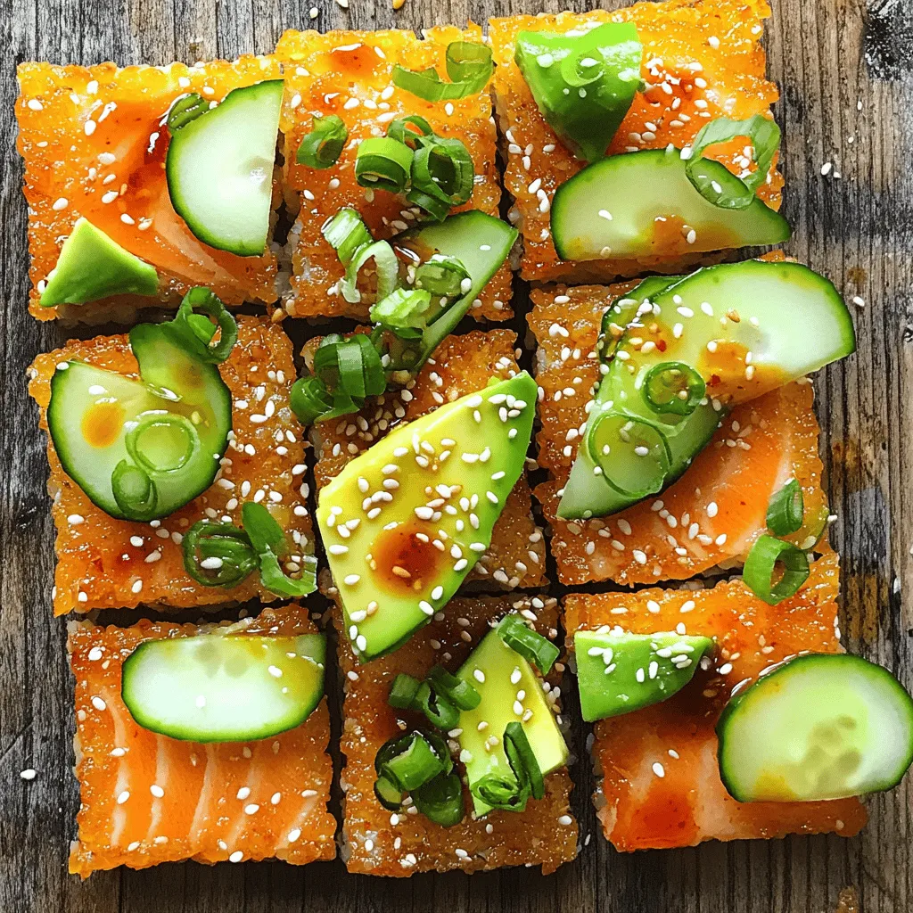- 2 cups sushi rice - 2 tablespoons rice vinegar - 1 tablespoon sugar - 1 teaspoon salt - 1 ¼ pounds fresh salmon fillet - 1 tablespoon low-sodium soy sauce - 1 tablespoon sesame oil - 1 tablespoon nori flakes (seaweed) - 1 tablespoon sesame seeds - 1 tablespoon green onions, finely chopped - 1 avocado, sliced thinly - 1 cucumber, sliced thinly - Sriracha or spicy mayo for drizzling (optional) In this recipe, we focus on quality ingredients. Sushi rice gives the dish its unique texture. The fresh salmon fillet is key for taste. You will also need seasonings like vinegar, sugar, and salt to enhance the rice flavor. For a touch of freshness, I love to add avocado and cucumber. They pair well with the crispy rice and salmon. If you like a kick, sriracha or spicy mayo adds a nice heat. This combo makes each bite delightful! For the full recipe, make sure to follow the steps to create this tasty dish. Enjoy crafting your Salmon Crispy Rice! 1. Rinse the sushi rice under cold water. Keep rinsing until the water runs clear. This helps remove extra starch. 2. Cook the sushi rice according to your rice cooker instructions. Once finished, transfer it to a large bowl. Let it cool for a bit. 3. In a small bowl, mix rice vinegar, sugar, and salt. Stir until dissolved. 4. Drizzle this mixture over the warm rice. Gently fold it in with a spatula. Be careful not to mash the rice. Allow the rice to cool to room temperature. 1. Take your fresh salmon fillet and slice it into thin strips, about ¼ inch thick. 2. Place the salmon strips in a bowl. Drizzle them with low-sodium soy sauce. 3. Let the salmon marinate for about 10 minutes. This enhances its flavor and makes it taste great. 1. Heat sesame oil in a large non-stick skillet over medium heat. 2. Wet your hands to avoid sticking. Take a handful of seasoned sushi rice. 3. Mold it into small rectangular or square cakes. 4. Carefully place the rice cakes in the hot skillet. Cook for about 3-4 minutes. 5. Flip the rice cakes gently. Cook the other side until it is crispy and golden. 1. Once the crispy rice cakes are ready, take each one out of the skillet. 2. Place them on serving plates. 3. Top each rice cake with a slice of marinated salmon. 4. Add slices of avocado and a few cucumber slices for crunch. 5. Finish by sprinkling nori flakes and sesame seeds on top. 6. If you like spice, drizzle with sriracha or spicy mayo. Enjoy this delicious dish while it’s warm! For more details, check out the Full Recipe. Rinsing sushi rice is key. It removes extra starch, which helps the rice stay fluffy. If you skip this step, your rice may turn out sticky. Always rinse until the water runs clear. This shows you've washed away the starch. For the best sushi rice, use a rice cooker. It cooks the rice evenly and perfectly. Follow the rice cooker instructions for the right water-to-rice ratio. This ensures you get the ideal softness. To get crispy rice, timing is everything. Cook the rice cakes for 3-4 minutes on each side. Look for a golden color to know they are ready. If you leave them too long, they might burn. Using a non-stick skillet is a must. This prevents the rice from sticking and breaking apart. Heat the skillet well before adding the rice cakes. This helps achieve that beautiful crispy texture. You can try different marinades for the salmon. A mix of soy sauce and lemon juice adds brightness. Honey and ginger also make a tasty glaze. Feel free to experiment with flavors you love. For seasonings, consider adding sesame oil. It gives a rich, nutty taste. You can also sprinkle on some sea salt or chili flakes. These add depth and kick to your dish. For the full recipe, check the detailed instructions provided. {{image_4}} You can make this dish even healthier. Try using quinoa instead of sushi rice. Quinoa adds protein and fibers. It also has a nutty taste that goes well with salmon. For toppings, consider using fresh herbs like cilantro or basil. They add bright flavors and a splash of color. Want to change up the taste? Experiment with different sauces. A tangy ponzu sauce can add a citrus kick. You can also use a spicy teriyaki sauce for a sweet twist. Seasonal vegetables work great too. Try adding roasted bell peppers or fresh radishes for crunch and color. When you serve this dish, make it special. Arrange the rice cakes on a large platter. You can garnish with colorful vegetables and herbs. For a fun twist, create a sushi platter. Mix and match with different toppings. Guests will love trying different flavors, and it looks amazing! To store crispy rice, start by letting it cool down. Place the rice in an airtight container. This keeps the rice fresh. You can store it in the fridge for up to three days. For salmon, wrap it tightly in plastic wrap or foil. This helps prevent it from drying out. Proper refrigeration keeps your salmon safe for up to two days. When you reheat crispy rice, use a non-stick skillet. Heat it over medium-low heat. Add a splash of water to create steam. Cover the skillet with a lid. This helps keep the rice moist. To avoid sogginess, don’t microwave crispy rice. The microwave makes it soft. Instead, reheat it in the skillet until it’s warm and crispy again. Enjoy your delicious meal! To make the best crispy rice, focus on a few key techniques. First, rinse your sushi rice well. This removes excess starch. Less starch means better texture. Cook the rice properly according to the package instructions. After cooking, let the rice cool slightly before seasoning. Use a mix of rice vinegar, sugar, and salt to enhance the flavor. When shaping the rice cakes, wet your hands. This helps prevent the rice from sticking. Finally, cook them in a hot non-stick skillet with sesame oil. Flip them carefully to ensure both sides get crispy. Yes, you can use frozen salmon for this recipe. Just make sure to thaw it properly. A good way to thaw salmon is to place it in the fridge overnight. If you're short on time, you can also run it under cold water. After thawing, slice the salmon thinly and marinate it. The soy sauce adds great flavor, even to frozen salmon. If you can't find sushi rice, there are some good substitutes. You can use short-grain rice or medium-grain rice. Both of these have a similar texture. Another option is to use quinoa for a healthier twist. Just be sure to cook it correctly and let it cool. The flavor and texture will differ, but it can still be tasty. Fresh salmon can last about one to two days in the refrigerator. Make sure to store it properly. Wrap it tightly or keep it in an airtight container. Cooked salmon can last three to four days if stored correctly. Always check for any off smells or changes in color before using it. This article covers how to make delicious crispy rice with salmon. We explored key ingredients like sushi rice and fresh salmon. You learned how to prepare, cook, and assemble the dish with optional toppings. Remember to rinse the rice and use a non-stick skillet for the best results. Feel free to try different flavors and garnishes. Your kitchen can shine with these tasty treats! Enjoy creating your own versions and sharing them with others. Happy cooking!