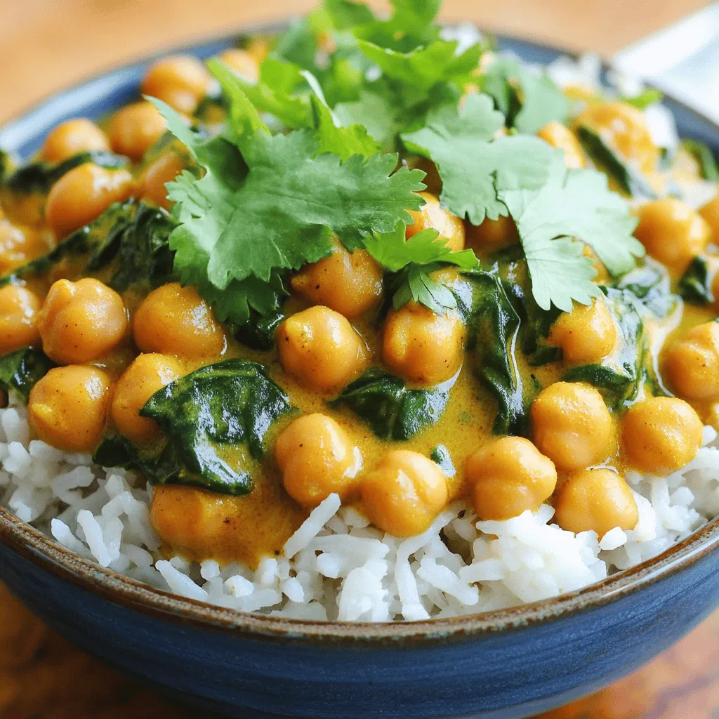 - 1 can (15 oz) chickpeas, thoroughly drained and rinsed - 2 cups fresh spinach leaves, roughly chopped - 1 medium onion, finely diced - 2 cloves garlic, minced - 1 tablespoon fresh ginger, finely grated Chickpeas are a great source of protein and fiber. They give this dish a hearty feel. Fresh spinach adds a nice color and nutrients. Onion, garlic, and ginger create a strong base of flavor. - 2 tablespoons curry powder (adjust for spice preference) - 1 can (14 oz) coconut milk - 1 tablespoon olive oil - Salt and freshly ground black pepper, to taste Curry powder adds warmth and depth. Coconut milk brings creaminess and a hint of sweetness. Olive oil helps cook the base and adds healthy fats. - Cooked rice or quinoa, for serving - Fresh cilantro leaves, for garnish Serve the curry over rice or quinoa for a complete meal. Adding fresh cilantro on top gives a nice burst of flavor. It also makes the dish look beautiful and fresh. 1. Start by heating olive oil in a large skillet over medium heat. Wait until the oil shimmers. 2. Add the finely diced onion to the skillet. Sauté for about 3-4 minutes. The onion should be soft and clear. 3. Next, add the minced garlic and grated ginger. Sauté for another minute. The smell will be amazing! 1. Now, stir in the curry powder. Cook it for about 1 minute. This helps the spice bloom and adds flavor. 2. Gradually pour in the coconut milk, stirring well. Mix it with the onion and spices. Bring the skillet to a gentle simmer. 1. Add the rinsed chickpeas to the skillet. Stir them in well. Allow the mixture to cook for 5-6 minutes. 2. Toss in the chopped spinach. Stir until it wilts, which should take 2-3 minutes. 3. Taste and add salt and black pepper. Adjust to your liking. 4. Serve the curry over a bed of cooked rice or quinoa. Garnish with fresh cilantro leaves for a pop of color. You can find the full recipe for Chickpea and Spinach Curry above. Enjoy your quick and tasty dinner! To save time in the kitchen, prep your ingredients first. Chop your onion, garlic, and ginger ahead of time. This makes cooking fast and easy. Using a high-powered skillet is another smart move. It heats up quickly and cooks food evenly. This means you can get your meal on the table in no time. Adjusting spice levels can make or break your dish. If you like it spicy, add more curry powder. For a milder taste, use less. Adding extra herbs boosts flavor. Fresh cilantro at the end brightens up the dish. You can also try adding basil or mint for a new twist. Garnishes make your meal look great. A sprinkle of fresh cilantro adds color. You could also add a few slices of lime for a pop of freshness. Pair your curry with rice or quinoa. The grain helps balance the flavors. Serve it in deep bowls for a cozy feel. Check out the Full Recipe for more tips and details on making this delicious Chickpea and Spinach Curry. {{image_4}} You can switch the chickpeas for tofu or chicken. Tofu works well for a vegan option. Just cut it into cubes and sauté it until golden. If you choose chicken, use bite-sized pieces. Cook it until brown before adding other ingredients. This gives you a protein choice that suits your taste. You can add bell peppers or carrots to your curry for more color and crunch. Just chop them and toss them in with the onion. They will cook nicely and add flavor. You can also use seasonal veggies like zucchini or kale. This keeps your dish fresh and exciting according to what’s available. You can make the curry milder or spicier based on your taste. If you want it milder, use less curry powder. You can also skip adding chili flakes. For a spicier version, add more curry powder or some fresh chilies. You might like to try regional spice blends, like garam masala, to change the flavor profile. Store your chickpea and spinach curry in airtight containers. This keeps it fresh and safe. Leftovers last up to three days in the fridge. Make sure to cool the curry first before sealing it. This helps prevent moisture buildup that can spoil the dish. You can freeze the curry if you want to keep it longer. Use freezer-safe containers or bags. Portion it out so you can thaw only what you need. The curry stays good for up to three months in the freezer. When you're ready to eat, thaw it overnight in the fridge. You have two great options for reheating: stovetop or microwave. On the stovetop, heat the curry in a pan over medium heat. Stir it often to keep it from sticking. In the microwave, use a safe dish and cover it with a lid or paper towel. Heat it in short bursts, stirring in between. This helps keep the flavors fresh and tasty. Yes, you can use canned chickpeas. They save time and add protein. First, drain and rinse them well. This removes excess sodium and improves taste. Canned chickpeas are soft, so they cook quickly in the dish. They blend well with spices and coconut milk. You can serve this curry with cooked rice or quinoa. Both absorb the sauce well and add texture. For extra freshness, add a side salad or steamed veggies. Fresh naan bread is also a great choice. It’s perfect for scooping up the curry. To make fewer servings, simply scale down the ingredients. For two servings, use half the chickpeas and spinach. Adjust the spices to taste, too. Cooking time stays the same but check for doneness. The curry should heat through and the spinach should wilt. For the complete recipe, check out the [Full Recipe](#). This blog post shared a simple recipe for Chickpea and Spinach Curry. You learned about key ingredients, cooking steps, and helpful tips. You can swap proteins or vegetables and adjust spice levels to fit your taste. Proper storage and reheating methods let you enjoy leftovers easily. With clear instructions and ideas, you can serve this dish confidently. Now, it’s time to make this delicious curry at home. Enjoy cooking and experimenting with flavors!