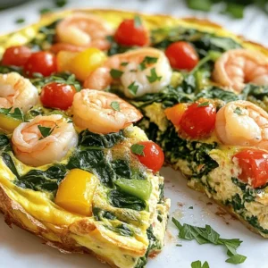 - 8 large eggs - 1 cup cooked shrimp, roughly chopped - 1 cup fresh spinach, roughly chopped - 1 medium onion, finely chopped - 1/2 cup bell pepper, diced - 1/2 cup cherry tomatoes, halved - 1/4 cup freshly grated Parmesan cheese - 2 tablespoons extra virgin olive oil - Salt and freshly ground black pepper - Fresh parsley, chopped (for garnish) To make a great shrimp frittata, you need fresh and quality ingredients. The eggs serve as the base and provide protein. The cooked shrimp adds a nice seafood flavor, making the dish hearty. Fresh spinach not only adds color but also increases the nutritional value. Onions and bell peppers bring sweetness and crunch. Cherry tomatoes give a pop of flavor and a juicy bite. Parmesan cheese adds saltiness and richness, while olive oil keeps everything moist. - For alternative proteins, use crab or smoked salmon instead of shrimp. - You can swap spinach for other veggies like zucchini or mushrooms. - If you want to change the cheese, try feta or goat cheese. These substitutions keep the dish exciting. They allow you to play with different flavors and textures. You can use what you have on hand or what’s in season. This flexibility makes cooking more fun and less stressful. Feel free to explore and make it your own. For the Full Recipe, check out the details above. - Preheat the oven to 375°F (190°C). - Chop the bell pepper, onion, and shrimp. Start by preheating your oven. This step ensures the frittata cooks evenly. Then, chop your bell pepper and onion. Aim for small pieces so they cook fast. Roughly chop the shrimp too, making sure they are bite-sized. - Heat olive oil and cook onion and bell pepper. - Add spinach and cherry tomatoes. Next, grab a large skillet and heat the olive oil over medium heat. Once it shimmers, add the chopped onion and bell pepper. Cook them for about 4-5 minutes. You want the onion to be clear and soft. Then, toss in the spinach and halved cherry tomatoes. Stir them for 2 more minutes. The spinach should wilt, and the tomatoes will soften. - Whisk eggs and combine with shrimp and cheese. - Pour egg mixture into the skillet and stovetop cook. - Transfer to the oven and bake. Now, crack the eggs into a mixing bowl. Whisk them well, adding salt and pepper to taste. Fold in your chopped shrimp and cheese. Mix until everything is combined. Carefully pour this egg mixture into the skillet over the sautéed veggies. Let it cook on the stovetop for 3-4 minutes. You’ll see the edges starting to set. Finally, transfer the skillet to your preheated oven. Bake for 10-12 minutes. The frittata should puff up and feel firm in the center. For the full recipe, check out Shrimp & Spinach Frittata Delight. To get the best frittata texture, focus on the eggs. Whisk them well to add air. This makes the frittata light and fluffy. When cooking on the stovetop, keep the heat medium. Too high a heat can burn the edges before the center sets. For even cooking in the skillet, use a non-stick pan. This helps prevent sticking and allows for easy flipping. Pour the egg mixture slowly over the veggies. This helps distribute the ingredients evenly. Cook until the edges firm up, then bake. This two-step method gives a great texture. For plating, consider a rustic wooden board. This adds a nice touch. You can also use a bright platter to make the colors pop. Serve with a side of mixed greens. Drizzle them with olive oil and lemon juice for freshness. For drinks, pair your frittata with a light white wine or even iced tea. Both complement the flavors well. To boost flavor, add fresh herbs like basil or cilantro. These can make a big difference. You can also try spices like paprika or chili flakes for a kick. For cheese, explore different types. Feta adds a salty tang, while goat cheese offers creaminess. Mixing cheeses can create a unique taste profile. You can try adding a sprinkle of cheddar for a sharp bite. For the full recipe, check out the Shrimp & Spinach Frittata Delight 🥚. {{image_4}} You can swap shrimp for other meats. Crab and lobster add a nice touch. Smoked salmon gives a rich flavor too. For a vegetarian twist, mushrooms and tofu work well. Mushrooms bring an earthy taste, while tofu adds protein. These options keep your frittata fresh and exciting. Using seasonal ingredients can boost flavor. Fresh vegetables like tomatoes and zucchini shine in their peak months. You can also use leftover veggies for a fridge-cleaning frittata. Toss in whatever you have on hand. This not only reduces waste but also creates unique flavor combos. A shrimp frittata fits any meal. For breakfast, serve it with toast or fruit. Pair it with a light salad for lunch. At dinner, it makes a great main dish. You can even add a side of roasted veggies to round it out. Enjoy it warm or at room temperature for a tasty option. To keep your frittata fresh, follow these steps: - Refrigeration guidelines: Place any leftover frittata in an airtight container. Store it in the fridge for up to three days. Ensure it cools to room temperature before sealing. - Freezing tips: If you want to keep it longer, you can freeze it. Cut the frittata into slices. Wrap each slice in plastic wrap and place them in a freezer bag. It can last up to three months in the freezer. To enjoy your frittata later, here’s how to reheat it: - Techniques for reheating: Use an oven or skillet for the best results. Preheat the oven to 350°F (180°C). Place your frittata on a baking sheet for about 10-15 minutes. If using a skillet, add a splash of water, cover it, and heat on low for 5-7 minutes. - Best practices for leftover storage: Always ensure your frittata is in a sealed container. This keeps it from drying out and preserves its taste. Enjoy your meal just as delightful as the first time! A frittata is thicker than an omelet. It cooks slowly and often includes more ingredients. You mix everything in and cook it gently. An omelet is folded and usually has fewer fillings. Frittatas are great for feeding a crowd. You can slice and serve them easily. Yes, you can make a shrimp frittata ahead of time. Just cook it, let it cool, and store it in the fridge. It keeps well for up to three days. Reheat it in the oven or microwave when you're ready to serve. This makes it a perfect dish for busy mornings. Check the center of the frittata. It should feel firm to the touch. If you insert a knife, it should come out clean. The edges will be slightly puffed and golden. Keep an eye on it to avoid overcooking. Yes, you can use frozen shrimp. Just thaw them before chopping. Make sure to pat them dry to remove excess moisture. This helps keep the frittata from becoming soggy. Frozen shrimp can be just as tasty as fresh. A shrimp frittata pairs well with a fresh salad or sautéed veggies. You can also serve it with toast or crispy potatoes. For a light meal, add some fruit on the side. Drinks like juice or iced tea complement it nicely. For the complete recipe, check out the [Shrimp & Spinach Frittata Delight 🥚](#). This blog post shared a simple, tasty shrimp frittata recipe. You learned about the necessary ingredients, how to cook it step by step, and ways to add flavor. We also explored variations and how to store leftovers. Frittatas are great for any meal of the day. You can mix it up based on what you have. I hope you feel inspired to try this dish and enjoy it with your loved ones.
