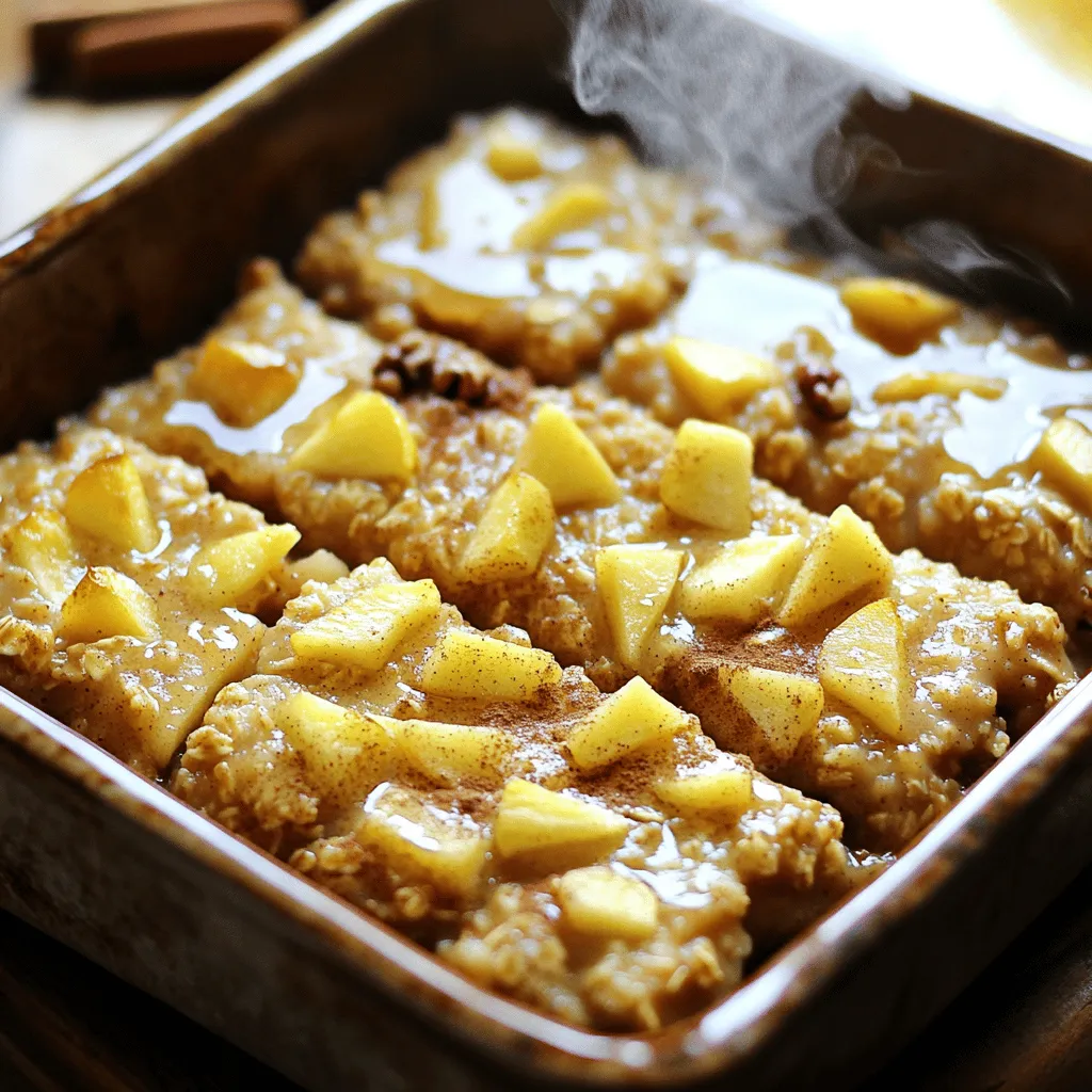 - 2 cups rolled oats - 2 cups unsweetened applesauce - 1 medium tart apple, diced - 1/4 cup chopped walnuts or pecans - 1/4 cup raisins or dried cranberries - 1 teaspoon baking powder - 1 teaspoon ground cinnamon - 1/2 teaspoon salt When making Amish-Style Apple Cinnamon Baked Oatmeal, you need simple ingredients. Start with rolled oats. They give the dish its hearty base. Next, use unsweetened applesauce. This adds natural sweetness and moisture. A medium tart apple adds a nice crunch and flavor. I usually pick Granny Smith for its tang. You can include optional ingredients for extra taste. Chopped walnuts or pecans add a delightful crunch. Raisins or dried cranberries give a touch of sweetness. Key seasonings elevate this dish. Baking powder helps the oatmeal rise. Ground cinnamon adds warmth and makes it smell amazing. Salt balances the sweetness and enhances flavors. This recipe is easy and fun. You can find the Full Recipe for all the steps to create this delicious dish. Enjoy your cooking! First, preheat your oven to 350°F (175°C). This step is key to ensuring even baking. Next, take a 9-inch square baking dish and grease it. You can use cooking spray or butter. This prevents the oatmeal from sticking. In a large bowl, combine the rolled oats, baking powder, ground cinnamon, and salt. Mix these dry ingredients well. This helps spread the baking powder and spices evenly. In another bowl, whisk together the applesauce, eggs, milk, brown sugar (or coconut sugar), and vanilla extract. Make sure this mixture is smooth and well blended. The wet ingredients add moisture and sweetness to your dish. Carefully pour the wet mixture into the dry ingredients. Stir it gently until just combined. Do not overmix, as this can change the texture. You want a fluffy oatmeal, not a dense one. Pour the oatmeal mixture into your prepared baking dish. Spread it out evenly. This helps it bake uniformly. Place the dish in the oven and bake for 30-35 minutes. Check for doneness by inserting a toothpick in the center. It should come out clean when the oatmeal is ready. To ensure your oatmeal bakes just right, avoid overmixing the batter. Mixing too much can make it dense. Just stir until you see no dry spots. Once baked, let it cool for a few minutes. This cooling time helps with slicing into neat squares. For a sweet touch, serve your baked oatmeal with maple syrup or drizzled honey. These add a lovely sweetness that pairs well with apples. You can also sprinkle ground cinnamon on top for that extra burst of flavor. This adds warmth and depth to each bite. Make your dish look inviting by serving it warm with fresh fruit or nuts on top. Slices of banana or a handful of berries add color and taste. You could also sprinkle some chopped walnuts or pecans for crunch. This simple touch will impress your family and friends. For the full recipe, check the details provided. {{image_4}} You can adjust the recipe to fit your diet. If you need a gluten-free option, use certified gluten-free oats. This way, you can enjoy the same great taste without worry. For those who prefer dairy-free, switch the milk for almond, oat, or coconut milk. These options work well and keep the dish creamy. Feel free to get creative with flavors! You can add other fruits like blueberries or pears to the mix. Each fruit gives a unique twist. You can also try different spices. Nutmeg and ginger can add warmth and a fun kick to your oatmeal. It’s all about finding what you love. If you have nut allergies, simply omit the nuts from the recipe. You can still enjoy all the flavors without them. This keeps the baked oatmeal safe for everyone while still being delicious. Enjoy this nut-free version as a great option for family gatherings or potlucks. For the full recipe, check out the complete guide above. To keep your Amish-Style Apple Cinnamon Baked Oatmeal fresh, store it in airtight containers. This helps prevent moisture and keeps the flavors intact. You can keep it in the fridge for up to five days. Make sure to let it cool completely before sealing. When you're ready to enjoy your leftovers, reheating is easy. For the microwave, place a square on a plate. Heat for about 30 seconds to 1 minute, checking to see if it’s warm. If using the oven, set it to 350°F (175°C). Place the oatmeal in a baking dish and cover it with foil. Heat for about 10-15 minutes until warmed through. For longer storage, you can freeze the baked oatmeal. Cut it into squares and wrap each piece tightly in plastic wrap. Then, place them in a freezer-safe bag or container. This way, you can enjoy it for up to three months. When you're ready to eat, let it thaw in the fridge overnight before reheating. You can use quick oats, but the texture will change. Quick oats cook faster and make the oatmeal softer. Rolled oats hold their shape better, adding a nice chewiness. For a hearty dish, stick with rolled oats. To make this recipe vegan, swap the eggs for flax eggs. Mix 1 tablespoon of ground flaxseed with 2.5 tablespoons of water, then let it sit for 5 minutes. For milk, use almond, soy, or oat milk. These swaps keep the dish tasty and plant-based. Serve it warm for the best taste. Top with maple syrup or a drizzle of honey. You can add fresh fruit like banana or berries for extra flavor. A sprinkle of nuts or seeds adds crunch and nutrition. Yes, you can prepare it the night before. Mix the ingredients and store them in the fridge. Bake it in the morning for a warm breakfast. You can also bake it ahead of time and reheat it. Just store it in an airtight container. Enjoy it all week long! For the full recipe, check here. This baked oatmeal recipe is simple and easy to follow. You have learned about the ingredients, instructions, tips, and storage options. Feel free to mix in your favorite fruits or nuts. You can also make this dish gluten-free or dairy-free, based on your needs. With the right tweaks, you can enjoy this treat any time. Take these ideas and make this recipe your own. Enjoy every bite and share it with friends and family!
