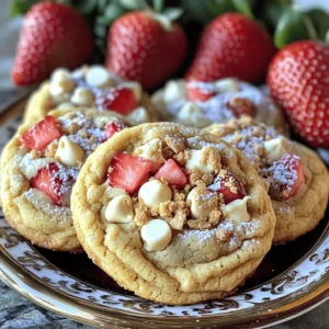 To make these amazing cookies, gather the following ingredients: - 1 cup unsalted butter, softened to room temperature - 1 cup granulated sugar - 1/2 cup packed brown sugar - 1 large egg, at room temperature - 1 teaspoon pure vanilla extract - 2 cups all-purpose flour - 1 teaspoon baking powder - 1/2 teaspoon baking soda - 1/4 teaspoon salt - 1 cup cream cheese, softened - 1 cup fresh strawberries, hulled and diced - 1/2 cup white chocolate chips (optional) - 1/2 cup crushed graham crackers (for topping) These ingredients work together to create a soft and chewy cookie that bursts with strawberry flavor. You can add some fun twists to your cookies. Here are some optional ingredients you might enjoy: - White chocolate chips for a sweet touch - Crushed graham crackers for extra crunch - Chopped nuts like pecans or walnuts for added texture - A splash of lemon juice for a zesty kick Feel free to mix and match based on your taste! Choosing the right ingredients is key for great cookies. Here are my tips: - Use fresh strawberries. Look for firm, plump berries with bright color. - Select high-quality butter. It enhances the flavor of your cookies. - Choose real vanilla extract over imitation for the best taste. - Pick full-fat cream cheese for a rich, creamy texture. When you use fresh, quality ingredients, your cookies will shine! For the full recipe, follow the steps in the earlier sections. First, gather all your ingredients. You will need butter, sugars, an egg, vanilla, flour, baking powder, baking soda, salt, cream cheese, strawberries, and optional white chocolate chips. Start by preheating your oven to 350°F (175°C). Line a baking sheet with parchment paper. In a large bowl, cream the softened butter with the granulated and brown sugars. Mix until light and fluffy, about 2-3 minutes. Then, add the egg and vanilla. Mix well until everything is combined. In another bowl, whisk the flour, baking powder, baking soda, and salt together. Gradually add this dry mix to the butter mixture. Stir gently until just combined. Avoid overmixing, as this can make the cookies tough. Next, fold in the softened cream cheese. Make sure it mixes evenly. Then, add the diced strawberries and white chocolate chips if you want. Mix until everything is well combined. Using a cookie scoop, portion out dough balls. Place them on the baking sheet, leaving about 2 inches apart. Lightly sprinkle crushed graham crackers on top. This adds a nice cheesecake touch. Now it’s time to bake! Place the baking sheet in the preheated oven. Bake the cookies for 10-12 minutes. Watch them closely. The edges should look golden, but the centers might seem a bit soft. This is perfect, as they will firm up while cooling. Once baked, remove the sheet from the oven and let the cookies cool for about 5 minutes. This will help them set before moving. After cooling on the sheet, transfer the cookies to a wire rack. Let them cool completely for the best texture. For serving, arrange the cookies on a nice plate. Dust with powdered sugar for a special touch. You can also add whole strawberries on the side. This makes a beautiful and fresh presentation. For the full recipe, check out the detailed instructions above. Enjoy your delicious strawberry cheesecake cookies! One common mistake is overmixing the dough. This can make your cookies tough. Mix just until the ingredients combine. Another mistake is not measuring flour correctly. Too much flour can lead to dry cookies. Always spoon flour into your measuring cup, then level it off with a knife. To get that creamy texture, use room temperature cream cheese. It blends better with the butter and sugars. Make sure your butter is also soft. If it’s too cold, the dough won’t mix well. For chewy cookies, don’t bake them too long. They should look slightly underbaked in the center when you pull them out. Store your cookies in an airtight container. This keeps them soft and fresh. You can add a slice of bread to help keep them moist. If you need to keep them longer, freeze them. Place baked cookies in a freezer bag, and they will last for up to three months. For the Full Recipe, check above and enjoy making your own batch! {{image_4}} You can change up the fruit in these cookies. Instead of strawberries, try blueberries, raspberries, or even peaches. Each fruit brings a unique taste. For example, blueberries add a burst of sweetness, while raspberries bring a nice tartness. Just chop the fruit into small pieces, so they mix well into the dough. This keeps the texture light and fluffy. Toppings can enhance your cookies. Instead of crushed graham crackers, consider using crushed nuts or coconut flakes. Both options add crunch and flavor. You can also drizzle melted chocolate on top for an extra sweet touch. Try adding a dollop of whipped cream or yogurt when serving. These toppings make your cookies even more special. You can easily make these cookies gluten-free. Just swap the all-purpose flour for a gluten-free blend. Many options are available today that work great in baking. For a low-sugar version, reduce the sugar in the recipe. You can also use a sugar substitute like stevia or monk fruit. These adjustments keep your cookies healthy without losing flavor. For the full recipe, check out the details above. Enjoy experimenting with these ideas to find your perfect cookie! To keep your strawberry cheesecake cookies fresh, place them in an airtight container. Make sure they are completely cool before you store them. This helps prevent sogginess. Layer parchment paper between the cookies to avoid sticking. Store them at room temperature for the best taste. You can freeze these cookies to enjoy later. First, let them cool completely. Once cool, place the cookies in a single layer on a baking sheet. Freeze them for about an hour. This keeps them from sticking together. After that, transfer the cookies to a freezer-safe bag or container. They can last up to three months in the freezer. Strawberry cheesecake cookies taste best within the first week. After that, they may lose some of their flavor. If stored properly, they can last up to ten days at room temperature. For the best experience, enjoy them fresh or within a week. If you freeze them, remember to thaw them at room temperature before eating. This ensures they regain their soft texture. For the full recipe, refer to the earlier section. Yes, you can use frozen strawberries. Thaw them first and drain excess juice. This helps keep your cookie dough from getting too wet. Frozen strawberries work well when you want that fruity flavor. Just chop them into small pieces to mix in easily. You can substitute cream cheese with Greek yogurt. Use the same amount for a creamy texture. This change keeps the cookies soft and adds a nice tang. You can also use ricotta cheese as another option. It gives a different flavor but still works well. Serve these cookies warm or at room temperature. They taste great with a glass of milk or a scoop of ice cream. For a fun touch, dust them with powdered sugar. You can also plate them with fresh strawberries for a lovely display. Check out the Full Recipe for more serving ideas! Strawberry cheesecake cookies are fun to make and share. We’ve covered key ingredients, step-by-step baking, and useful tips to avoid mistakes. Remember to explore variations that suit your taste. Proper storage keeps cookies fresh for longer. Don’t hesitate to try different fruits or toppings for unique flavors. With these insights, you can enjoy delicious cookies every time. Happy baking, and may your treats impress everyone who tastes them!