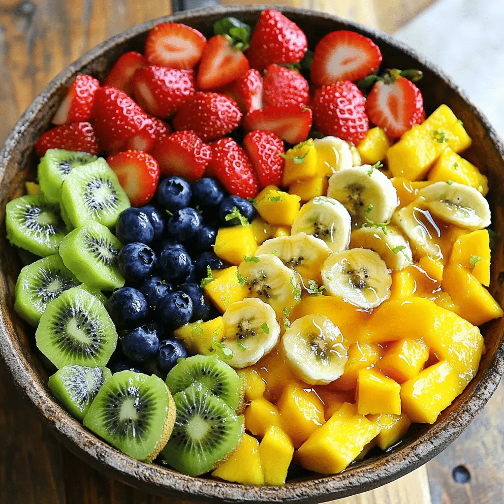 For a great fruit salad, I suggest using a mix of colorful fruits. Here are some fruits I love to add: - 1 cup ripe pineapple, diced - 1 cup fresh strawberries, sliced - 1 cup kiwi, peeled and diced - 1 cup plump blueberries - 1 cup juicy mango, diced - 1 banana, sliced When picking fruits, look for bright colors and a sweet smell. Check for firmness but avoid hard fruit. Ripe fruit will have a slight give when pressed gently. The dressing for this salad is simple and tasty. You will need: - 2 tablespoons pure honey - 2 tablespoons freshly squeezed lime juice - 1 teaspoon grated lime zest - A pinch of fine sea salt Using fresh lime juice is key. Fresh juice adds a bright flavor that bottled juice can’t match. Grating the lime zest gives a burst of citrus aroma that ties everything together. For extra crunch or flavor, you can add nuts or herbs. Consider these options: - Chopped mint leaves for freshness - Sliced almonds or walnuts for crunch When adding ingredients, think about any dietary needs. Make sure to avoid nuts if someone has allergies. This will keep everyone safe while enjoying the salad. Start by choosing fresh, ripe fruits. For this salad, I love pineapple, strawberries, kiwi, blueberries, mango, and banana. Here’s how to cut them: - Pineapple: Cut off the top and bottom. Slice the skin away, then dice the fruit. - Strawberries: Remove the green tops and slice them into thin pieces. - Kiwi: Peel the skin, then cut it into small cubes. - Blueberries: Just rinse them! They stay whole and plump. - Mango: Slice around the pit, then dice the flesh. - Banana: Slice into rounds just before mixing to prevent browning. To keep bananas from turning brown, add a little lime juice right after cutting. This helps them stay fresh and bright. For the dressing, you need three key ingredients: honey, lime juice, and lime zest. Here’s how to make it: 1. In a small bowl, whisk together 2 tablespoons of pure honey and 2 tablespoons of freshly squeezed lime juice. 2. Add 1 teaspoon of grated lime zest for extra flavor. 3. Mix until the honey blends well with the lime juice. The dressing should look smooth and shiny. Balancing flavors is important. The honey gives sweetness, while lime adds a nice tang. You want both to shine. Now it’s time to mix! Here’s how to do it: 1. In a large bowl, gently combine all the diced fruits. 2. Drizzle the honey lime dressing over the fruit. 3. Use a large spoon to toss the salad gently. Be careful! You don’t want to mash the banana. For a great presentation, serve the salad in clear bowls. You can garnish with lime zest or a sprig of mint. This adds color and makes it look fancy. Enjoy your beautiful fruit salad! For the full recipe, check out the Tropical Fruit Fiesta Salad. Serve your fruit salad right after mixing. This keeps the fruits fresh and vibrant. If you want, chill it in the fridge before serving. It tastes great cold, especially on hot days. You can also serve it at room temperature. Just let it sit for about ten minutes after mixing. Avoid over-mixing your salad. Too much mixing can mash the bananas and ruin the texture. Use a gentle hand when tossing. It’s also easy to use too much dressing. Start with a small amount and add more if needed. This way, you keep the salad light and fresh. You can make your fruit salad even better! Try adding fresh mint or a pinch of ground ginger. These add a nice kick. You can also switch the lime for lemon or orange juice. Each citrus brings a unique taste that can change the whole dish. Enjoy experimenting with flavors! For the full recipe, check out the Tropical Fruit Fiesta Salad! {{image_4}} You can change your fruit salad based on what fruits are in season. Seasonal fruits taste better and are often cheaper. In winter, use fruits like oranges, pomegranates, and apples. They add color and flavor to your salad. For a winter twist, try this mix: - 1 cup of diced oranges - 1 cup of pomegranate seeds - 1 cup of chopped apples - Drizzle with honey lime dressing for a bright taste Creating themed fruit salads can make your gatherings more fun. For holidays, you can use colors that match the theme. For example, for Halloween, use orange and black fruits like mandarin oranges and blackberries. Pair your themed salad with light snacks like cheese or crackers. Here are a few ideas: - Christmas: Red strawberries, green kiwi, and white bananas - Fourth of July: Blueberries, strawberries, and whipped cream on top You can easily adapt this fruit salad to fit different diets. To make it vegan, just use agave syrup instead of honey. For gluten-free eaters, this recipe is already safe. If you want to lower the sugar, skip the honey or use a sugar-free sweetener. You can also add more fruits that are naturally low in sugar, like berries. For a full recipe, check out the Tropical Fruit Fiesta Salad. To keep your fruit salad fresh, store it in the fridge. Use an airtight container. This helps to keep moisture in and air out. If you have leftovers, consume them within two days for the best taste. Fruit salad stays fresh for about 2-3 days in the fridge. Check for any signs of spoilage. If the fruit looks mushy or smells sour, it’s best to toss it out. Freshness is key for a great taste. Freezing fruit can change its texture. Some fruits, like bananas and strawberries, become mushy. If you plan to enjoy your salad soon, refrigerating is best. For meal prep, consider how often you will eat it. If you need to store it for longer, freeze individual fruits instead. To keep your fruit salad fresh, store it in the fridge. Use an airtight container to prevent moisture loss. Slice fruits just before mixing to avoid browning. You can also add a bit of lime juice to fruits like apples or bananas. This will slow down oxidation and help them stay fresh. Yes, you can use frozen fruits. However, thaw them first. Drain excess water to avoid a soggy salad. Frozen fruits may be softer than fresh ones. So, if you prefer a crunchier texture, stick to fresh fruits when possible. You can try a yogurt dressing for creaminess. A simple mix of olive oil and balsamic vinegar offers a tangy twist. Citrus dressings with orange or lemon juice can brighten up the flavors. Each option brings a unique taste to your fruit salad. You can prepare the fruit salad a few hours in advance. Mix the fruits and store them separately from the dressing. Combine them just before serving to keep them fresh. This way, the flavors remain bright, and the texture is perfect. For the full recipe, check out the Tropical Fruit Fiesta Salad. This guide covers everything you need for a fresh fruit salad. We explored fruit selection and mixing techniques to keep flavors bright and appealing. You learned how to make a simple honey lime dressing and how to enhance your salad with spices or herbs. Remember, variety is key. Adapt the recipe to fit seasonal fruits or dietary needs. Store your leftovers properly for the best taste. With these tips, you can create delicious, colorful salads that please everyone. Enjoy sharing your tasty creations!