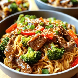 - 300g beef steak, thinly sliced - 200g rice noodles - 1 red bell pepper, sliced - 1 cup broccoli florets - Garlic, ginger, and seasonings The main ingredients for sticky beef noodles make the dish come alive. The beef steak gives it a rich flavor. Slice it thinly to help it cook fast. The rice noodles are soft and soak up the sauce well. The red bell pepper adds a sweet crunch. Broccoli florets bring color and nutrients. Don't forget the garlic and ginger; they pack a punch! - 2 tablespoons soy sauce - 1 tablespoon oyster sauce - 1 tablespoon honey - 1 tablespoon sesame oil The right sauces make this dish sticky and tasty. Soy sauce adds saltiness. Oyster sauce gives a deeper flavor. Honey adds just the right touch of sweetness. Sesame oil brings a lovely nutty aroma. Mix these together to make your sticky sauce. It’s the magic that binds everything! - Sesame seeds - 2 green onions, finely chopped - Salt and pepper to taste Garnishes make your dish look great and taste even better. Sprinkle sesame seeds for a nice crunch. Green onions add freshness and color. A pinch of salt and pepper can enhance all the flavors. They are simple but make a big difference! For the full recipe, check out the details above. Enjoy cooking and serving this delightful dish! - Cook rice noodles as per package instructions. - Drain and set aside. - Whisk together soy sauce, oyster sauce, honey, and sesame oil. - This creates a rich and sticky sauce. - Heat a pan or wok over medium-high heat. - Add a splash of cooking oil. - Stir-fry beef for 2-3 minutes until browned. - Remove beef from the pan and set it aside. - In the same pan, add more oil if needed. - Toss in minced garlic, grated ginger, red bell pepper strips, and broccoli. - Stir-fry for about 3-4 minutes. - Cook until the veggies are tender yet crisp. - Return the cooked beef to the pan. - Pour the sticky sauce over the beef and veggies. - Toss everything well to coat. - Cook for an extra 1-2 minutes to meld flavors. - Gently add the cooked rice noodles. - Toss with the beef and veggies until combined. - Remove from heat. - Garnish with chopped green onions and sesame seeds. - This adds color and crunch to your dish. You can find the full recipe for Sticky Beef Noodles in the article. Enjoy your cooking! To get tender beef, always slice against the grain. This cuts the muscle fibers and makes it softer. Another trick is to marinate the beef in soy sauce for 15 minutes before cooking. It adds flavor and helps tenderize the meat. For cooking oil, I suggest using high-smoke point oils. Canola or peanut oil works great. These oils won't burn at high heat, allowing you to stir-fry without worry. To make your dish pop, try adding five-spice powder. This spice mix gives a warm, aromatic flavor. You can also add fresh herbs, like cilantro, for a fresh twist. If you want more heat, add fresh chili or more red chili flakes. For extra sweetness, drizzle in some more honey or a splash of hoisin sauce. Adjust these to match your taste. Serve your sticky beef noodles in deep bowls. This adds height and makes the dish look appealing. Top with extra green onions and sesame seeds for color and texture. You can even add lime wedges on the side for a zesty finish. Each bite will look as good as it tastes! For the full recipe, check the complete guide above. {{image_4}} You can swap beef for other proteins. Chicken works great in this dish. Simply slice the chicken thinly and cook it like the beef. Tofu is another option. Choose firm tofu for the best texture. Press it to remove moisture before cooking. This will help it absorb flavors well. Both options make the dish lighter while still being tasty. Feel free to add more veggies to your sticky beef noodles. Carrots, snap peas, or bok choy are excellent choices. They add color and crunch to the meal. You can also use mushrooms for an earthy flavor. Just chop them up and toss them in with the other vegetables. This makes the dish more nutritious and fun to eat. If you need gluten-free options, choose gluten-free soy sauce. There are many brands that taste great. You can also use zucchini noodles instead of rice noodles for a low-carb twist. This change lowers the carbs while keeping the dish filling. Always check the labels to ensure they meet your dietary needs. These swaps make it easy to enjoy sticky beef noodles no matter your diet. To store your sticky beef noodles, let them cool first. Place the leftovers in an airtight container. This keeps them fresh and tasty. You can store them in the fridge for up to three days. When you want to eat them, just heat them in a pan over medium heat. Add a splash of water or soy sauce to revive the flavors. Stir until hot. Enjoy every bite! If you want to save sticky beef noodles for later, freezing works well. First, cool the dish completely. Then, portion it into freezer-safe containers. Make sure to leave some space at the top for expansion. You can freeze them for up to three months. When you are ready to eat, thaw them overnight in the fridge. Reheat them in a pan, adding a bit of water if needed. This keeps the noodles from drying out. Sticky beef noodles last in the fridge for about three days. After that, the flavors may fade, and the texture could change. It is best to eat them fresh for the best taste. Always check for any signs of spoilage before eating. Trust me, you want to enjoy this dish at its best! For the full recipe, check out the earlier sections. Sticky beef noodles are a savory dish with tender beef, rice noodles, and fresh veggies. The beef gets a sweet and salty flavor from soy sauce, oyster sauce, and honey. Rice noodles make this dish filling and fun to eat. The addition of ginger and garlic gives it a nice kick. It’s topped with green onions and sesame seeds for a crunchy finish. This dish is a perfect blend of taste and texture. To make sticky beef noodles less spicy, skip the red chili flakes. You can also use sweet bell peppers and avoid spicy sauces. If you like a bit of heat, try using a smaller amount of chili flakes. Another option is to add more honey to balance the heat with sweetness. Taste as you go to find your perfect heat level. Yes, you can prepare sticky beef noodles ahead of time. Cook the beef and veggies, then store them in the fridge. Keep the cooked noodles separate to prevent them from getting soggy. When you’re ready to eat, just reheat the beef and veggies, add the noodles, and toss everything together. This way, you can enjoy a quick meal anytime. Sticky beef noodles pair well with many side dishes. Try serving them with a fresh salad or steamed vegetables. You can also add spring rolls or dumplings for a fun twist. Rice or a simple stir-fried vegetable dish makes a great side too. These options create a colorful and delicious meal. Absolutely! You can swap beef for chicken, shrimp, or tofu. If you need a gluten-free option, use rice noodles and gluten-free soy sauce. For a lower-carb version, try using zucchini noodles instead. You can also add or replace veggies based on your taste or what you have at home. This recipe is flexible and can cater to many dietary needs. For the full recipe, check [Full Recipe]. Sticky Beef Noodles are a tasty, fun dish to make. We explored the key ingredients, from tender beef to rich sauces. You learned step-by-step how to cook, combine, and garnish. Tips help you enhance flavors and present your meal well. Variations give you ideas for other proteins and veggies. Plus, we discussed storage and common questions. Now it’s your turn to try this recipe. Enjoy the cooking process and make it your own!