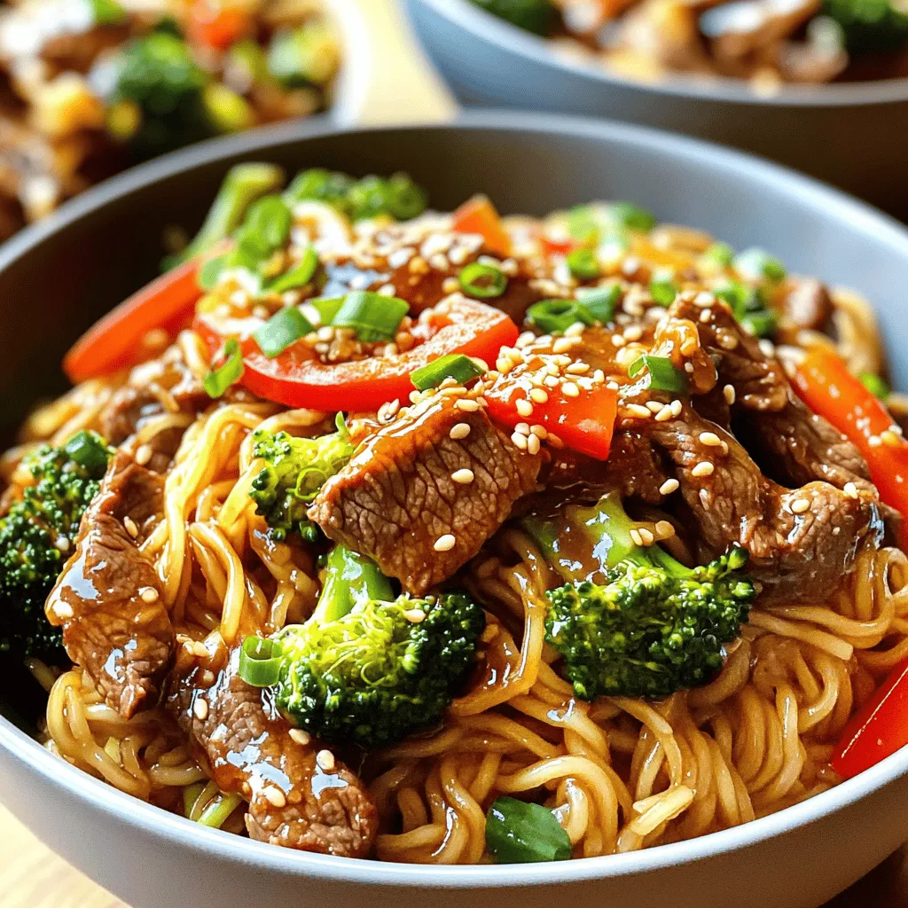 - 300g beef steak, thinly sliced - 200g rice noodles - 1 red bell pepper, sliced - 1 cup broccoli florets - Garlic, ginger, and seasonings The main ingredients for sticky beef noodles make the dish come alive. The beef steak gives it a rich flavor. Slice it thinly to help it cook fast. The rice noodles are soft and soak up the sauce well. The red bell pepper adds a sweet crunch. Broccoli florets bring color and nutrients. Don't forget the garlic and ginger; they pack a punch! - 2 tablespoons soy sauce - 1 tablespoon oyster sauce - 1 tablespoon honey - 1 tablespoon sesame oil The right sauces make this dish sticky and tasty. Soy sauce adds saltiness. Oyster sauce gives a deeper flavor. Honey adds just the right touch of sweetness. Sesame oil brings a lovely nutty aroma. Mix these together to make your sticky sauce. It’s the magic that binds everything! - Sesame seeds - 2 green onions, finely chopped - Salt and pepper to taste Garnishes make your dish look great and taste even better. Sprinkle sesame seeds for a nice crunch. Green onions add freshness and color. A pinch of salt and pepper can enhance all the flavors. They are simple but make a big difference! For the full recipe, check out the details above. Enjoy cooking and serving this delightful dish! - Cook rice noodles as per package instructions. - Drain and set aside. - Whisk together soy sauce, oyster sauce, honey, and sesame oil. - This creates a rich and sticky sauce. - Heat a pan or wok over medium-high heat. - Add a splash of cooking oil. - Stir-fry beef for 2-3 minutes until browned. - Remove beef from the pan and set it aside. - In the same pan, add more oil if needed. - Toss in minced garlic, grated ginger, red bell pepper strips, and broccoli. - Stir-fry for about 3-4 minutes. - Cook until the veggies are tender yet crisp. - Return the cooked beef to the pan. - Pour the sticky sauce over the beef and veggies. - Toss everything well to coat. - Cook for an extra 1-2 minutes to meld flavors. - Gently add the cooked rice noodles. - Toss with the beef and veggies until combined. - Remove from heat. - Garnish with chopped green onions and sesame seeds. - This adds color and crunch to your dish. You can find the full recipe for Sticky Beef Noodles in the article. Enjoy your cooking! To get tender beef, always slice against the grain. This cuts the muscle fibers and makes it softer. Another trick is to marinate the beef in soy sauce for 15 minutes before cooking. It adds flavor and helps tenderize the meat. For cooking oil, I suggest using high-smoke point oils. Canola or peanut oil works great. These oils won't burn at high heat, allowing you to stir-fry without worry. To make your dish pop, try adding five-spice powder. This spice mix gives a warm, aromatic flavor. You can also add fresh herbs, like cilantro, for a fresh twist. If you want more heat, add fresh chili or more red chili flakes. For extra sweetness, drizzle in some more honey or a splash of hoisin sauce. Adjust these to match your taste. Serve your sticky beef noodles in deep bowls. This adds height and makes the dish look appealing. Top with extra green onions and sesame seeds for color and texture. You can even add lime wedges on the side for a zesty finish. Each bite will look as good as it tastes! For the full recipe, check the complete guide above. {{image_4}} You can swap beef for other proteins. Chicken works great in this dish. Simply slice the chicken thinly and cook it like the beef. Tofu is another option. Choose firm tofu for the best texture. Press it to remove moisture before cooking. This will help it absorb flavors well. Both options make the dish lighter while still being tasty. Feel free to add more veggies to your sticky beef noodles. Carrots, snap peas, or bok choy are excellent choices. They add color and crunch to the meal. You can also use mushrooms for an earthy flavor. Just chop them up and toss them in with the other vegetables. This makes the dish more nutritious and fun to eat. If you need gluten-free options, choose gluten-free soy sauce. There are many brands that taste great. You can also use zucchini noodles instead of rice noodles for a low-carb twist. This change lowers the carbs while keeping the dish filling. Always check the labels to ensure they meet your dietary needs. These swaps make it easy to enjoy sticky beef noodles no matter your diet. To store your sticky beef noodles, let them cool first. Place the leftovers in an airtight container. This keeps them fresh and tasty. You can store them in the fridge for up to three days. When you want to eat them, just heat them in a pan over medium heat. Add a splash of water or soy sauce to revive the flavors. Stir until hot. Enjoy every bite! If you want to save sticky beef noodles for later, freezing works well. First, cool the dish completely. Then, portion it into freezer-safe containers. Make sure to leave some space at the top for expansion. You can freeze them for up to three months. When you are ready to eat, thaw them overnight in the fridge. Reheat them in a pan, adding a bit of water if needed. This keeps the noodles from drying out. Sticky beef noodles last in the fridge for about three days. After that, the flavors may fade, and the texture could change. It is best to eat them fresh for the best taste. Always check for any signs of spoilage before eating. Trust me, you want to enjoy this dish at its best! For the full recipe, check out the earlier sections. Sticky beef noodles are a savory dish with tender beef, rice noodles, and fresh veggies. The beef gets a sweet and salty flavor from soy sauce, oyster sauce, and honey. Rice noodles make this dish filling and fun to eat. The addition of ginger and garlic gives it a nice kick. It’s topped with green onions and sesame seeds for a crunchy finish. This dish is a perfect blend of taste and texture. To make sticky beef noodles less spicy, skip the red chili flakes. You can also use sweet bell peppers and avoid spicy sauces. If you like a bit of heat, try using a smaller amount of chili flakes. Another option is to add more honey to balance the heat with sweetness. Taste as you go to find your perfect heat level. Yes, you can prepare sticky beef noodles ahead of time. Cook the beef and veggies, then store them in the fridge. Keep the cooked noodles separate to prevent them from getting soggy. When you’re ready to eat, just reheat the beef and veggies, add the noodles, and toss everything together. This way, you can enjoy a quick meal anytime. Sticky beef noodles pair well with many side dishes. Try serving them with a fresh salad or steamed vegetables. You can also add spring rolls or dumplings for a fun twist. Rice or a simple stir-fried vegetable dish makes a great side too. These options create a colorful and delicious meal. Absolutely! You can swap beef for chicken, shrimp, or tofu. If you need a gluten-free option, use rice noodles and gluten-free soy sauce. For a lower-carb version, try using zucchini noodles instead. You can also add or replace veggies based on your taste or what you have at home. This recipe is flexible and can cater to many dietary needs. For the full recipe, check [Full Recipe]. Sticky Beef Noodles are a tasty, fun dish to make. We explored the key ingredients, from tender beef to rich sauces. You learned step-by-step how to cook, combine, and garnish. Tips help you enhance flavors and present your meal well. Variations give you ideas for other proteins and veggies. Plus, we discussed storage and common questions. Now it’s your turn to try this recipe. Enjoy the cooking process and make it your own!