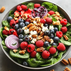 - 5 cups fresh baby spinach, thoroughly washed and dried - 1 cup mixed berries (combination of strawberries, blueberries, and raspberries) - 1/2 cup pecans, gently toasted - 1/4 cup feta cheese, crumbled - 1/4 red onion, finely sliced - 1/4 cup balsamic vinaigrette dressing I love using fresh baby spinach for its crisp texture and vibrant color. Mixed berries add sweetness and a burst of flavor. Toasted pecans bring a nice crunch and rich taste. Feta cheese gives a creamy touch, while red onion adds a bit of bite. The balsamic vinaigrette ties everything together perfectly. - Honey for sweetness - Salt and pepper If you want to add a hint of sweetness, honey works great. A dash of salt and pepper can enhance the salad's flavor even more. - Number of servings: 4 servings - Portion recommendations: Serve about 1 1/2 cups per person. This salad is perfect for sharing or as a light meal for four. Each serving is filling and packed with nutrients. If you want to make it a main dish, consider adding grilled chicken or quinoa for extra protein. For the full recipe, check out the reference above. Toasting pecans brings out a deep, rich flavor. Use a dry skillet and set it on medium heat. Add the pecans and stir often for about 5-7 minutes. You want them golden brown and fragrant. Watch them closely to prevent burning. If they start to smoke, remove them right away. Start by washing the spinach. Place it in a large bowl and fill it with cold water. Swirl the leaves to remove dirt. Lift the spinach out and let it drain in a colander. Pat it dry with a clean towel or use a salad spinner. For the berries, rinse them under cold water. Gently pat them dry too. If you use strawberries, slice them into small pieces. This makes them easier to eat and mix well. Layer your salad for the best look and taste. First, add the spinach to a large bowl. Next, sprinkle the berries over the spinach. Follow this with the toasted pecans. Add the sliced red onion and crumbled feta cheese on top. Drizzle the balsamic vinaigrette dressing over everything. If you like sweetness, you can add honey here. Finally, toss the salad gently. Use tongs or your hands to mix well, coating all the ingredients. Taste it and add salt and black pepper as needed. Enjoy this fresh and tasty dish! You can find the Full Recipe for more details. To make your Berry Spinach Salad even better, try different dressings. You can use lemon vinaigrette or honey mustard for a sweet twist. Adding protein can make it heartier. Grilled chicken or chickpeas makes a great choice. Feel free to switch out the nuts or cheese. Almonds or walnuts can work well too. Try goat cheese instead of feta for a different taste. You can also mix in seasonal fruits. Apples in fall or peaches in summer add freshness. When serving, consider a large bowl or individual plates. A big bowl is great for family meals. For a fancy touch, use small plates. Garnish each serving with whole berries or extra pecans. This adds color and looks nice. For the full recipe, check out the details in the main article. {{image_4}} You can change this salad based on the season. In summer, use fresh berries like strawberries, blueberries, and raspberries. They add sweetness and a burst of color. For winter, try adding citrus fruits like oranges or pomegranate seeds. They give a nice zing. You can also mix in roasted root vegetables, like sweet potatoes, for warmth. If you follow a vegan diet, skip the feta cheese. You can use avocado or chickpeas instead for creaminess and protein. For gluten-free options, ensure your vinaigrette is gluten-free. You can make your dressing with olive oil, vinegar, and herbs. Check labels on any toppings to avoid gluten. Feel free to add more fruits or veggies. Sliced apples or pears work great. They add a nice crunch. You can also include nuts like walnuts or almonds for extra texture. Experiment with different dressings too. Try a honey mustard or a citrus vinaigrette. Each will give a new taste to your salad. Enjoy exploring these variations to keep your meals interesting! For the full recipe, see [Full Recipe]. To store leftover salad, place it in an airtight container. This keeps it fresh and prevents wilting. Use a container that fits the salad snugly. I recommend glass or BPA-free plastic containers. These materials help preserve the taste and texture. The salad stays fresh in the refrigerator for about 2-3 days. After that, the spinach can become soggy. Watch for signs of spoilage, like brown leaves or a slimy texture. If it smells off, it’s best to toss it. You don’t need to reheat this salad. Instead, freshen up leftovers by adding a splash of balsamic vinaigrette. This revives the flavors. Always store dressings separately to prevent sogginess. This way, you can enjoy a crisp salad later. You can find the full recipe for the Berry Spinach Salad with Pecans online. To make this salad, follow these key steps: 1. Toast the pecans: Use a dry skillet over medium heat for 5-7 minutes. 2. Prepare the greens: Add washed baby spinach to a large bowl. 3. Prepare the berries: Rinse mixed berries and slice strawberries if needed. 4. Add ingredients: Sprinkle toasted pecans, red onion, and feta cheese over the spinach. 5. Dress the salad: Drizzle balsamic vinaigrette and optional honey. 6. Toss and season: Mix gently and add salt and pepper to taste. 7. Serve immediately: Enjoy fresh for the best flavor. Yes, you can use frozen berries. Thaw them first to avoid excess moisture. Pat them dry with a paper towel. This helps keep the salad from getting soggy. Frozen berries might be softer, so handle them gently. They work well, especially in winter. Balsamic vinaigrette is ideal, but you can try other options. Lemon vinaigrette adds a fresh zing. Honey mustard dressing gives a sweet and tangy flavor. A creamy dressing, like ranch, can also work if you prefer a richer taste. Yes, this salad is healthy. Spinach is rich in vitamins A and C. Berries provide antioxidants and fiber. Pecans add healthy fats and protein. Feta cheese offers calcium and flavor. Overall, this dish is balanced and nutritious. You can prep some parts in advance. Wash and dry the spinach a day earlier. Store it in the fridge in a sealed container. You can also toast the pecans ahead of time. Keep them in an airtight container. Combine everything just before serving to maintain freshness. To wrap up, the Berry Spinach Salad with Pecans is easy and tasty. You learned the main ingredients, like spinach, berries, and pecans. I shared how to toast nuts and combine everything well. With tips for flavor and storage, you can enjoy this salad at any time. Don't be afraid to make it your own with different fruits and nuts. This dish is not only healthy, but it's also a fun way to enjoy fresh ingredients. Try it, and you may find your new favorite salad!