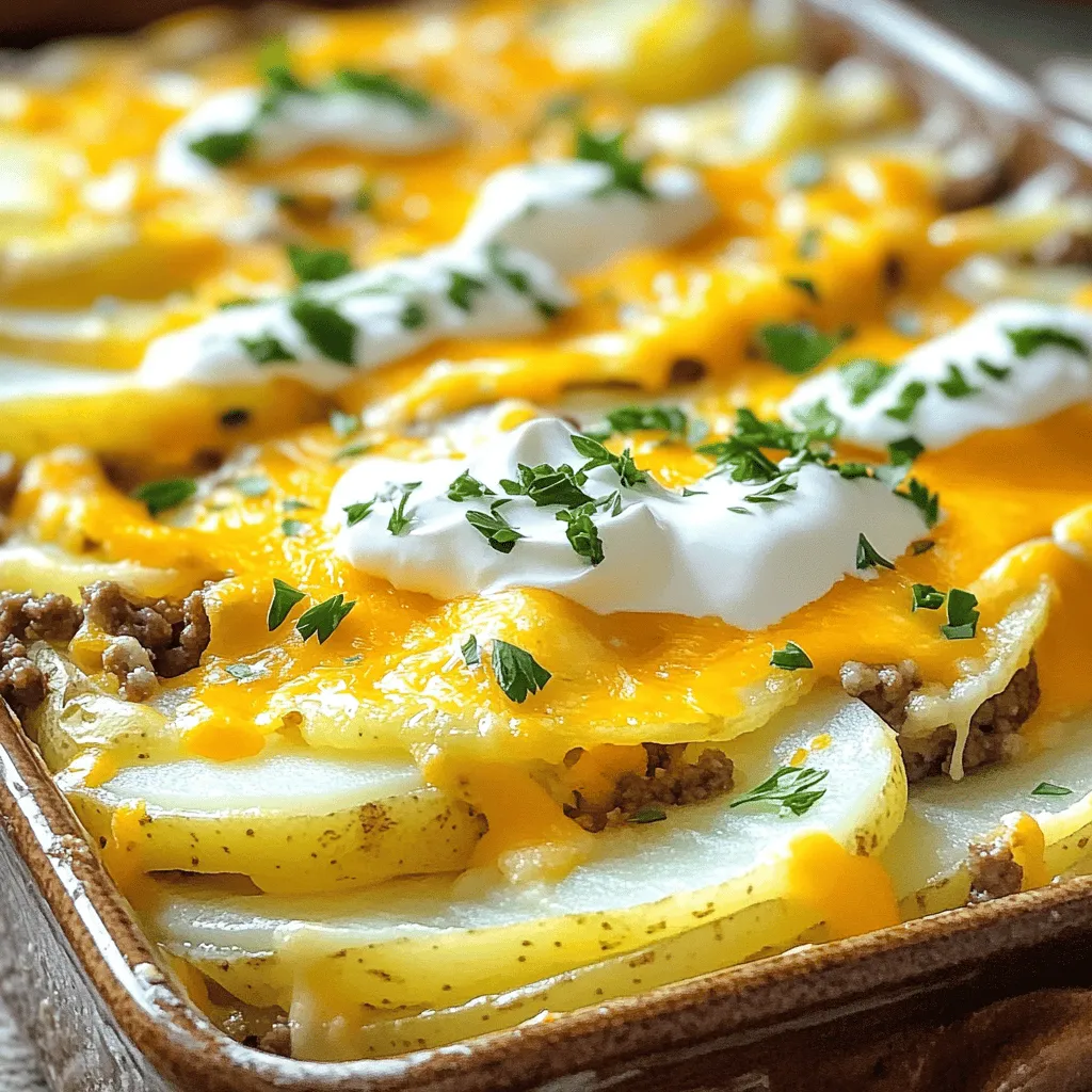 - 1 lb (450g) ground beef - 4 large russet potatoes, thinly sliced - 1 medium onion, diced - 2 cloves garlic, minced Ground beef is the star of this dish. It gives a savory taste and adds protein. I prefer using russet potatoes for their creaminess when baked. Slice them thin for better cooking. The onion and garlic bring in a sweet, aromatic flavor that makes everything better. - 1 cup (100g) shredded cheddar cheese - 1 cup (240g) sour cream Cheddar cheese adds a rich, melty layer. It creates a lovely golden crust on top. Sour cream gives a creamy tang, balancing the dish nicely. These dairy components make the bake comforting and indulgent. - 1 teaspoon smoked paprika - 1 cup (240ml) beef broth - Salt and pepper to taste Smoked paprika adds a hint of warmth and depth. It makes the dish more complex without being too spicy. Beef broth keeps everything moist and flavorful. Don't forget to season well with salt and pepper. They elevate the taste of all the ingredients. For the full recipe and detailed instructions, check out the [Full Recipe]. - Preheat your oven to 375°F (190°C). This step is key for even cooking. - Grease your baking dish. I like to use cooking spray or butter. This helps keep the dish from sticking. - In a large skillet, add the ground beef. Cook it over medium heat. Stir often until it’s brown and crumbly, about 5-7 minutes. Drain any extra fat when done. - Next, add the diced onion and minced garlic to the skillet. Sauté for about 5 minutes. The onion should look clear and the garlic should smell great. - Stir in the smoked paprika, dried oregano, and a pinch of salt and pepper. Mix well to spread the spices. Take the skillet off the heat once mixed. - In a big bowl, combine the thinly sliced potatoes and the seasoned beef mixture. Toss gently to coat the potatoes in the beef and spices. - Spread half of the potato-beef mixture in the bottom of your greased baking dish. Top it with half of the sour cream. Add half of the shredded cheese on top. - Pour half of the beef broth over this layer. This keeps it moist while cooking. - Repeat this process with the rest of the potato-beef mixture, sour cream, and cheese. Pour the last of the beef broth over the top layer. - Cover the baking dish tightly with aluminum foil. Place it in your preheated oven. Bake for 45 minutes. This lets all the flavors blend and softens the potatoes. - After 45 minutes, take off the foil. Return the dish to the oven for another 15 minutes. Bake until the top is golden brown. The potatoes should be tender when you poke them with a fork. Enjoy this hearty and simple dish! For the complete recipe, check out the Full Recipe. How to avoid a soggy bottom To keep the bottom from getting soggy, layer your ingredients carefully. Start with a thin layer of potatoes. This allows the heat to circulate well. Use a baking dish that is not too deep. It helps the moisture escape. Ensuring even cooking For even cooking, slice your potatoes thinly. Thin slices cook faster and more uniformly. Layer the beef and potatoes evenly. If you mix them well, every bite has flavor. Stir the mixture gently to keep everything combined without mashing. Serving suggestions For a rustic look, serve the dish right from the baking dish. Use a large spoon to scoop out portions. For a fancier touch, plate individual servings. This makes it feel special for guests. Garnishing ideas Garnish with fresh parsley for a pop of color. You can also sprinkle some additional cheese on top. A drizzle of sour cream adds a nice touch. These small details make your dish look and taste great. Adding extra spices Want more flavor? Try adding red pepper flakes for heat. A pinch of cumin gives a warm depth. Experiment with your favorite spices to find your perfect blend. Using fresh herbs Fresh herbs can elevate your dish. Chopped basil or thyme can add freshness. You can mix them into the beef or sprinkle them on top. This adds aroma and enhances the overall taste. {{image_4}} You can swap ground beef for ground turkey or chicken. These meats are lighter but still tasty. They lower the fat and calories in the dish. For cheese, try using mozzarella or pepper jack. Mozzarella offers a milder flavor, while pepper jack adds a spicy kick. Both melt well and will keep your bake creamy. For gluten-free needs, use gluten-free broth and ensure your cheese is safe. Many cheese brands offer gluten-free options. This makes the dish safe for those with gluten sensitivities. If you need a dairy-free option, try cashew cream instead of sour cream. Nutritional yeast adds a cheesy flavor without dairy. You can also use dairy-free cheese that melts well. You can boost your bake by adding vegetables like bell peppers or spinach. These add color and nutrients. Just chop them small and mix them in with the beef. Incorporating herbs like thyme or basil can elevate the taste. Fresh herbs bring a bright flavor. Just sprinkle them in during the cooking process to enhance the dish. For more details, check out the Full Recipe. To store your Ground Beef Potato Bake, let it cool first. Then, place it in an airtight container. You can keep it in the fridge for about 3 to 4 days. If you want to save it longer, freezing is a good option. - Refrigeration tips: Store in a shallow container to cool quickly. This helps keep the food safe. - Freezing guidelines: Wrap tightly with plastic wrap or foil. You can also use a freezer-safe container. It will keep well for up to 3 months. When you're ready to enjoy leftovers, reheating is simple. The best way to do this is in the oven. It helps keep the dish nice and warm. - Best methods for reheating: Preheat your oven to 350°F (175°C). Cover the dish with foil to prevent it from drying out. Bake for about 20-30 minutes, or until heated through. - Ensuring moisture retention: Add a splash of beef broth if it seems dry. This will help keep it moist and tasty. Knowing how long your Ground Beef Potato Bake lasts is key. It helps ensure you enjoy it at its best. - How long it lasts in the fridge: As mentioned, it’s safe for 3 to 4 days. - Signs of spoilage: Check for off smells, strange colors, or a slimy texture. If you see any of these signs, it’s best to throw it away. How can I make it spicier? You can add chili powder or cayenne pepper for heat. Start with a small amount. Taste as you go to reach your desired spice level. You can also use spicy sausage instead of ground beef for a different flavor. Can I use other types of meat? Yes, you can use ground turkey or chicken. These options are leaner but will still taste great. Just adjust your cooking time as needed. Is it possible to make this ahead of time? Absolutely! You can prepare it a day before. Just assemble the layers and cover it. Store in the fridge. Bake it when you are ready to eat. Can I use frozen potatoes? Frozen potatoes work well but thaw them first. This helps them cook evenly. If they are precooked, you can layer them directly into the dish. What cheese melts best for this recipe? Cheddar cheese is a great choice. It melts well and adds a nice flavor. You can mix in mozzarella for extra creaminess. How do I know when it's fully cooked? Check if the potatoes are tender when pierced with a fork. The top should also be golden brown. If unsure, use a food thermometer; the beef should reach 160°F (71°C). What should my baking dish size be? A 9x13 inch (23x33 cm) dish works best. This size allows enough space for even cooking. If you have a smaller dish, consider reducing the recipe. For more details on the recipe, check out the [Full Recipe]. This dish combines simple ingredients like ground beef, potatoes, and cheese. Following step-by-step instructions, you can create a delicious meal with ease. I shared tips to avoid soggy layers and offered ways to customize it. Whether you want to store leftovers or make it spicy, you now have the tools. Get creative and enjoy your cooking journey. The possibilities are endless!