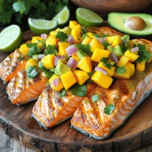 - 4 salmon fillets (approximately 6 ounces each) - 2 tablespoons extra virgin olive oil - 1 teaspoon garlic powder - 1 teaspoon smoked paprika - Sea salt and freshly ground black pepper to taste - 1 ripe large mango, diced into small cubes - 1 small red onion, finely diced - 1 jalapeño pepper, minced (seeds removed for a milder flavor) - 1/4 cup fresh cilantro, finely chopped - Juice of 1 fresh lime - 1/2 avocado, diced (optional for creaminess) When I make salmon with fresh mango salsa, I gather these ingredients first. The salmon fillets are the star of the dish. I love using skin-on fillets for the added flavor and texture. The extra virgin olive oil adds a rich taste. I sprinkle garlic powder and smoked paprika for depth. A pinch of sea salt and black pepper brings it all together. Now, let’s talk about the mango salsa. The ripe mango gives the salsa a sweet and juicy punch. I always choose a large mango. The red onion adds a nice crunch and color. If you like heat, the jalapeño is perfect. Just remember to remove the seeds for less spice. Fresh cilantro brightens the salsa, while lime juice adds a tangy kick. If you enjoy creaminess, diced avocado makes a great addition. To see how to put it all together, check out the Full Recipe. This dish is not just tasty; it’s also healthy! - Preheat the Grill or Oven: Set your grill to medium-high heat (around 375°F/190°C) or preheat the oven. - Prepare the Seasoning: Mix olive oil, garlic powder, smoked paprika, sea salt, and black pepper. - Season the Salmon: Rub the seasoning mixture onto each salmon fillet. - Prepare the Mango Salsa: In a bowl, combine diced mango, red onion, jalapeño, cilantro, and lime juice. This mix adds a sweet and zesty touch to the dish. If you want a creamier salsa, add diced avocado. Toss the ingredients gently to blend them well. - Cook the Salmon: Place the seasoned salmon fillets on the grill or a lined baking sheet. Grill them for about 5-7 minutes on each side. If you are baking, cook them for about 12-15 minutes. Check for flakiness with a fork; that means it's done! - Rest and Serve: Once cooked, take the salmon off the heat. Let it rest for a couple of minutes. This helps keep the fish juicy. Top each fillet with a generous spoonful of mango salsa. This dish is not only tasty but also colorful and appealing. You can find the Full Recipe for detailed steps and more tips. Enjoy your cooking! To cook salmon just right, timing is key. For medium salmon, aim for 5-7 minutes on each side. If you like it medium-rare, reduce that to about 4-5 minutes. For well-done salmon, cook it for 8-10 minutes per side. A fork is your best friend when checking doneness. Gently poke the salmon. If it flakes easily, it’s done! To make your mango salsa even better, try adding diced bell pepper. It adds crunch and color. A splash of orange juice can brighten the flavors too. When dicing, make sure to cut the mango and onion into small, even pieces. This helps the flavors mix well. Mix all the ingredients gently to keep everything fresh and vibrant. For a lovely presentation, serve the salmon on a bed of mixed greens. This adds a pop of color. Grilled vegetables on the side pair nicely too. For garnishing, use lime wedges and fresh cilantro. This makes the dish look appealing and adds a hint of flavor. For the full recipe, check out the details above! {{image_4}} Choosing how to cook salmon can impact health. Baking salmon is a great choice! It uses less oil than frying, which helps cut calories. Grilling is another fantastic option. It adds a nice smoky flavor and keeps the fish juicy. If you want to lower fat, you can swap the olive oil. Use a spray oil or a low-fat cooking spray. Another idea is to use a different fish. Cod or tilapia can work well in this recipe. They offer a mild taste and cook quickly. Mango is sweet and bright, but you can try other fruits! Pineapple adds a tangy twist, while peaches bring a soft sweetness. Both pair well with salmon. To make your salsa unique, add spices or herbs. Mint offers a fresh taste, and basil can add a lovely aroma. Try a pinch of chili powder for some heat, too. You can mix and match to find your favorite flavor! This dish can fit many diets. For gluten-free meals, ensure your seasoning is free from gluten. Most spices are safe, but double-check labels. If you need a dairy-free option, this recipe is already great! Just skip any creamy additions like avocado if you prefer. For vegan variations, swap the salmon for plant-based proteins. Grilled tempeh or chickpeas can work well. You can also try marinated tofu. The salsa will still shine on these options! To store leftover salmon, place it in an airtight container. This helps keep the fish fresh. Make sure to cool it down before sealing. You can store cooked salmon in the fridge for up to three days. If you want to keep it longer, freeze it. Frozen salmon will stay good for about two months. For mango salsa, use a glass or plastic airtight container. This prevents air from getting in and keeps the salsa fresh. In the fridge, mango salsa lasts for about two to three days. If you notice any change in color or smell, it’s best to toss it out. When reheating leftover salmon, use the oven or stove. Avoid the microwave, as it can dry out the fish. Heat your oven to 275°F (135°C). Place the salmon on a baking sheet and cover it with foil. Warm it for about 15 minutes until heated through. For mango salsa, give it a good stir before serving. This helps to refresh the flavors. If it seems dry, add a splash of lime juice. Enjoy it with the warm salmon for a tasty meal! For the full recipe, check out the Salmon Delight with Tropical Mango Salsa! What goes well with salmon and mango salsa? Salmon with mango salsa pairs well with rice, quinoa, or a fresh salad. You can also serve it with grilled vegetables or tortilla chips for a crunchy contrast. A glass of chilled white wine or sparkling water enhances the meal nicely. Can I make mango salsa ahead of time? Yes, you can prepare mango salsa a few hours early. Just mix the ingredients and store them in the fridge. This allows the flavors to blend. However, add the avocado right before serving to keep it fresh and green. Is it better to grill or bake salmon? Grilling gives salmon a nice smoky flavor and crispy skin. Baking is easier and requires less attention. Both methods work well, so choose based on your preference and kitchen setup. How do I know when salmon is fully cooked? Salmon is cooked when it flakes easily with a fork. You can also check the color; it should be opaque and lose its translucent look. If you have a food thermometer, aim for an internal temperature of 145°F (63°C). What other fruits can I use in the salsa? You can use pineapple, peach, or kiwi for a fun twist. Each fruit brings its own sweetness and flavor. Experiment to find your favorite combination! Can I use frozen salmon for this recipe? Yes, frozen salmon works well too. Just thaw it in the fridge overnight before cooking. It may take a bit longer to cook, so check for doneness as you go. For more delicious ideas, check the Full Recipe for Salmon Delight with Tropical Mango Salsa. This blog post explored how to make salmon with fresh mango salsa. We discussed essential ingredients, clear steps, and helpful tips. You learned to prepare and cook salmon perfectly and create vibrant mango salsa. Remember to store leftovers properly for the best taste. Try variations based on your diet or preferences. Enjoy the bright flavors of this dish, and impress your friends and family with your cooking skills!
