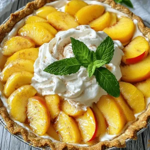 - Fresh peaches: 4 ripe peaches, peeled and thinly sliced - Cream filling: 1 cup heavy cream, ½ cup mascarpone cheese, ¼ cup powdered sugar, and 1 teaspoon pure vanilla extract - Other necessary ingredients: 1 pre-made 9-inch pie crust, 2 tablespoons unsalted butter (melted), 2 tablespoons cornstarch, 1 teaspoon ground cinnamon, and a pinch of sea salt For this Peaches and Cream Pie, I always use ripe peaches. They give the pie its sweet and juicy flavor. You want to peel and slice them thinly for even cooking. Next, the cream filling makes the pie rich and smooth. I combine heavy cream with mascarpone cheese for a luxurious texture. A little powdered sugar and vanilla add sweetness and depth. You'll also need a pre-made pie crust. Using one saves time and lets you focus on the filling. The butter, cornstarch, cinnamon, and salt help enhance the peach flavor. Each ingredient plays a crucial role in making this dessert special. For a pop of freshness, I often garnish with mint leaves before serving. This Peaches and Cream Pie is simple yet offers a delightful taste that everyone loves. For more details, check the Full Recipe. Preheating the oven is key for a great pie. Set your oven to 375°F (190°C). This helps the crust bake evenly. You can use a pre-made pie crust to save time. Look for options in the freezer section. These crusts are easy to work with and taste good too. For the filling, take 4 ripe peaches. Peel and slice them thinly. In a bowl, mix the peaches with melted butter, cornstarch, ground cinnamon, and a pinch of salt. Toss gently to coat each slice. This blend gives the peaches flavor. Next, spread the peach mixture evenly in the pie crust. Make sure every slice is visible for a tasty bite. Bake the pie for 25 to 30 minutes. Keep an eye on it. Once the peaches bubble and the crust is golden, it’s done. Remove the pie from the oven and let it cool completely on a wire rack. This step is vital. Cooling allows the flavors to deepen and the filling to set. While the pie cools, whip up the cream filling. In a bowl, whisk together heavy cream, mascarpone cheese, powdered sugar, and vanilla extract. Beat until soft peaks form. This means the cream should hold its shape but still be fluffy. This texture makes the pie feel light and creamy. Once the pie is cool, spread the whipped cream filling over the baked peaches. Be generous! For the best taste, chill the pie in the fridge for at least one hour. This allows the flavors to mix well. Before serving, you can add fresh mint leaves for a bright touch. Enjoy your beautiful Peaches and Cream Pie! For the full recipe, refer to the instructions above. Choose the right peaches for the best flavor. Look for peaches with a vibrant color and a slight give when you press them gently. A ripe peach should smell sweet and fragrant. This aroma shows that it is ready to eat. Avoid peaches that are hard or have dark spots. When you pick your peaches, check for ripeness indicators. The skin should be smooth and free of blemishes. If the peach feels too firm, it may not be ripe enough. You can leave hard peaches at room temperature for a couple of days. They will soften and sweeten. To achieve a flaky crust, keep your ingredients cold. Use cold butter and ice water when mixing your dough. This helps create layers in the crust as it bakes. Roll the dough out gently and avoid overworking it. Common pitfalls include using warm ingredients or rolling the dough too thin. If your crust shrinks, it can affect the pie’s look and taste. Make sure to chill the crust for about 30 minutes before baking. This helps it hold its shape. Garnishing with mint leaves adds a fresh touch. Place a few sprigs on top of the pie right before serving. It not only looks pretty but also adds a nice aroma. For a beautiful dessert table, serve slices on colorful plates. Pair the pie with whipped cream or vanilla ice cream. This will make your dessert even more appealing. You can also sprinkle a bit of cinnamon on top for added flavor and style. Enjoy your stunning Peaches and Cream Pie! {{image_4}} You can switch peaches for other fruits in this pie. Ripe nectarines, plums, or apricots work well. Each fruit adds its own flavor twist. Adjust the baking time if you use firmer fruits like apples or pears. They may need a few extra minutes to soften. If you need a gluten-free pie, choose a gluten-free crust. Many stores sell pre-made options. You can also make your own crust with almond flour or oat flour. Use the same ingredients but swap regular flour for a gluten-free mix. Check that all other ingredients are gluten-free. To make your pie stand out, add spices or extracts. A dash of nutmeg or almond extract adds depth to the cream filling. You might also try mixing in crushed nuts or a crumb topping for extra texture. Walnuts or pecans can add a nice crunch when sprinkled on top. To keep your Peaches and Cream Pie fresh, store it in the fridge. Place it in an airtight container or cover it tightly with plastic wrap. This helps prevent the pie from drying out. The pie stays fresh for about 3 to 4 days. - Wrap the pie: Use plastic wrap to keep it safe. - Use a container: An airtight container is best for storage. If you want to save your pie for later, freezing works well. First, let the pie cool completely. Then, wrap it tightly in plastic wrap and foil. This prevents freezer burn. You can freeze it for up to 2 months. - Wrap well: Use both plastic wrap and foil for best results. - Label and date: Always mark your pie with the date so you know when to use it. When you’re ready to enjoy it, thaw the pie in the fridge overnight. This helps keep the texture nice and creamy. Avoid thawing at room temperature, as it can make the crust soggy. To make Peaches and Cream Pie from scratch, start with fresh ingredients. First, peel and slice four ripe peaches. In a bowl, mix the peaches with melted butter, cornstarch, cinnamon, and a pinch of salt. Spread this mixture in a pre-made pie crust. Bake it at 375°F for 25-30 minutes. While it bakes, whip heavy cream, mascarpone cheese, powdered sugar, and vanilla together. Once the pie cools, spread the cream on top. Chill for one hour and enjoy this delicious dessert. You can find the full recipe in the article above. Yes, you can substitute heavy cream. Try using half-and-half for a lighter option. Coconut cream also works well for a dairy-free choice. If you prefer a lower-fat option, use Greek yogurt. Each substitute gives a unique flavor to the cream filling. Adjust your sugar based on the sweetness of the substitute used. When selecting peaches, look for a few signs. Ripe peaches feel slightly soft when gently squeezed. Their skin should have a vibrant color, not dull. A sweet aroma is a good indicator of ripeness. Avoid peaches with green patches, as they are not ripe. If you find firm peaches, let them sit at room temperature for a few days. Peaches and Cream Pie pairs well with several drinks and sides. Serve it with a scoop of vanilla ice cream for extra creaminess. A dollop of whipped cream adds a lovely touch. Pair it with sweet tea or lemonade for a refreshing drink. For a savory side, consider a light salad with citrus dressing. This balance enhances the pie's sweetness and makes the meal more enjoyable. You can create a delicious peaches and cream pie with fresh ingredients and careful steps. We discussed choosing the right peaches, making a flaky crust, and preparing a creamy filling. Remember to chill your pie for the best taste. Feel free to experiment with different fruits or flavors to suit your taste. Store any leftovers properly to keep them fresh. With these tips, you can impress anyone with your baking skills. Enjoy your tasty creation!