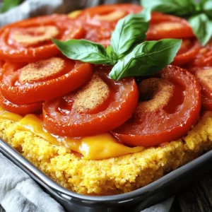 - 4 cups ripe tomatoes, chopped - 1 tablespoon olive oil - 1 cup cornmeal - 1 cup all-purpose flour - 1 cup shredded sharp cheddar cheese - 1 teaspoon granulated sugar - 1 teaspoon sea salt - 1/2 teaspoon freshly ground black pepper - 1 teaspoon dried oregano - 1/2 teaspoon garlic powder - 1/4 cup unsalted butter, melted - 1 cup buttermilk or whole milk - Fresh basil leaves, for garnish The main ingredients for this dish are simple yet delicious. You need ripe tomatoes, which bring a bright and juicy flavor. The olive oil adds richness and helps cook the tomatoes. Cornmeal gives the cobbler its hearty texture, while all-purpose flour balances it out. Sharp cheddar cheese melts beautifully and adds depth to every bite. For the seasonings, sugar helps to enhance the sweetness of the tomatoes. Sea salt and black pepper bring out the flavors. Dried oregano and garlic powder add an aromatic touch that makes the dish sing. The melted butter provides moisture, while buttermilk or whole milk gives the batter a creamy consistency. Finally, fresh basil leaves are perfect for garnish. They add a pop of color and a fresh taste. For the full recipe, check out the details and see how you can make this savory delight! First, heat one tablespoon of olive oil in a large skillet over medium heat. Once the oil is hot, add in four cups of chopped ripe tomatoes. Stir them around for about five to seven minutes. Add one teaspoon of sugar, one teaspoon of sea salt, half a teaspoon of black pepper, one teaspoon of dried oregano, and half a teaspoon of garlic powder. These seasonings really boost the flavor. Cook until the tomatoes soften and release their juices, then take the skillet off the heat. In a mixing bowl, combine one cup of cornmeal, one cup of all-purpose flour, one tablespoon of baking powder, and half a teaspoon of baking soda. Whisk these dry ingredients together until they are well mixed. Next, fold in one cup of shredded sharp cheddar cheese. This adds a nice cheesy flavor to the batter. In another bowl, whisk together one cup of buttermilk or whole milk and a quarter cup of melted unsalted butter. This mix will add moisture. Gradually pour the wet mixture into the dry ingredients and stir carefully. Be sure not to overmix. This helps keep the cobbler light and fluffy. Grease a baking dish that is about 9x13 inches. Pour the cooked tomato mixture into the bottom of the dish, spreading it out evenly. Now, using a spoon, dollop the cornbread batter over the tomatoes. Spread it gently to cover the tomatoes as much as possible. Preheat your oven to 400°F (200°C). Place the baking dish in the oven and bake for 25 to 30 minutes. To check for doneness, insert a toothpick into the center. If it comes out clean, your cobbler is ready. Once done, let it cool for about ten minutes before serving. This will help the layers firm up nicely. You can find the Full Recipe to explore more details. To achieve the perfect sauté, start with ripe tomatoes. Cut them into bite-sized pieces. Heat the olive oil in a large skillet over medium heat. Add the tomatoes once the oil shimmers. Sauté for about 5-7 minutes. Stir gently to avoid breaking the tomatoes too much. This will help them soften and release their juices. After sautéing, let the mixture cool. Cooling helps the flavors blend and prevents the batter from cooking prematurely. To ensure a fluffy cobbler, avoid overmixing the batter. Overmixing can make it dense. Mix just until the dry and wet ingredients combine. It’s okay if there are a few lumps. Also, use ingredients at room temperature. Cold ingredients can lead to a tougher texture. When you add melted butter and milk, the warmth helps the batter rise better. This cobbler pairs well with a fresh green salad. The bright greens balance the rich flavors. Serve the cobbler warm for the best taste. It’s great on its own, but a dollop of sour cream adds a nice touch. Enjoy it with a light vinaigrette salad for a complete meal. You can find the full recipe to try this delightful dish! {{image_4}} You can change the cheese in this recipe. Try mozzarella for a milder taste. Feta brings a nice tang. You can also mix in any cheese you love. For veggies, try zucchini, bell peppers, or even corn. Fresh herbs like thyme or rosemary add great flavor too. To make a gluten-free version, swap the all-purpose flour with a gluten-free blend. Look for blends that contain brown rice flour or almond flour. These will keep the texture light and fluffy. You can also use corn flour for a more cornmeal-rich taste. If you love heat, add sliced jalapeños to the tomato mix. You can also drizzle some hot sauce on top before serving. For extra flavor, mix in spices like cayenne pepper or smoked paprika. These will give your cobbler a nice kick! To keep your cobbler fresh, store it in an airtight container. Place it in the fridge right after it cools. It will stay good for about three days. If you want to keep it longer, freeze it. To freeze the cobbler, cut it into portions. Wrap each piece tightly in plastic wrap and place it in a freezer bag. You can freeze it for up to three months. To reheat, let it thaw in the fridge overnight. Then, bake it in the oven at 350°F (175°C) until warmed through for best results. You can get creative with leftovers! Try making a breakfast casserole by adding eggs and cheese. You can also use the cobbler as a savory base for a salad. Just crumble it up and mix it with greens and your favorite dressing. A Cornmeal Cheddar Tomato Cobbler is a savory dish. It combines fresh tomatoes, cornmeal, and cheddar cheese. The dish features a soft, cornbread-like topping. You layer the topping over cooked tomatoes. This creates a warm, hearty meal. The flavors blend well together. The cheese adds a rich taste, while tomatoes provide brightness. Each bite offers a mix of textures. You can serve it as a side or a main dish. Yes, you can prepare the cobbler ahead of time. Cook the tomato mixture and store it in the fridge. Make the cornbread batter separately. You can refrigerate the batter too. When you are ready, combine them and bake. This method saves time on busy days. The cobbler stays fresh for about three days in the fridge. If your cobbler turns out too dry, add more moisture. You can drizzle extra buttermilk or milk over the top. Another option is to mix in a bit of olive oil. This helps keep the dish moist. Always check the baking time and oven temperature. Overbaking can lead to dryness. Yes, this dish is naturally vegetarian. All the main ingredients are plant-based. If you want a vegan version, swap the cheese with a plant-based option. You can also use non-dairy milk instead of buttermilk. This way, you keep the flavors without any animal products. Enjoy the same savory taste while meeting dietary needs. Cornmeal cheddar tomato cobbler is a tasty, easy dish to make. You need ripe tomatoes, cornmeal, cheddar cheese, and a few seasonings. Sauté the tomatoes, mix the batter, and bake for a warm treat. Try the tips for perfecting your dish and explore different variations. Remember to store leftovers properly so you can enjoy them later. This dish is versatile and can fit your tastes or diet needs. It's a great choice for gatherings or family meals. Enjoy sharing this simple yet delicious recipe!