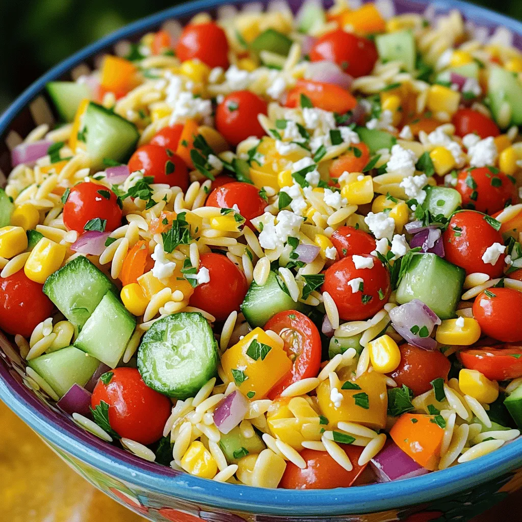 - 1 cup orzo pasta - 1 cup cherry tomatoes, halved - 1 cup cucumber, diced - 1 bell pepper (any color), diced - 1 cup corn kernels (fresh or frozen) - 1/2 cup red onion, finely chopped - 1/4 cup Kalamata olives, sliced (optional) - 1/4 cup feta cheese, crumbled - 1/4 cup fresh parsley, chopped For this rainbow orzo salad, I love using fresh, bright ingredients. Each one adds color and flavor. Orzo pasta is the base. It cooks quickly and has a nice bite. I often use cherry tomatoes for sweetness. They burst with flavor in every bite. Cucumbers add a crisp texture, while bell peppers bring crunch and color. Sweet corn adds a lovely pop, whether fresh or frozen. Red onion gives a hint of sharpness. If you like, add Kalamata olives for a briny touch. Feta cheese adds creaminess and a salty bite, while parsley finishes with freshness. - 1/4 cup extra virgin olive oil - 2 tablespoons fresh lemon juice - 1 teaspoon honey - Salt and freshly cracked black pepper to taste The dressing is key to this salad. I use extra virgin olive oil for its rich flavor. Fresh lemon juice brightens every bite. Honey adds a hint of sweetness, balancing the acidity. A sprinkle of salt and fresh black pepper enhances all the flavors. This dressing brings the salad together and makes it shine. For the full recipe, check out the complete guide above. First, fill a pot with water and add a pinch of salt. Bring the water to a boil over medium-high heat. Stir in the orzo pasta and cook it until it's al dente. Check the package for timing, as it can vary. Once done, drain the orzo and rinse it under cold water. This stops the cooking process and cools it down quickly. In a large bowl, mix the cooled orzo with the chopped vegetables. Add the halved cherry tomatoes, diced cucumber, diced bell pepper, corn kernels, and finely chopped red onion. If you like olives, toss in the sliced Kalamata olives too. Use a spatula to gently combine everything, ensuring the veggies and orzo are well mixed. Grab a smaller bowl and whisk together the dressing ingredients. Combine the extra virgin olive oil, fresh lemon juice, honey, salt, and pepper. Keep whisking until the mixture is smooth and well mixed. This dressing will bring all the flavors together. Now, drizzle the dressing over the orzo mixture. Use your spatula to toss everything gently. Ensure all the ingredients are coated well without breaking the orzo. This step adds a burst of flavor to every bite. Carefully fold in the crumbled feta cheese and chopped parsley. This adds a creamy texture and a fresh taste. Then, taste the salad. Adjust the seasoning by adding more salt or pepper if needed. For the best flavor, let the salad rest at room temperature for at least 15 minutes. This time allows the flavors to mingle beautifully. For the full recipe, check the recipe section above. To make the orzo just right, rinse it after cooking. Rinsing stops the cooking. It also keeps the orzo from sticking together. This step is key for a fluffy salad. Serve your Rainbow Orzo Salad fresh for the best taste. Let it rest for at least 15 minutes. This time lets the flavors blend well. For a beautiful presentation, use a large, colorful bowl. You can also layer the salad in mason jars. This makes it fun and easy for picnics or lunch. Taste your salad before serving. If it needs more flavor, adjust the seasonings. Add salt or pepper to suit your palate. Remember, you can always add more, but you can’t take it out! {{image_4}} You can easily change up the veggies in your Rainbow Orzo Salad. Try adding fresh spinach for a peppery bite. Zucchini also works great and adds a nice crunch. If you want it dairy-free or vegan, skip the feta cheese. You can replace it with avocado for creaminess or use tofu for protein. These swaps keep the salad light and fun. While the original dressing is yummy, you can experiment with different flavors. Balsamic vinaigrette adds a sweet tang, perfect for summer days. If you love herbs, a fresh pesto dressing can brighten the salad. These options let you tailor the taste to match your mood or meal. Want to make your salad heartier? Add grilled chicken for a protein kick. Chickpeas are a great plant-based choice, adding fiber and texture. For seafood lovers, shrimp makes a tasty addition. These proteins not only boost nutrition but also make the salad more filling and satisfying. To keep your Rainbow Orzo Salad fresh, store it in an airtight container. Place it in the fridge right after serving. This salad tastes best within three days. If you notice any wilting or off smells, it's time to toss it. You can freeze this salad, but it may change texture. To maintain freshness, freeze only the orzo and veggies separately. Store them in freezer-safe bags. When ready to eat, thaw them in the fridge overnight. Reheat as needed before serving. To refresh the salad after refrigeration, add a splash of olive oil and lemon juice. Stir gently to combine. This will help revive the flavors and make the salad taste fresh again. If it looks dry, you can also add a bit of water or additional dressing to enhance moisture. For the full recipe, check the earlier sections! Rainbow Orzo Salad stays fresh for about 3 to 5 days in the fridge. To keep it fresh, store it in an airtight container. Look for signs like wilted veggies or a sour smell. If you spot these, it’s time to toss it. Yes, you can use whole grain orzo. Whole grain orzo adds more fiber and nutrients. It has a nuttier taste than white orzo. This makes your Rainbow Orzo Salad even healthier. Absolutely! Rainbow Orzo Salad is great for meal prep. You can make it ahead and store it in portions. Keep the dressing separate until you are ready to eat. This will help keep the salad crisp and fresh. You can serve this salad with grilled chicken, shrimp, or chickpeas. It also pairs well with roasted veggies or a piece of fish. For a complete meal, add a slice of crusty bread or a light soup. You can find the full recipe to get started on this delicious side dish! This Rainbow Orzo Salad is colorful, fresh, and easy to make. We explored the main ingredients and how to mix them just right. We showed how to make a tasty dressing that adds punch to the salad. Remember to let it sit for a while to enhance flavors. Try adding different veggies or proteins for a fun twist. Use these tips to enjoy a vibrant meal any time. Enjoy this salad fresh and share it with friends!