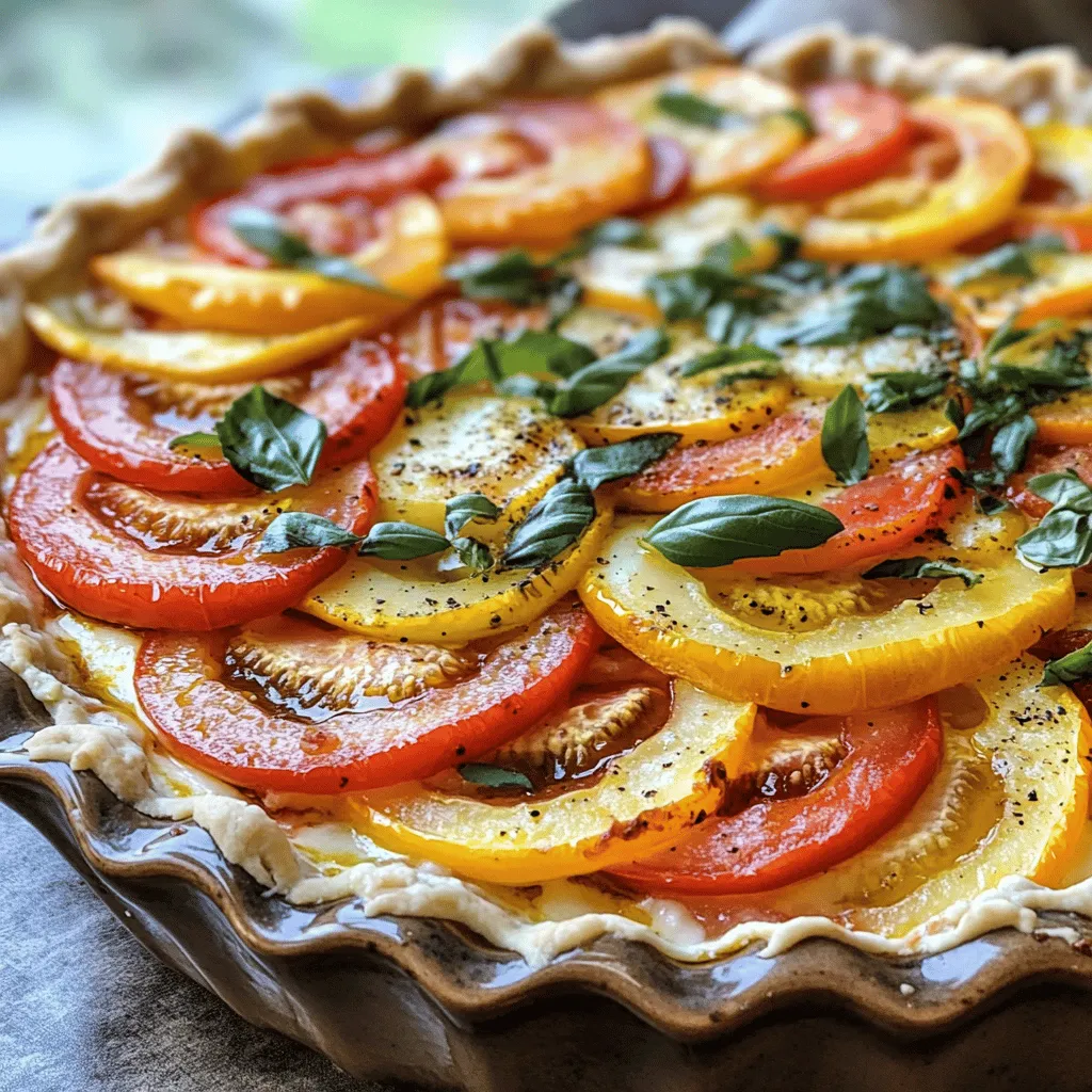 - 4 large heirloom tomatoes, beautifully sliced - 1 cup shredded mozzarella cheese (divided) - 1 cup creamy ricotta cheese - 1/2 cup fresh grated Parmesan cheese - 1/2 cup fresh basil leaves, chopped - 1 teaspoon dried oregano for extra flavor - 1/2 teaspoon garlic powder to enhance the taste - Salt and pepper, to taste - 1 pre-made pie crust (store-bought or homemade for a personal touch) - 1 tablespoon extra-virgin olive oil If you want to change the flavors, you can try different cheeses. Goat cheese or feta can add a nice twist. If you need a gluten-free option, look for gluten-free pie crusts in stores. You can also make your own. Fresh herbs give the best flavor, but dried herbs work too in a pinch. Choosing heirloom tomatoes is key. Look for firm tomatoes with rich color. The taste of fresh ingredients makes a big difference. Always pick ripe tomatoes and fresh herbs. These add more taste and joy to your dish. - Preheat your oven to 375°F (190°C). This ensures even cooking. - In a bowl, mix the ricotta, half of the mozzarella, Parmesan, basil, oregano, garlic powder, salt, and pepper. Blend until smooth. - Place the pie crust in a 9-inch dish, pressing it firmly against the bottom. - Arrange half of the tomato slices on the crust. Season them lightly with salt and pepper. - Spread the cheese mixture over the tomatoes, covering them completely. - Add the remaining tomato slices on top of the cheese mixture. Drizzle with olive oil for extra flavor. - Bake the casserole for 35 to 40 minutes. Look for bubbling cheese and a golden top. - Let it cool for about 10 minutes before slicing. This helps it set nicely. Feel free to check the Full Recipe for more detailed instructions! To cook your casserole evenly, use even slices of tomatoes. This helps the heat spread well. Layer your tomatoes from the bottom up, ensuring they fit snugly. To avoid a soggy crust, bake the crust for a few minutes before adding the filling. This step helps the crust stay crisp. Add fresh herbs like basil and thyme for a burst of taste. Mixing in some garlic powder also makes a big difference. You can use fresh oregano for a brighter flavor. For a richer taste, consider using aged cheeses or adding a splash of balsamic vinegar. When serving, cut the casserole into large pieces for a good presentation. Garnish with extra basil leaves for color and aroma. This dish pairs well with a light salad or crusty bread to soak up the juices. Want more tips? Check the Full Recipe for additional serving ideas! {{image_4}} You can change up the heirloom tomatoes for different types. Try using green or purple heirlooms. Each variety has its own taste and charm. You can also mix in seasonal veggies. Zucchini, bell peppers, or even corn add a nice crunch. Fresh ingredients not only boost flavor but also give you colorful layers. If you need a vegan option, swap the cheeses for plant-based ones. Cashew cheese or tofu works well in this dish. For a dairy-free choice, try coconut yogurt in place of ricotta. If you're watching carbs, use a cauliflower crust instead of a pie crust. This keeps the dish light and healthy. Adding meats can take this casserole to the next level. Cooked sausage or diced chicken blends nicely with the flavors. For a twist, use spices from different cuisines. Add cumin for a Mexican flair, or curry powder for an Indian touch. Feel free to mix and match until you find your favorite flavor! To keep your heirloom tomato pie casserole fresh, cool it down first. Once it's at room temperature, wrap it tightly in plastic wrap or place it in an airtight container. This method helps to keep moisture in and prevents the casserole from drying out. For the best results, store it in a glass or plastic container with a secure lid. These containers keep the casserole fresh longer and help avoid any fridge odors. If you have leftovers, you can freeze them for later. Cut the casserole into portions and use freezer-safe containers. Ensure to leave some space for expansion. Wrap each piece tightly with plastic wrap, followed by aluminum foil for extra protection. Label them with the date. To reheat, simply thaw the casserole overnight in the fridge. Then, bake it at 350°F (175°C) until heated through, about 25-30 minutes. In the fridge, your heirloom tomato pie casserole will last about 3 to 5 days. When frozen, it can stay good for up to 3 months. Always check for any off smells or changes in texture before enjoying your leftovers. Storing it properly helps maintain its delightful taste and quality. Can I make this casserole ahead of time? Yes, you can prepare this casserole the day before. Assemble it, cover it, and store it in the fridge. Bake it the next day when you're ready to serve. This saves time and allows the flavors to blend. What can I use if I don’t like ricotta cheese? If you don’t like ricotta cheese, you can use cottage cheese or cream cheese instead. Both options provide a creamy texture. You can even try goat cheese for a tangy flavor. How do I know when it's fully cooked? The casserole is ready when the cheese bubbles and turns golden brown. A knife inserted in the middle should come out hot. The tomatoes should be soft and juicy. What to do if the crust is burning? If the crust starts to burn, cover it with aluminum foil. This will protect it from direct heat. Make sure to check it often to avoid overbaking. How to fix too much moisture? If your casserole has too much moisture, try draining the tomatoes before adding them. You can also bake it a bit longer to help evaporate excess liquid. Caloric content per serving Each serving of this casserole has around 250 calories. This makes it a hearty yet satisfying dish. Health benefits of heirloom tomatoes Heirloom tomatoes are rich in vitamins and antioxidants. They support heart health and boost your immune system. Plus, their bright colors add nutrients to your meal! You learned how to create a delicious heirloom tomato pie casserole. We covered essential ingredients and their substitutes, plus tips for quality. The step-by-step instructions guide you through preparation and baking. We shared tricks for enhancing flavor and offered variations to suit diets. Proper storage and answers to common questions help you keep your casserole fresh. Enjoy your cooking adventure and explore different flavors. A well-made casserole can brighten any meal. Dive in, have fun, and savor each bite!