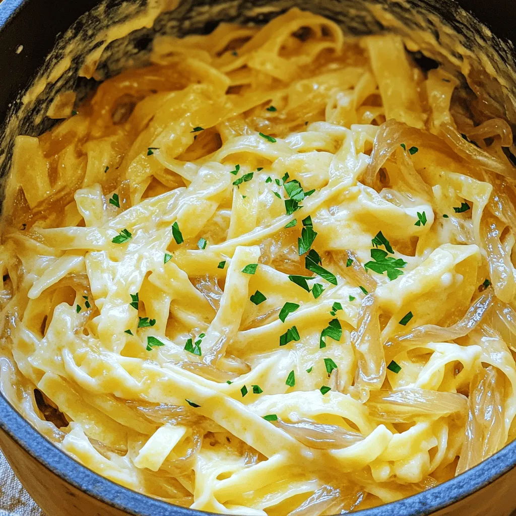 - 8 ounces pasta (fettuccine or penne) - 3 large onions, thinly sliced - 4 cups vegetable broth - 2 tablespoons olive oil - 1 tablespoon unsalted butter - 1 teaspoon fresh thyme leaves (or ½ teaspoon dried thyme) - 1 teaspoon garlic powder - ½ teaspoon sugar - Salt and freshly ground black pepper, to taste - 1 cup shredded Gruyère cheese - Fresh parsley, chopped for garnish To create a rich and savory dish, you'll want to start with the main ingredients. The pasta is the base, and I love using fettuccine or penne. Both hold the creamy sauce well. The onions bring sweetness and depth, and the vegetable broth adds a nice umami flavor. Next, for flavor enhancers, the olive oil and butter work together to caramelize the onions. This step is key for bringing out their natural sweetness. Fresh thyme adds an earthy touch that pairs perfectly with the onions. For seasonings, garlic powder gives a nice kick. A bit of sugar helps the onions caramelize better. Finally, the Gruyère cheese melts into a creamy sauce that makes this dish truly special. Don't forget to sprinkle fresh parsley on top! It adds color and a fresh taste. You can find the full recipe [Full Recipe]. - Warm olive oil and butter in a large pot. - Add thinly sliced onions and sprinkle with sugar. - Cook for 15-20 minutes, stirring often. Aim for soft, golden brown onions. - Stir in garlic powder and thyme once onions are caramelized. - Cook until the aroma fills the kitchen. - Pour in vegetable broth and bring it to a gentle simmer. - Add uncooked pasta, seasoning it with salt and pepper. - Cook pasta according to package instructions, usually 10-12 minutes. - Remove pot from heat and stir in shredded Gruyère cheese. - Mix until the cheese melts, creating a creamy sauce. - Taste and adjust seasonings if needed. For a detailed guide, check the Full Recipe. - Use a heavy-bottomed pot for even heat distribution. - Stir frequently but allow onions to sit for deeper flavor. Caramelizing onions can take time, but it’s worth it. A heavy pot helps the onions cook evenly. Stir them often but let them rest. This way, they get soft and sweet. The goal is golden brown onions. This deep flavor adds to the dish. - Use a blend of Gruyère and mozzarella for added creaminess. - Incorporate cheese gradually for best results. For a creamy texture, combine Gruyère with mozzarella. Gruyère gives a nutty taste, while mozzarella adds stretch. When you add cheese, do it slowly. This helps it melt evenly, creating a smooth sauce. - Stir occasionally during cooking. - Make sure to fully submerge pasta. To keep the pasta from sticking, stir it every few minutes. This keeps it separate and helps it cook evenly. Make sure the pasta is fully submerged in the broth. If it’s not, some pieces may stay hard. For the full recipe, check out One Pot French Onion Pasta. {{image_4}} You can easily add protein to your One Pot French Onion Pasta. Chicken or sausage work great here. Cook them in the same pot for extra flavor. If you prefer plant-based options, try using tofu or chickpeas. These will give your dish a hearty feel without meat. Adding veggies boosts nutrition and flavor. Spinach or mushrooms fit well into this dish. They add color and health benefits too. You can also use seasonal vegetables like zucchini or bell peppers. This keeps the dish fresh and exciting. Cheese is key for creaminess but feel free to explore. Gruyère gives a rich flavor, but you can try others too. Cheddar or fontina can change the taste profile. For vegans, look for plant-based cheese options. You still get the creaminess, minus the dairy. For the full experience, check out the Full Recipe. To keep your One Pot French Onion Pasta fresh, start by letting it cool. This step helps avoid condensation in your storage container. Use airtight containers to best preserve flavor and texture. This way, your pasta stays tasty for days. When you're ready to enjoy leftovers, reheat on the stovetop. Add a splash of broth to keep it moist and creamy. This method helps maintain the pasta's texture. Avoid microwaving, as it can make the pasta rubbery. If you have leftover portions, freezing is a great option. Place the uneaten pasta in airtight containers or freezer bags. Make sure to remove as much air as possible. For best results, thaw in the fridge overnight before reheating. This method helps keep the flavors intact. Yes, you can use other pasta types. Fettuccine and penne work well, but feel free to try: - Rigatoni - Farfalle - Rotini These shapes hold sauce nicely and offer fun bites. Just remember to adjust cooking times based on the pasta shape. To make this dish gluten-free, choose gluten-free pasta. Options include: - Brown rice pasta - Chickpea pasta - Quinoa pasta These alternatives cook well and taste great. Check the package for cooking times since they can vary. This pasta pairs well with many sides. Consider these options: - A simple green salad with vinaigrette - Garlic bread for dipping - Roasted vegetables for a healthy touch These sides balance the rich flavors of the pasta and make the meal complete. One Pot French Onion Pasta lasts in the fridge for up to 3 days. To store it: - Let it cool before placing it in an airtight container. - Ensure it’s sealed tightly to keep it fresh. When reheating, warm it on the stove. Add a splash of broth to keep it creamy. This blog post covered how to make a delicious One Pot French Onion Pasta. We explored the main ingredients, tips for perfect caramelization, and various ways to customize the dish. Remember, you can easily add proteins or vegetables to fit your taste. Proper storage and reheating will keep your leftovers tasty. Enjoy creating a creamy and flavorful pasta dish that will impress everyone. Your cooking skills will shine with this simple yet satisfying recipe.