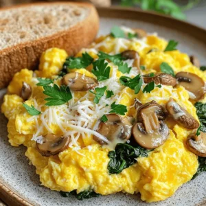 For this dish, you need a few key ingredients: - 4 large eggs - 1 cup fresh spinach, chopped - 1 cup mushrooms, sliced (button, cremini, or shiitake) - 1/4 cup milk (or plant-based milk) - 1 tablespoon olive oil or butter - 1/4 teaspoon garlic powder - Salt and pepper to taste - Grated cheese (optional, like cheddar or feta) These ingredients come together to create a tasty, colorful meal. You can enhance the taste with these optional ingredients: - Fresh herbs (like parsley or chives) - Hot sauce or chili flakes for heat - Onions or bell peppers for extra crunch - A splash of soy sauce for umami Feel free to mix and match based on what you like. You can easily swap some ingredients. Use these ideas: - Eggs: Try egg whites for a lighter dish. - Milk: Any milk alternative works well. - Cheese: Nutritional yeast gives a cheesy flavor for vegan dishes. - Spinach: Kale or Swiss chard can be good substitutes. - Mushrooms: Zucchini or asparagus can add different flavors. These substitutions help you tailor the dish to your taste or diet. For the full recipe, check out the previous sections! To start, gather your eggs, milk, garlic powder, salt, and pepper. Crack four large eggs into a bowl. Pour in one-fourth cup of milk. Add garlic powder, salt, and pepper to taste. Whisk the mix until it looks frothy. This step gives the eggs a light and fluffy texture. Next, heat one tablespoon of olive oil or butter in a non-stick skillet on medium heat. Wait until the oil shimmers or the butter melts. Then, add one cup of sliced mushrooms. Spread them out evenly in the skillet. Cook for about three to four minutes. Stir them occasionally until they turn golden brown. This step brings out their rich flavor. Once the mushrooms are cooked, add one cup of chopped spinach. Cook it for one to two minutes until it wilts. Now, pour your egg mixture into the skillet. Tilt the pan to spread it evenly. Let it sit for a moment. As the edges begin to set, gently fold the eggs with a spatula. Mix in the mushrooms and spinach. Cook for about three to five minutes until the eggs are soft and creamy. If you want cheese, sprinkle some on top before serving. Enjoy your Mushroom-Spinach Scrambled Eggs! For more details, check out the Full Recipe. To get soft, fluffy scrambled eggs, focus on your mixing. Whisk the eggs well. This adds air and makes them light. Use a non-stick skillet to prevent sticking. Cook over medium heat to avoid burning. Stir gently and don’t rush. The key is to fold the eggs slowly. This keeps them creamy and smooth. For added taste, think beyond salt and pepper. Garlic powder adds depth, and cheese adds richness. Try different mushrooms for unique flavors. Cremini or shiitake mushrooms give a nice earthy taste. Fresh herbs, like parsley or chives, brighten the dish. A sprinkle of red pepper flakes can add a kick. Experiment until you find your favorite mix. Using the right tools makes cooking easier. A good non-stick skillet is a must. It helps eggs cook evenly and slide out easily. A whisk is important for mixing the eggs well. A spatula helps fold the eggs gently. Finally, a mixing bowl is needed for the egg mixture. These basic tools make the process smooth and fun. For the full recipe, check out the complete guide above! {{image_4}} You can add bacon or sausage to your mushroom-spinach scrambled eggs for a tasty boost. Cook the bacon until crispy, then chop it into small pieces. For sausage, use breakfast sausage links or patties. Cook them in the skillet before adding mushrooms and spinach. This adds a savory flavor and extra protein to your meal. If you follow a vegan diet, you can still enjoy this dish. Use tofu or chickpea flour as an egg substitute. For tofu, crumble it and sauté it like the eggs. For chickpea flour, mix it with water to create a batter. Cook it in the skillet just like you would with eggs. Both options provide a creamy base that pairs well with mushrooms and spinach. Cheese can add a rich flavor to your scrambled eggs. Cheddar is a popular choice for its meltiness. Feta brings a tangy twist and pairs well with spinach. You can also try goat cheese for a creamier texture. Add cheese right before serving, so it melts into the warm eggs. This elevates the dish and adds depth to every bite. For the full recipe, check out the details above! To keep your scrambled eggs fresh, let them cool first. Then, place them in an airtight container. Store them in the fridge for up to three days. Make sure to label the container with the date. This way, you’ll know when to eat them. To reheat, you can use a microwave or a skillet. If using a microwave, place the eggs in a bowl. Heat on low power for 30-second bursts, stirring in between. This helps them warm evenly. If you prefer a skillet, add a little olive oil over low heat. Stir gently until warmed through, which takes about 5 minutes. You can freeze Mushroom-Spinach Scrambled Eggs, but they may change texture. To freeze, let them cool completely. Then, place the eggs in a freezer-safe bag. Remove as much air as possible before sealing. They can last up to two months in the freezer. When you want to eat them, thaw overnight in the fridge. Reheat as mentioned before. For the full recipe, check out the details above. Yes, you can prepare Mushroom-Spinach Scrambled Eggs in advance. To do this, cook the eggs fully and let them cool. Store them in an airtight container in the fridge for up to three days. When you are ready to eat, reheat them gently in a pan. Add a splash of water to keep them moist. This way, you can enjoy a quick meal without extra cooking time. Mushroom-Spinach Scrambled Eggs pair well with many sides. Here are some tasty options: - Whole-grain toast - Sliced avocado - Fresh fruit salad - Crispy bacon or turkey bacon - A light green salad These sides add flavor and nutrition, making your meal more complete. You can mix and match based on what you prefer. Yes, you can easily make Mushroom-Spinach Scrambled Eggs dairy-free. Just swap the milk for a plant-based alternative. Good options include almond milk, oat milk, or soy milk. If you want cheese, look for dairy-free cheese products. These swaps keep the dish creamy while fitting your dietary needs. You still get all the great flavors! For the full recipe, check the earlier section. Mushroom-spinach scrambled eggs are easy and tasty. We covered key ingredients and options for great flavors. You learned how to cook them perfectly and enhance their taste. Storage tips help keep leftovers fresh, while answers to common questions offer more insights. Try different proteins or cheese for fun twists. This dish fits many diets and tastes. Enjoy making it your own, and don’t be afraid to experiment.