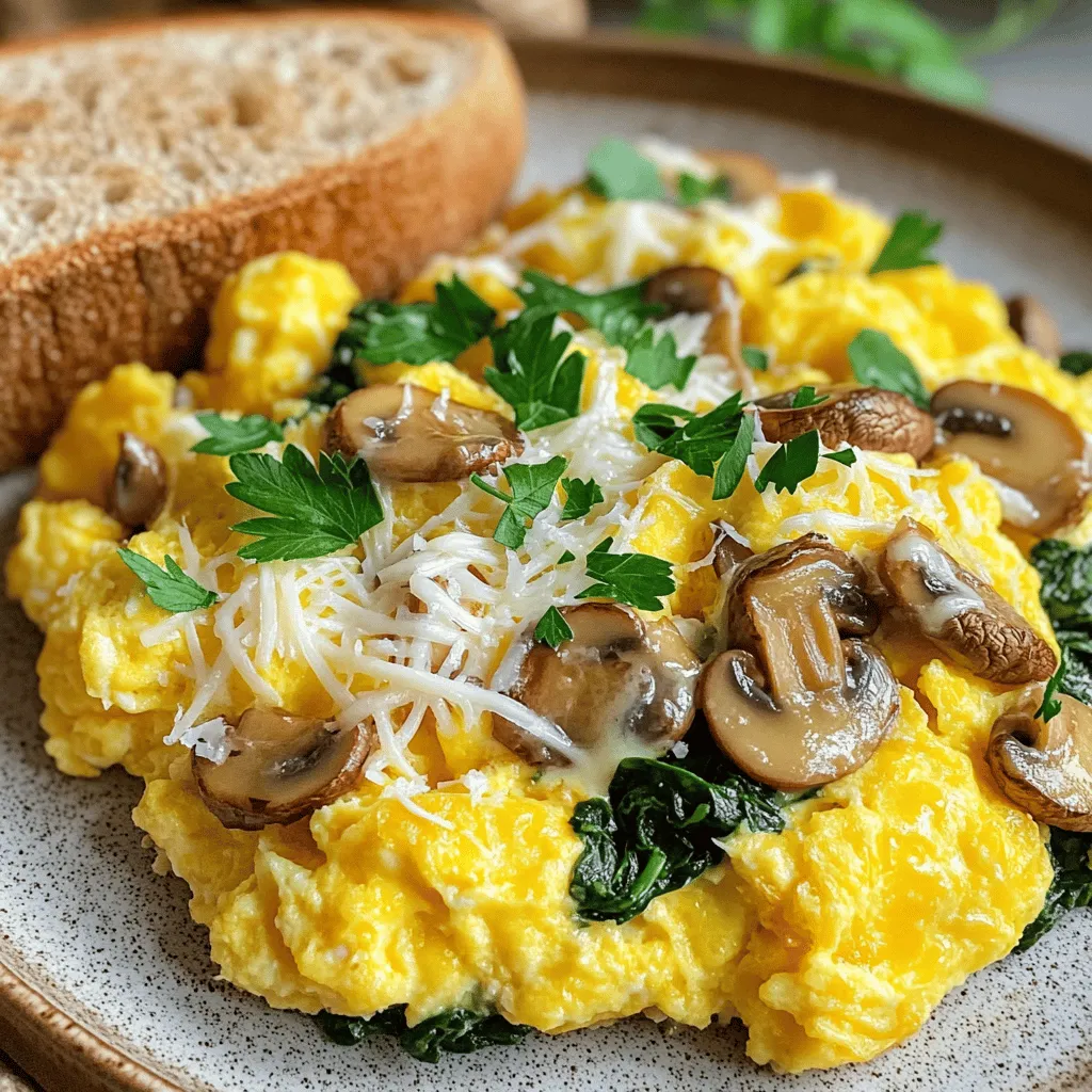 For this dish, you need a few key ingredients: - 4 large eggs - 1 cup fresh spinach, chopped - 1 cup mushrooms, sliced (button, cremini, or shiitake) - 1/4 cup milk (or plant-based milk) - 1 tablespoon olive oil or butter - 1/4 teaspoon garlic powder - Salt and pepper to taste - Grated cheese (optional, like cheddar or feta) These ingredients come together to create a tasty, colorful meal. You can enhance the taste with these optional ingredients: - Fresh herbs (like parsley or chives) - Hot sauce or chili flakes for heat - Onions or bell peppers for extra crunch - A splash of soy sauce for umami Feel free to mix and match based on what you like. You can easily swap some ingredients. Use these ideas: - Eggs: Try egg whites for a lighter dish. - Milk: Any milk alternative works well. - Cheese: Nutritional yeast gives a cheesy flavor for vegan dishes. - Spinach: Kale or Swiss chard can be good substitutes. - Mushrooms: Zucchini or asparagus can add different flavors. These substitutions help you tailor the dish to your taste or diet. For the full recipe, check out the previous sections! To start, gather your eggs, milk, garlic powder, salt, and pepper. Crack four large eggs into a bowl. Pour in one-fourth cup of milk. Add garlic powder, salt, and pepper to taste. Whisk the mix until it looks frothy. This step gives the eggs a light and fluffy texture. Next, heat one tablespoon of olive oil or butter in a non-stick skillet on medium heat. Wait until the oil shimmers or the butter melts. Then, add one cup of sliced mushrooms. Spread them out evenly in the skillet. Cook for about three to four minutes. Stir them occasionally until they turn golden brown. This step brings out their rich flavor. Once the mushrooms are cooked, add one cup of chopped spinach. Cook it for one to two minutes until it wilts. Now, pour your egg mixture into the skillet. Tilt the pan to spread it evenly. Let it sit for a moment. As the edges begin to set, gently fold the eggs with a spatula. Mix in the mushrooms and spinach. Cook for about three to five minutes until the eggs are soft and creamy. If you want cheese, sprinkle some on top before serving. Enjoy your Mushroom-Spinach Scrambled Eggs! For more details, check out the Full Recipe. To get soft, fluffy scrambled eggs, focus on your mixing. Whisk the eggs well. This adds air and makes them light. Use a non-stick skillet to prevent sticking. Cook over medium heat to avoid burning. Stir gently and don’t rush. The key is to fold the eggs slowly. This keeps them creamy and smooth. For added taste, think beyond salt and pepper. Garlic powder adds depth, and cheese adds richness. Try different mushrooms for unique flavors. Cremini or shiitake mushrooms give a nice earthy taste. Fresh herbs, like parsley or chives, brighten the dish. A sprinkle of red pepper flakes can add a kick. Experiment until you find your favorite mix. Using the right tools makes cooking easier. A good non-stick skillet is a must. It helps eggs cook evenly and slide out easily. A whisk is important for mixing the eggs well. A spatula helps fold the eggs gently. Finally, a mixing bowl is needed for the egg mixture. These basic tools make the process smooth and fun. For the full recipe, check out the complete guide above! {{image_4}} You can add bacon or sausage to your mushroom-spinach scrambled eggs for a tasty boost. Cook the bacon until crispy, then chop it into small pieces. For sausage, use breakfast sausage links or patties. Cook them in the skillet before adding mushrooms and spinach. This adds a savory flavor and extra protein to your meal. If you follow a vegan diet, you can still enjoy this dish. Use tofu or chickpea flour as an egg substitute. For tofu, crumble it and sauté it like the eggs. For chickpea flour, mix it with water to create a batter. Cook it in the skillet just like you would with eggs. Both options provide a creamy base that pairs well with mushrooms and spinach. Cheese can add a rich flavor to your scrambled eggs. Cheddar is a popular choice for its meltiness. Feta brings a tangy twist and pairs well with spinach. You can also try goat cheese for a creamier texture. Add cheese right before serving, so it melts into the warm eggs. This elevates the dish and adds depth to every bite. For the full recipe, check out the details above! To keep your scrambled eggs fresh, let them cool first. Then, place them in an airtight container. Store them in the fridge for up to three days. Make sure to label the container with the date. This way, you’ll know when to eat them. To reheat, you can use a microwave or a skillet. If using a microwave, place the eggs in a bowl. Heat on low power for 30-second bursts, stirring in between. This helps them warm evenly. If you prefer a skillet, add a little olive oil over low heat. Stir gently until warmed through, which takes about 5 minutes. You can freeze Mushroom-Spinach Scrambled Eggs, but they may change texture. To freeze, let them cool completely. Then, place the eggs in a freezer-safe bag. Remove as much air as possible before sealing. They can last up to two months in the freezer. When you want to eat them, thaw overnight in the fridge. Reheat as mentioned before. For the full recipe, check out the details above. Yes, you can prepare Mushroom-Spinach Scrambled Eggs in advance. To do this, cook the eggs fully and let them cool. Store them in an airtight container in the fridge for up to three days. When you are ready to eat, reheat them gently in a pan. Add a splash of water to keep them moist. This way, you can enjoy a quick meal without extra cooking time. Mushroom-Spinach Scrambled Eggs pair well with many sides. Here are some tasty options: - Whole-grain toast - Sliced avocado - Fresh fruit salad - Crispy bacon or turkey bacon - A light green salad These sides add flavor and nutrition, making your meal more complete. You can mix and match based on what you prefer. Yes, you can easily make Mushroom-Spinach Scrambled Eggs dairy-free. Just swap the milk for a plant-based alternative. Good options include almond milk, oat milk, or soy milk. If you want cheese, look for dairy-free cheese products. These swaps keep the dish creamy while fitting your dietary needs. You still get all the great flavors! For the full recipe, check the earlier section. Mushroom-spinach scrambled eggs are easy and tasty. We covered key ingredients and options for great flavors. You learned how to cook them perfectly and enhance their taste. Storage tips help keep leftovers fresh, while answers to common questions offer more insights. Try different proteins or cheese for fun twists. This dish fits many diets and tastes. Enjoy making it your own, and don’t be afraid to experiment.