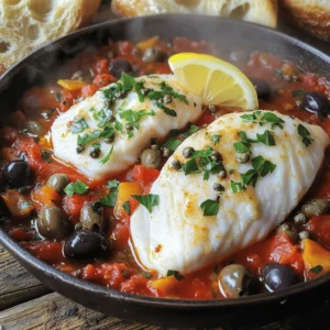 - 2 white fish fillets (cod or tilapia work beautifully) - 2 tablespoons extra virgin olive oil - 3 cloves of garlic, finely minced - 1 small red onion, finely chopped - 1 can (14 oz) diced tomatoes, with juices - 1/4 cup pitted kalamata olives, halved for added texture - 2 tablespoons capers, well drained - 1 teaspoon red pepper flakes (adjust to your desired spice level) - 1 tablespoon fresh parsley, finely chopped (plus extra for garnish) - Salt and freshly ground black pepper to taste - Zest of 1 lemon for a fresh burst of flavor Fish puttanesca has simple yet bold flavors. The fish fillets soak up the rich sauce. The diced tomatoes offer sweetness, while olives add a salty bite. Capers give a briny twist, and garlic brings depth. You can't go wrong with this mix! To make your dish even better, focus on flavor enhancers. Fresh parsley adds a fresh note. Lemon zest brightens everything up. Red pepper flakes let you adjust heat levels. Each ingredient balances the others. Together, they create a robust sauce you’ll love. You can swap ingredients based on what you have. If you can’t find cod or tilapia, use salmon or halibut. For olives, green olives work, too. If you dislike capers, try chopped pickles for a similar taste. Each change can lead to new flavors and fun discoveries. Explore what you enjoy! For the full recipe, check out the detailed instructions. Start by drying your fish fillets. Use a paper towel to remove excess moisture. This helps achieve a nice sear. Next, season both sides of the fish with salt, pepper, and lemon zest. This adds a fresh flavor that brightens the dish. Grab a large skillet and heat your olive oil over medium heat. Wait until the oil shimmers. Then, add the minced garlic and chopped red onion. Sauté for about 3-4 minutes. Stir occasionally until the onion is soft and fragrant. This step builds the base flavor for your sauce. Now it’s time to make the sauce! Add the diced tomatoes with their juices to the skillet. Then, toss in the halved kalamata olives and drained capers. Sprinkle in the red pepper flakes for some heat. Stir everything together and let it simmer gently for 5-7 minutes. This allows the flavors to blend well. Gently place your seasoned fish fillets into the sauce. Tuck them in slightly to ensure they soak up the flavors. Use a spoon to ladle some sauce over the fish. This adds extra taste. Cover the skillet and cook for 8-10 minutes. The fish should turn opaque and flake easily with a fork. Before serving, stir in the freshly chopped parsley. Taste the sauce and adjust seasoning as needed. If you want a zing, add more lemon zest. For serving, carefully transfer the fish to plates. Spoon the puttanesca sauce generously over the fish. For a beautiful touch, serve with crusty bread or over fluffy couscous. A sprinkle of parsley and a lemon wedge on the side complete the dish. Enjoy your Fish Puttanesca delight! To get a great sear on your fish, start with dry fillets. Moisture on the surface will make it hard to brown. Season well with salt and lemon zest. Heat olive oil until it shimmers. Place the fish in the pan gently. Do not move it for a few minutes. This will create that beautiful crust. Flip the fish carefully when it is golden brown. This step enhances both flavor and texture. Fish Puttanesca needs a balance of salty, tangy, and fresh flavors. The olives and capers add saltiness. The tomatoes bring sweetness and acidity. Fresh parsley and lemon zest brighten the dish. Taste the sauce before adding the fish. Adjust with more salt or lemon as needed. This balance makes every bite enjoyable and satisfying. One common mistake is overcooking the fish. Fish cooks quickly and becomes rubbery if left too long. Keep an eye on it while it simmers. Another mistake is not allowing the sauce to blend. Let it simmer so flavors mix well. Lastly, don’t skip the fresh herbs. They add a burst of flavor that brings the dish to life. Following these tips will give you a delightful Fish Puttanesca. For full details, check the Full Recipe. {{image_4}} You can try different fish for this recipe. Cod and tilapia are great, but other options work too. Salmon brings a rich flavor, while halibut offers a firm texture. Each fish has its own taste and texture. Choose what you like best. Adding veggies boosts flavor and nutrition. You can toss in diced bell peppers or zucchini for a colorful mix. Spinach wilts down nicely and adds a fresh taste. Mushrooms add earthiness too. Feel free to get creative with seasonal veggies. Adjusting the spice level is easy. If you want it milder, use less red pepper flakes. To make it spicier, add more flakes or a pinch of cayenne pepper. Always taste as you go to find your perfect heat. Enjoy experimenting! To keep your Fish Puttanesca fresh, store leftovers in the fridge. Place the fish in an airtight container. It will stay good for up to three days. Before eating, check for any off smells or changes in texture. You can freeze Fish Puttanesca if you want to save some for later. Wrap the fish tightly in plastic wrap, then place it in a freezer-safe bag. It can last up to three months in the freezer. However, the sauce may change texture when thawed. When you're ready to eat, take the fish out of the fridge or freezer. If frozen, thaw it overnight in the fridge. To reheat, use a skillet over medium heat. Add a splash of water or broth to keep it moist. Cook until heated through. Enjoy your meal like it was fresh! Fish Puttanesca is made with a few key ingredients. You will find fish, tomatoes, olives, and capers. The dish often uses white fish like cod or tilapia. It combines bold flavors from garlic, red onion, and red pepper flakes. This mix creates a tasty and hearty sauce. Yes, you can use frozen fish! Just be sure to thaw it first. Pat it dry with a towel to remove excess moisture. This helps the fish sear nicely in the pan. Frozen fish can be just as good as fresh fish when cooked well. Fish Puttanesca pairs well with crusty bread or pasta. You can also serve it over rice or couscous. These options soak up the delicious sauce. A fresh salad with lemon dressing can add a nice touch, too. To add more spice, increase the red pepper flakes. You can also add chopped fresh chili peppers. Consider using spicy olives or hot sauce for an extra kick. Just remember to taste as you go, so it doesn’t become too hot. Fish Puttanesca comes from Italy, especially Naples. The dish has a rich history tied to the region's culinary traditions. It uses simple, flavorful ingredients that are easy to find. The name "puttanesca" hints at its bold flavors, which are meant to excite the palate. For the full recipe, check out the detailed instructions above. To make Fish Puttanesca, gather these key ingredients: - 2 white fish fillets (cod or tilapia) - 2 tablespoons extra virgin olive oil - 3 cloves of garlic, finely minced - 1 small red onion, finely chopped - 1 can (14 oz) diced tomatoes, with juices - 1/4 cup pitted kalamata olives, halved - 2 tablespoons capers, well drained - 1 teaspoon red pepper flakes - 1 tablespoon fresh parsley, finely chopped - Salt and freshly ground black pepper to taste - Zest of 1 lemon Instructions: 1. Pat the fish fillets dry. This helps them sear well. Season both sides with salt, pepper, and lemon zest. 2. Heat olive oil in a large skillet. Add minced garlic and chopped onion. Cook until the onion is soft. 3. Add diced tomatoes, olives, capers, and red pepper flakes. Stir and simmer for about 5-7 minutes. 4. Place the fish fillets gently into the sauce. Spoon sauce over the fish. Cover and cook for 8-10 minutes. 5. Stir in chopped parsley. Adjust seasoning if needed with salt, pepper, or lemon zest. 6. Serve the fish on plates with the sauce on top. Enjoy! Fish Puttanesca is not just tasty; it's also nutritious. Each serving of this dish provides: - High protein from the fish - Healthy fats from olive oil and olives - Fiber from tomatoes and capers - Essential vitamins from fresh parsley and lemon This meal is a balanced choice for anyone looking to eat well. Serve Fish Puttanesca with: - Crusty bread to soak up the sauce - A side of fluffy couscous or quinoa for a hearty touch - A fresh green salad for added crunch Finish your plate with a lemon wedge and extra parsley for a pop of color. Enjoy your delightful creation! In this post, we explored the key ingredients for Fish Puttanesca, including flavor enhancers and substitutions. We walked through step-by-step instructions for preparation, cooking, and final presentation. I shared useful tips for achieving the perfect sear and avoiding common mistakes. We also discussed variations, storage info, and answered common questions. Remember, Fish Puttanesca is flexible. You can swap ingredients and adjust spice levels. Enjoy making this dish your own while savoring its rich flavors. Happy cooking!