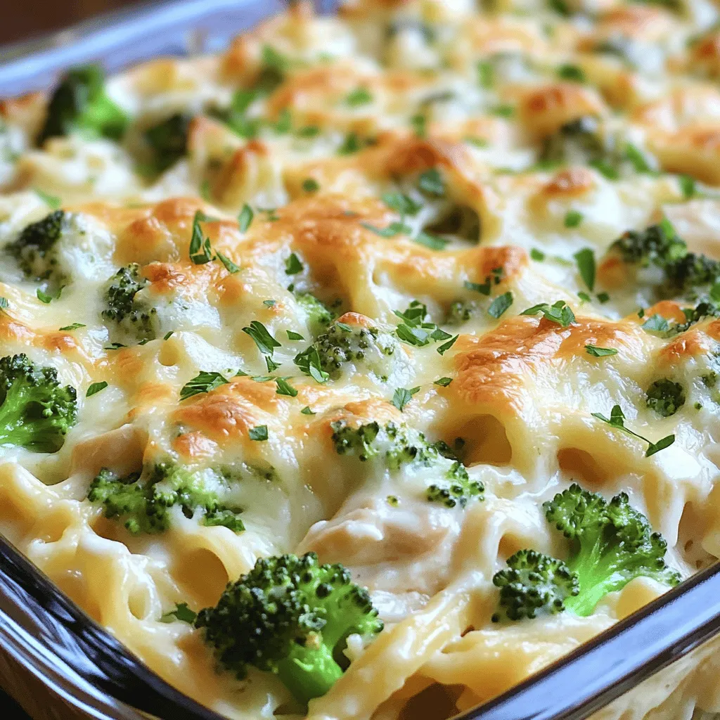 For this tasty bake, you need: - 2 cups cooked chicken, shredded - 3 cups broccoli florets (fresh or frozen) These two ingredients bring great flavor and nutrition. The cooked chicken adds protein. Broccoli gives it a nice crunch and color. Next, you’ll need the following: - 10 oz fettuccine pasta - 2 cups Alfredo sauce (store-bought or homemade) Fettuccine is perfect for this dish. It holds the sauce well. The Alfredo sauce is creamy and ties everything together. Finally, gather these extra ingredients: - 1 cup shredded mozzarella cheese - 1/2 cup grated Parmesan cheese - 2 tablespoons olive oil - 2 cloves garlic, minced - 1 teaspoon Italian seasoning - Salt and pepper to taste - Fresh parsley, chopped (for garnish) The cheeses add richness. Olive oil and garlic boost the flavor. Italian seasoning gives a nice touch. Salt and pepper help balance everything. Don't forget the parsley for a fresh finish! For the full recipe, check out the details above. Start by shredding the cooked chicken. You can use store-bought rotisserie chicken for ease. Next, prep the broccoli. If using fresh broccoli, cut the florets into bite-sized pieces. If using frozen, just thaw them. In a large mixing bowl, combine the shredded chicken, broccoli florets, and cooked fettuccine pasta. Pour in the Alfredo sauce and stir gently. Make sure every piece gets coated well. Boil a big pot of salted water. Add the fettuccine pasta and cook according to the instructions on the package. You want it to be al dente, meaning it should still have a little bite. After cooking, drain the pasta and set it aside. This step is key to avoid mushy pasta later. Now it’s time to put everything together. Heat olive oil in a skillet over medium heat. Add minced garlic and sauté for about one minute. Stir it often, so it doesn’t burn. Mix this garlic into your chicken and broccoli mixture. Add Italian seasoning, salt, and pepper, then stir well. Pour this mixture into a greased 9x13 inch baking dish. Spread it out evenly. Top it with shredded mozzarella and grated Parmesan cheese. Put the dish in a preheated oven at 375°F (190°C). Bake for 25-30 minutes, or until the cheese is bubbly and golden. Once it’s done, let it cool for a few minutes, then garnish with chopped parsley. This adds a nice touch before serving. For the complete recipe, check out the [Full Recipe]. To get the best pasta, cook it al dente. This means it should be firm but not hard. Follow the package directions closely. Taste a piece before draining it. If it feels slightly firm, it’s ready. Drain it quickly and rinse with cool water to stop the cooking process. This helps keep the pasta from getting mushy in the bake. Always use fresh ingredients when possible. Fresh broccoli adds a nice crunch and bright color. You can also use fresh garlic instead of jarred. It gives a stronger taste. If you have fresh parsley, chop it finely for garnish. Fresh herbs brighten up the dish. Using fresh ingredients makes every bite more delicious. For the best cheese melt, use a mix of mozzarella and Parmesan. Mozzarella gets gooey, while Parmesan adds sharp flavor. Spread the cheese evenly across the top. This ensures every bite is cheesy. Bake it until the cheese is bubbling and golden brown. If it browns too fast, cover it loosely with foil. This keeps it from burning while the inside cooks through. {{image_4}} You can switch out chicken for other proteins. Try turkey for a leaner choice. Shrimp also works well; just cook it until pink. If you like beef, use shredded roast. Each option keeps the dish tasty and fun. To make this bake vegetarian, skip the chicken. Add more veggies instead, like bell peppers or mushrooms. You could also use chickpeas for some protein. A mix of veggies adds color and flavor. For a gluten-free version, choose gluten-free pasta. Many brands offer great options that taste delicious. You can also make your own pasta from rice flour. Just ensure your Alfredo sauce is gluten-free too. This way, everyone can enjoy the dish! For more detailed cooking steps, check the Full Recipe. After enjoying your Irresistible Chicken and Broccoli Alfredo Bake, let it cool first. Place any leftovers in an airtight container. Store it in the fridge for up to three days. Make sure to keep it covered to prevent it from drying out. If you want to enjoy it later, consider freezing. To reheat, preheat your oven to 350°F (175°C). Place the leftovers in an oven-safe dish. Cover it with foil to keep moisture in. Bake for about 20 minutes or until heated through. You can also microwave it in a bowl. Heat in short bursts, stirring in between, until warm. If you want to freeze your Chicken and Broccoli Alfredo Bake, do so before baking it. Prepare the dish in a freezer-safe container. Cover it tightly with plastic wrap and foil. It stays fresh for up to three months. When ready to cook, thaw it in the fridge overnight. Then, bake it as directed in the Full Recipe. This way, you can enjoy a quick meal anytime! Yes, you can use homemade Alfredo sauce. It adds a fresh taste to your dish. Making it at home is easy and fun. Just mix butter, cream, and Parmesan cheese. You can also add garlic for extra flavor. This sauce can make your Chicken and Broccoli Alfredo Bake even more special. Great sides to serve include: - Garlic bread - Simple green salad - Steamed vegetables - Roasted potatoes These sides complement the creamy pasta well. They add freshness and crunch. A green salad can balance the richness of the bake. To make it spicier, add these ingredients: - Red pepper flakes - Hot sauce - Diced jalapeños Mix these into the chicken and broccoli before baking. Start with a small amount and taste as you go. This way, you can find the perfect heat level. Spice can bring out new flavors in your dish! This dish combines chicken, broccoli, pasta, and sauce to create a tasty meal. You learned how to prepare the ingredients, cook them, and make it all come together. Remember to use fresh ingredients for great taste and perfect your pasta texture. With simple swaps, anyone can enjoy this recipe. Store leftovers properly for tasty meals later. Now, you can impress friends and family with this easy bake. Enjoy making your delicious meal!