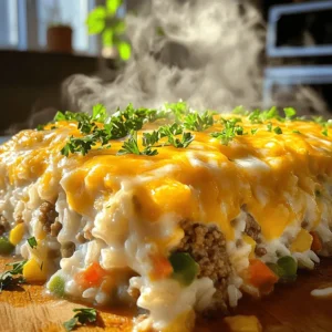 - 1 lb ground beef - 1 cup uncooked white rice - 1 cup sharp cheddar cheese, freshly shredded - 1 medium onion, finely chopped - 2 cloves garlic, minced - 1 teaspoon paprika (smoked for an extra flavor boost) - 1 teaspoon dried thyme - ½ teaspoon black pepper - ½ teaspoon salt (adjust to taste) - 2 cups beef broth (preferably low-sodium) - 1 cup frozen mixed vegetables (a blend of peas, carrots, and corn works great) - ½ cup milk (whole milk or your preferred alternative) - 2 tablespoons olive oil - Fresh parsley, chopped (for a vibrant garnish) This dish combines flavors and textures to create a hearty meal. The ground beef provides a rich base, while white rice absorbs the broth and flavors. Sharp cheddar cheese adds a wonderful crust on top. Each ingredient plays a key role in making this casserole delicious. You can find the full recipe to guide you through the steps. Enjoy cooking! - Preheat the oven to 350°F (175°C). - In a large skillet, heat 2 tablespoons of olive oil over medium heat. Add 1 medium onion, finely chopped, and 2 cloves of minced garlic. Sauté until the onion turns soft and fragrant, about 5 minutes. - Increase the heat slightly and add 1 pound of ground beef to the skillet. Break it apart with a spatula and brown it for about 6-8 minutes. Drain any excess fat to keep the dish light. - Next, stir in 1 cup of uncooked white rice, 2 cups of beef broth, and 1 cup of frozen mixed vegetables. Add 1 teaspoon of paprika, 1 teaspoon of dried thyme, ½ teaspoon of black pepper, and ½ teaspoon of salt. Bring this mixture to a boil. Once boiling, reduce the heat to low and cover the skillet. Let it simmer for 18-20 minutes until the rice absorbs most of the liquid and is tender. - Remove the skillet from the heat and stir in ½ cup of milk to make it creamy. - Carefully pour the beef and rice mixture into a greased 9x13 inch baking dish, spreading it evenly. Sprinkle 1 cup of freshly shredded sharp cheddar cheese over the top. - Place the baking dish in the oven and bake for 20-25 minutes. Wait until the cheese is bubbly and golden brown. - After baking, let it cool for about 5 minutes. This helps the cheese set and makes it easier to serve. For detailed instructions, check the Full Recipe. To make this dish shine, brown the ground beef well. This step adds deep flavor. Use medium to high heat to get that nice color. Keep an eye on it and stir often to avoid burning. The right cooking time depends on the rice you choose. White rice cooks faster than brown rice. If you use brown rice, increase the cooking time by about 10 minutes. Always check the rice for doneness before serving. Garnish the casserole with fresh parsley for a pop of color. This adds a nice touch to your dish. You can also serve it with a crisp green salad. A light salad balances the richness of the casserole. For a heartier meal, consider garlic bread on the side. It complements the cheesy crust perfectly. If you want a lighter option, use ground turkey instead of beef. It tastes great and is healthier. For cheese lovers, try different cheeses like Monterey Jack or Gouda. Each will bring a unique flavor twist to the casserole. Have fun mixing and matching to suit your taste! You can find the Full Recipe to guide you through these swaps. {{image_4}} You can easily make this dish a bit healthier. First, swap white rice for brown rice. Brown rice has more fiber and nutrients. It will add a nice chewy texture, too. Another option is to use low-fat cheese. This change keeps the flavor while cutting calories. To boost the flavor, try adding spices like cayenne or Italian seasoning. These spices bring warmth and depth to the dish. You can also add fresh vegetables. Bell peppers or spinach work well. They add color and nutrients to your casserole. For a simpler method, cook everything in one pan. Start by browning the beef in a large skillet. Add the rice, broth, and veggies all in the same pan. This saves time and reduces dishes. You still get that tasty, cheesy crust on top. For the full recipe, check out the detailed instructions. To keep your Cheddar-Crusted Ground Beef and Rice Casserole fresh, store it in the fridge. Place leftovers in an airtight container. This helps keep moisture in and prevents spills. You can store it for up to three days. You can freeze this casserole for later. First, let it cool completely. Then, wrap it tightly in plastic wrap. For extra protection, place it in a freezer bag or container. This helps avoid freezer burn. It can stay in the freezer for up to three months. When you’re ready to eat, take it out of the freezer. Place it in the fridge overnight to defrost. This keeps the texture nice. You can reheat the casserole in two ways: microwave or oven. For the microwave, place a portion on a microwave-safe plate. Heat it for 2-3 minutes, stirring halfway through. For the oven, preheat it to 350°F (175°C). Place the casserole in an oven-safe dish. Cover it with foil to keep it from drying out. Bake for about 20-25 minutes until it’s hot. Both methods work well, but the oven helps keep the crispy cheese crust. Enjoy your leftovers just like the first time! It takes about 50 minutes in total. You need 15 minutes for prep and around 35 minutes for cooking. This makes it a great choice for a busy weeknight meal. Yes, you can prepare this casserole in advance. Cook the beef and rice mixture as directed, then let it cool. Cover it and store it in the fridge for up to 24 hours. When ready, just top with cheese and bake. You can use ground turkey or chicken if you prefer. For a plant-based option, try lentils or a meat substitute like tofu. These alternatives will also work well in this dish. Yes, this casserole freezes well. Allow it to cool completely first. Then, cover it tightly with plastic wrap and foil. It can last in the freezer for up to three months. Thaw it in the fridge before baking. Absolutely! If you like it spicy, add cayenne pepper or red pepper flakes. For a milder dish, reduce the black pepper or skip the paprika. Customizing the spice level makes it your own. You can find the full recipe [here](#) for detailed instructions on making Cheddar-Crusted Ground Beef and Rice Casserole. This will guide you through each step to ensure a delicious meal. This blog provided a complete guide for making Cheddar-Crusted Ground Beef and Rice Casserole. We covered key ingredients, step-by-step cooking instructions, and handy storage tips. You saw how to enhance flavors and adapt for your diet. Remember, cooking can be fun and flexible. Try different spices or add veggies to make it yours. Enjoy your time cooking, and don’t forget to share your delicious results! Your perfect casserole awaits.