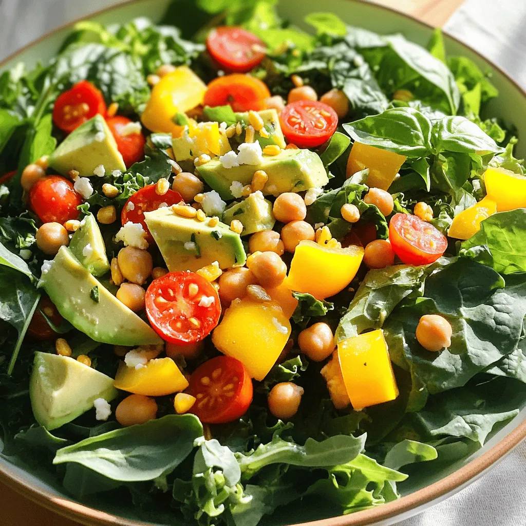 - Mixed greens (spinach, arugula, kale) - Cherry tomatoes - Yellow bell pepper - Avocado - Canned chickpeas - Roasted sunflower seeds - Feta cheese (optional) - Fresh lemon juice - Olive oil - Salt and pepper to taste - Fresh basil leaves The Sunshine Salad shines with fresh and tasty ingredients. Each bite bursts with flavor. You start with mixed greens, which add a great base. Spinach, arugula, and kale work well together. They bring a mix of textures and nutrients. Next, toss in cherry tomatoes. Their bright color and sweetness enhance the salad. Yellow bell pepper adds crunch and a sweet zest. Avocado brings creaminess that ties everything together. Don’t forget the canned chickpeas. They add protein and make the salad more filling. Roasted sunflower seeds give a nice crunch. If you like cheese, sprinkle on feta for a salty touch. For the dressing, you need fresh lemon juice. It adds brightness. Olive oil keeps the salad moist. Just a pinch of salt and pepper will do. Finally, garnish your salad with fresh basil leaves. They add a lovely aroma and extra flavor. For the full recipe, check the details above. Enjoy making your Sunshine Salad! Start by taking your mixed greens. Use spinach, arugula, and kale for the best flavor. Place them in a big bowl. Mix the greens well to make a colorful base for your salad. This step is key for a fresh taste. Next, you will add vegetables. Carefully slice the cherry tomatoes in half. Dice the yellow bell pepper into small pieces. Cube the avocado gently to keep its shape. Add these colorful veggies to your greens. They bring sweetness and vibrancy. Now, sprinkle canned chickpeas over the salad. Rinse and drain them first. Chickpeas add protein and a nice texture. They make the salad more filling and nutritious. This is a simple way to boost your meal. For a delightful crunch, top the salad with roasted sunflower seeds. These seeds add a nutty flavor. If you like, crumble some feta cheese on top too. It gives a creamy touch that pairs well with the other ingredients. In a small bowl, mix fresh lemon juice with olive oil. Add salt and pepper to taste. Whisk everything together until it blends well. This dressing adds a zesty kick to your salad. It brings all the flavors together. Use salad tongs to gently toss the salad. Make sure to coat the greens and veggies with the dressing. Be careful not to mash the avocado. You want to keep its nice texture. Mixing well helps every bite taste amazing. Finally, garnish your salad with fresh basil leaves. They add a pop of color and flavor. Serve your salad right away for the best taste. Enjoy this Sunshine Salad as a refreshing dish any time! For the full recipe, check [Full Recipe]. You can change the ingredients in Sunshine Salad based on what’s fresh. In spring, try adding peas or radishes. In summer, use cucumbers or zucchini for crunch. Fall brings sweet apples or pears, which add a nice touch. In winter, roasted root veggies like beets or sweet potatoes work well. Adjust the salad to match the season and your taste! To keep your ingredients fresh, store them correctly. Keep greens in a damp paper towel inside a plastic bag. This helps them stay crisp. Store tomatoes at room temperature, not in the fridge. Avocados should ripen on the counter, then be used right away. If you prep early, wash and dry chickpeas thoroughly before storing. To turn the salad into a full meal, add protein or grains. Grilled chicken or shrimp pairs well with the flavors. For a plant-based option, try adding quinoa or farro. Tofu or tempeh can boost protein, too. Beans like black or kidney beans also make a filling addition. Each choice adds a unique taste and texture to elevate the dish. {{image_4}} You can change ingredients in the Sunshine Salad to suit your taste. Try adding sliced cucumbers for a refreshing crunch. Carrots add sweetness and color, while radishes give a peppery kick. For protein, you can swap chickpeas with grilled chicken or shrimp. You can also try adding nuts like almonds or walnuts for a different texture. You have many options to make this salad your own! This salad shines with seasonal produce. In winter, use hearty greens like kale or Swiss chard. Add roasted root vegetables like sweet potatoes or beets for warmth. In fall, consider using apples or pears for sweetness. You can even add nuts for a satisfying crunch. Adjusting the salad with seasonal ingredients keeps it fresh and exciting. If you follow a vegan diet, skip the feta cheese and use avocado for creaminess. You can also replace the honey in dressings with maple syrup. For gluten-free options, check that all ingredients, especially canned goods, are certified gluten-free. You can enjoy this salad while staying true to your dietary needs. To keep your Sunshine Salad fresh, store it in an airtight container. This helps keep moisture in check. Place the salad in the fridge right after serving. Avoid adding dressing to the entire salad if you plan to store leftovers. Instead, keep the dressing separate. This keeps the greens crisp and tasty. Use the salad within two days for the best flavor. For quick assembly, pre-prepare ingredients. Wash and chop your greens and vegetables. Store them in separate containers in the fridge. You can also prepare the dressing ahead of time. Just mix lemon juice, olive oil, salt, and pepper in a jar. Shake it well before using. This meal prep method saves time and keeps everything fresh. Freezing salad is not recommended. Greens and vegetables lose their crispness when thawed. However, you can freeze chickpeas if you like. Rinse and drain them first, then freeze in a bag. When you're ready to use them, just cook them straight from the freezer. Remember, fresh is best for salads like this one. For the full recipe, check the details above. If you want to skip feta cheese, there are great options. You can use vegan cheese made from nuts or tofu. These choices give a creamy texture. Crumbled avocado also works well for a rich taste. If you don’t need it to be vegan, goat cheese is another tasty alternative. It adds a tangy flavor that pairs nicely with the salad. Yes, you can make the dressing ahead of time. Store the homemade dressing in a sealed jar or container. Keep it in the fridge for up to a week. Just give it a good shake before using it again. This saves time when you’re ready to enjoy your Sunshine Salad. Sunshine Salad will last about 2-3 days in the fridge. However, the freshness depends on the ingredients. If the greens look wilted or slimy, it’s time to toss it out. Check for any odd smells or discoloration as well. Always store it in an airtight container to keep it fresh longer. This blog post explored how to create a vibrant Sunshine Salad. You learned about fresh ingredients and how to prepare them. We discussed easy dressing steps and serving suggestions. Tips on customization and storage will help you enjoy this salad longer. In conclusion, this salad is quick, healthy, and versatile. Feel free to adapt it to your taste and seasons. Enjoy your wholesome meal!
