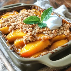 To make a healthy peach crumble, you need fresh and wholesome ingredients. Here’s what you will need: - 4 ripe peaches, sliced into wedges - 1 tablespoon honey or pure maple syrup - 1 teaspoon ground cinnamon - 1 tablespoon freshly squeezed lemon juice - 1 cup rolled oats - 1/2 cup whole wheat flour - 1/4 cup almond meal or finely ground almonds - 1/4 cup coconut oil, melted and slightly cooled - 2 tablespoons brown sugar or coconut sugar - A pinch of fine salt Using ripe peaches is key. They add natural sweetness and flavor to the dish. You can use honey or maple syrup as your sweetener. Both options provide a unique taste and help balance the tartness of the peaches. The ground cinnamon and lemon juice enhance the flavors. Cinnamon gives warmth, while lemon juice brightens the dish. For the crumble topping, rolled oats, whole wheat flour, and almond meal create a nutritious base. Coconut oil keeps it moist, while brown sugar adds just the right amount of sweetness. The pinch of salt brings all the flavors together. This combination of ingredients makes the crumble not just tasty, but also nutritious. You can find the full recipe to see how to bring these ingredients together. 1. Preheating the Oven Start by preheating your oven to 350°F (175°C). This step is key for even baking. 2. Preparing the Peach Mixture In a medium bowl, mix the sliced peaches with honey (or maple syrup), ground cinnamon, and lemon juice. Gently toss it all together. Make sure every peach slice is coated well. Then, transfer this mixture to a greased 8x8-inch baking dish, spreading it evenly. 3. Making the Crumble Topping In another bowl, mix rolled oats, whole wheat flour, almond meal, melted coconut oil, brown sugar, and a pinch of salt. Use a fork to stir until the mixture is crumbly and well combined. This topping adds a nice crunch to the dessert. 1. Assembling the Dish Carefully spread the crumble topping over the peach layer in the baking dish. Make sure to cover all the peaches. This helps seal in the flavor and keeps the fruit moist. 2. Baking Time and Temperature Place the dish in your preheated oven. Bake for 25-30 minutes. Look for a golden brown topping and bubbly peaches beneath. 3. Cooling and Serving Suggestions Once baked, take the crumble out and let it cool for a few minutes. This settling time allows the flavors to mix. Serve warm, with a scoop of creamy vanilla yogurt or whipped coconut cream. Add a sprig of fresh mint on top for a pretty finish. Enjoy every bite of this delicious treat! For the complete recipe, check out the Full Recipe section. Achieving the Right Crunch To get the perfect crunch, mix your dry ingredients well. Use rolled oats, whole wheat flour, and almond meal. The combination gives a great texture. Melted coconut oil binds everything together. When you bake, the top will crisp up nicely. If it seems too dry, add a tiny bit more oil. This keeps the crumble from being too crumbly. Adjusting Sweetness to Taste Sweetness can change based on your peaches. Taste your peach mix before adding more sweetener. If you want it sweeter, drizzle in honey or maple syrup. Remember, the topping also adds some sweetness. So, taste often and find what you like best! Vegan Options If you want a vegan crumble, swap honey for maple syrup. This keeps the flavor rich and sweet. Use coconut oil as your fat. It’s plant-based and gives a nice coconut flavor. You can also use a flax egg instead of regular eggs if a recipe calls for them. Gluten-Free Alternatives For a gluten-free option, replace whole wheat flour with almond flour or gluten-free flour mix. Make sure your oats are labeled gluten-free. This ensures they have no cross-contamination. The crumble will still be tasty and satisfying! Feel free to experiment with these tips and substitutions. Enjoy creating your Healthy Peach Crumble! Want the full recipe? Check out the [Full Recipe]. {{image_4}} Adding Nuts or Seeds You can boost the crunch by adding nuts or seeds to the crumble topping. Walnuts, almonds, or pumpkin seeds work great. Chop them up and mix them in with the oats and flour. This adds healthy fats and protein. It also gives you a nice texture. You can even sprinkle some on top before baking for extra crunch. Incorporating Other Fruits If you want to mix flavors, feel free to add other fruits. Berries, apples, or plums can pair well with peaches. Just remember to adjust the sweetener based on the fruits you choose. For example, apples may need a bit more honey or maple syrup. Experimenting with fruits keeps it fun and fresh. Low-Fat Modifications You can lower the fat content by replacing coconut oil with unsweetened applesauce. This keeps the crumble moist while cutting calories. You could also use less oil or a light cooking spray. This makes it lighter without losing flavor. Sugar-Free Options For a sugar-free version, you can use mashed bananas or pureed dates in place of honey or maple syrup. These natural sweeteners add flavor and keep it healthy. You can also use sugar substitutes like stevia or monk fruit. This way, you can enjoy your dessert without the extra sugar. For complete details, check the Full Recipe. Refrigeration Tips To keep your healthy peach crumble fresh, store it in the fridge. Use an airtight container for best results. This will help maintain its flavor and texture. It can last about 3 to 5 days in the refrigerator. When you want to serve it, just take it out and let it sit at room temp for a bit. Freezing Instructions If you want to save some for later, freezing is a great option. Wrap the crumble tightly in plastic wrap, then place it in a freezer bag. Make sure to squeeze out any air before sealing. It can stay good for 2 to 3 months in the freezer. When you're ready to eat, just thaw it overnight in the fridge. Methods for Keeping the Crumble Crispy To reheat your peach crumble and keep it crispy, use the oven. Preheat it to 350°F (175°C). Place the crumble in a baking dish and cover it lightly with foil. Bake for about 15 to 20 minutes. This method warms it up without making the topping soggy. You can also microwave it, but the oven is best for crispiness. Enjoy your delicious dessert warm! Can I use frozen peaches? Yes, you can use frozen peaches for this recipe. Just thaw and drain them before mixing. This keeps the crumble from getting too watery. How long does the healthy peach crumble last? The crumble lasts about 3 to 5 days in the fridge. Store it in an airtight container to keep it fresh. Can I make this crumble ahead of time? Absolutely! You can prepare the peach mixture and crumble topping in advance. Just bake it before serving for a warm dessert. Serving Size and Calorie Count This healthy peach crumble serves six. Each serving has about 180 calories. This is a guilt-free treat that still satisfies your sweet tooth. Health Benefits of Key Ingredients - Peaches: Rich in vitamins A and C, peaches boost your immune system. - Oats: They provide fiber, which is great for digestion. - Almond meal: It adds protein and healthy fats, keeping you full longer. - Coconut oil: This oil can help improve heart health when used in moderation. For the complete details on how to make this delicious dish, check out the Full Recipe. You learned how to make a healthy peach crumble with simple steps and tasty ingredients. From ripe peaches to a crunchy topping, this dessert is simple to prepare. Remember to adjust sweetness and try variations for fun twists. Don’t forget the best storage tips to keep your crumble fresh. Now, you can enjoy this treat any day! Happy baking!