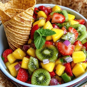 - 1 cup fresh pineapple, diced - 1 cup strawberries, hulled and diced - 1 medium mango, peeled and diced - 1 medium kiwi, peeled and diced - 1/4 cup red onion, finely chopped - 1 jalapeño pepper, seeded and minced (optional) - 2 tablespoons fresh lime juice - 1 tablespoon honey or agave syrup - 1 tablespoon fresh mint leaves, finely chopped - 4 small flour tortillas - 2 tablespoons melted butter or coconut oil - 1/4 cup granulated sugar - 1 teaspoon ground cinnamon The fresh ingredients in the salsa create a bright and zesty flavor. You can mix and match fruits based on what you like. Pineapple adds sweetness, while strawberries give a nice tartness. Mango and kiwi add a tropical touch, making every bite refreshing. The red onion and jalapeño add a savory and spicy kick. The lime juice brightens the flavors, while honey or agave syrup balances the tang. Mint leaves bring a fresh taste that makes the salsa pop! For the tortilla chips, I prefer flour tortillas for their soft texture. The melted butter or coconut oil gives them richness. Mix sugar and cinnamon to create a sweet and fragrant topping. This combo makes the chips crispy and addictive! You can find the full recipe with detailed steps to make this fun dish. Enjoy the bright colors and flavors! 1. Start by dicing your fresh fruits. You will need pineapple, strawberries, mango, kiwi, and red onion. If you like heat, chop the jalapeño too. 2. In a large mixing bowl, combine all the diced fruit. This creates a colorful and tasty mix. 3. Drizzle fresh lime juice and honey over the fruit. This adds sweetness and a zesty flavor. 4. Gently fold in the chopped mint. This gives a refreshing touch. 5. Cover the bowl with plastic wrap and let it sit in the fridge for at least 30 minutes. This helps the flavors blend well. 1. Preheat your oven to 350°F (175°C). This is the perfect temperature for baking. 2. Brush both sides of each tortilla with melted butter or coconut oil. This helps the sugar stick and adds flavor. 3. In a small bowl, mix granulated sugar and ground cinnamon. Sprinkle this mix evenly over the tortillas. 4. Cut each tortilla into wedges, like pizza slices. Arrange them on a baking sheet lined with parchment paper. 5. Bake in the oven for about 10-12 minutes. Flip the chips halfway through to ensure they cook evenly. Remove them when they are golden brown and crispy. 1. For serving, scoop the fruit salsa into a colorful bowl. This makes it look inviting. 2. Arrange the warm cinnamon sugar tortilla chips in a cone or a small basket. This adds an attractive touch to your spread. 3. Pair the chips and salsa together for a delightful treat. Enjoy the sweet and spicy flavors! For a detailed guide, check out the Full Recipe. For the best flavor, chill the salsa for at least 30 minutes. This allows the fruits to soak in the lime juice and honey. You can also try different seasonal fruits for a fun twist. Berries in summer or apples in fall can change the vibe completely. If you want a unique flavor, use coconut oil instead of butter. It adds a lovely hint of sweetness. You can also adjust the cinnamon-sugar mix to suit your taste. If you love cinnamon, add more sugar to the mix. Garnish your salsa with fresh mint leaves for added color. It looks great and adds flavor. For parties, serve the chips in a tall cone or a cute basket. This makes it easy for guests to grab chips while enjoying the salsa. {{image_4}} You can easily swap fruits based on what's in season. If strawberries are not ripe, try blueberries or raspberries. You can also mix in peaches or apples for a fresh twist. To add more depth, consider spices like ginger or cardamom. These spices can give your salsa a unique flavor that surprises your taste buds. For a gluten-free option, use corn tortillas. They give a nice crunch and a different taste. You can also experiment with flavored tortilla wraps. A spinach or tomato wrap can add color and an extra layer of flavor to your dish. This fruit salsa with cinnamon sugar tortilla chips is perfect for summer picnics. It can also be a refreshing dessert after a heavy meal. Pair it with a light drink like lemonade or iced tea for a delightful combo. You can also serve it with other appetizers, making it a great addition to any gathering. For the full recipe, check out the details above! Store your fruit salsa in the refrigerator. It stays fresh for up to 3 days. To prevent browning, use these tips: - Add lime juice to fruits quickly after cutting. - Cover the salsa tightly with plastic wrap. - Use an airtight container to keep out air. These steps help keep the colors bright and flavors fresh. To keep your tortilla chips crispy after baking, follow these steps: - Let the chips cool completely before storage. - Store them in a paper bag or a container with a loose lid. This allows airflow. For optimal freshness, use these containers: - A glass jar with a tight seal. - A food-safe plastic bag with air removed. These options help maintain that crunch you love. You can freeze both the salsa and the chips. Here’s how: - Freezing Salsa: Place it in a freezer-safe container. Leave some space at the top. This allows for expansion. - Freezing Chips: Layer chips between sheets of parchment paper in an airtight bag. This prevents sticking. For thawing and reheating: - Thawing Salsa: Move it to the fridge overnight before serving. - Reheating Chips: Bake them in the oven at 350°F (175°C) for 5-7 minutes to crisp them up again. These methods help keep your delightful dish ready for enjoyment anytime. For the complete recipe, check out the Full Recipe. You can swap fruits based on your taste. Use peaches or blueberries for sweetness. Apples add a nice crunch. If you want a tart flavor, go for cherries or raspberries. Remember to keep the texture similar. Each fruit brings its own fun flavor! Homemade tortilla chips stay fresh for about a week. Store them in an airtight container. This keeps them crispy and tasty. If they lose some crunch, pop them back in the oven for a few minutes. They will crisp up again! Yes! You can make the salsa a day ahead. Just store it in the fridge. The flavors blend well overnight. Make the chips fresh right before serving for the best crunch. This way, you save time and still enjoy great taste. Serve fruit salsa in a bright bowl. It makes it look fun and inviting. Put the cinnamon sugar tortilla chips in a cone or basket beside it. This setup is great for parties or family gatherings. Guests can dip and enjoy! Absolutely! Add minced jalapeño for a kick. You can also use a dash of hot sauce. If you like more heat, try diced serrano peppers. Just remember to taste as you go, so it suits your spice level. Enjoy the extra zing! This blog post shared a fun and tasty recipe for fresh fruit salsa and sweet tortilla chips. We explored using pineapple, strawberries, mango, and kiwi for a colorful mix. I showed how to make crispy chips and shared tips for keeping them fresh. Don't forget to chill your salsa for the best flavor! Experiment with different fruits and spices for variety. Whether for a picnic or party, this dish is sure to impress. Enjoy making it yours!
