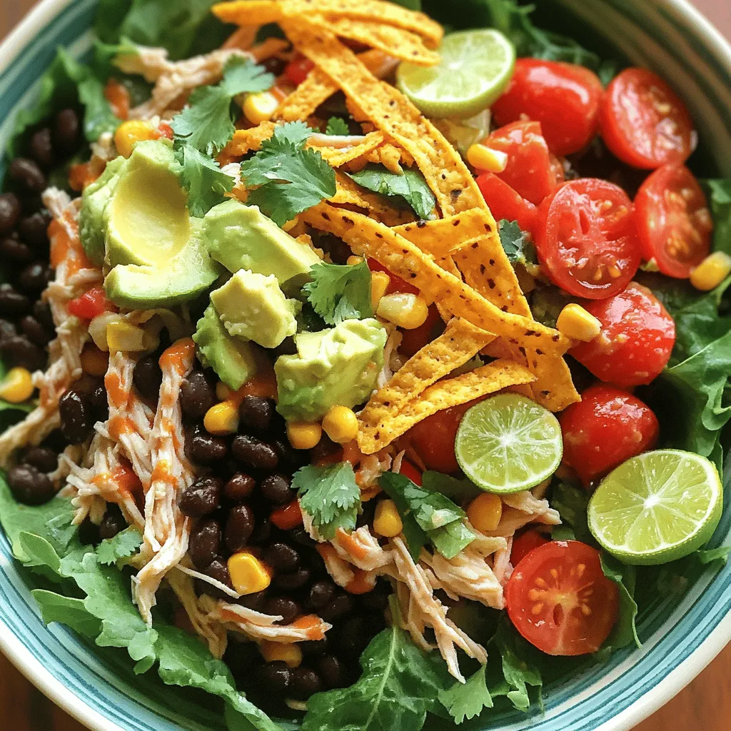 Here’s what you need for your Zesty Southwest Chicken Salad. Each ingredient adds flavor and texture. - 2 cups cooked chicken breast, shredded - 1 can (15 oz) black beans, rinsed and drained - 1 cup corn kernels (fresh or frozen, thawed if frozen) - 1 red bell pepper, diced into bite-sized pieces - 1 ripe avocado, diced - ½ medium red onion, finely chopped - 1 cup cherry tomatoes, halved - 1 cup romaine lettuce, chopped into strips - ½ cup fresh cilantro, chopped - ¼ cup freshly squeezed lime juice - 3 tablespoons extra virgin olive oil - 1 tablespoon ground cumin - 1 teaspoon chili powder - Salt and pepper to taste - Optional: crunchy tortilla strips for garnish These ingredients create a colorful and tasty salad. You can find the full recipe included in this guide. Each item plays a role in making the salad fresh and zesty. The chicken gives protein, while the beans add fiber. Avocado adds creaminess, and lime juice brings a bright flavor. When you gather these ingredients, think about freshness. Choose ripe avocados and firm bell peppers. Quality matters, and it shows in your dish. This salad is perfect for lunch or dinner and is quick to prepare. Enjoy the process of making it! - Combine the base ingredients in a large mixing bowl. - Add 2 cups of shredded chicken, 1 can of black beans, 1 cup of corn, 1 diced red bell pepper, 1 diced avocado, ½ finely chopped red onion, 1 cup of halved cherry tomatoes, and 1 cup of chopped romaine lettuce. - Stir gently to ensure even distribution of all ingredients. This helps every bite be full of flavor. - In a small bowl, whisk together ¼ cup of lime juice, 3 tablespoons of olive oil, 1 tablespoon of cumin, 1 teaspoon of chili powder, and a pinch of salt and pepper. - Mix thoroughly until the dressing is well blended. The flavors should meld together and create a zesty taste. - Drizzle the dressing over the salad and mix thoroughly. - Use a spatula or large spoon to gently toss the salad. This ensures all ingredients are coated with the dressing. - Incorporate the fresh cilantro next. Adjust seasoning as needed with more salt and pepper. This step is crucial for enhancing the overall flavor. Enjoy your Zesty Southwest Chicken Salad! For the complete dish, refer to the Full Recipe above. To make your Zesty Southwest Chicken Salad stand out, focus on presentation. Use large, vibrant bowls or a colorful platter. This makes the salad look fresh and inviting. Garnish the top with extra cilantro and a few slices of avocado. This adds color and taste. For a fun touch, serve crunchy tortilla strips in a small bowl on the side. Guests can add them as they like. To boost the flavor, consider adding spices like smoked paprika or garlic powder. These spices can add depth to your dish. If you want it spicier, try adding more chili powder or diced jalapeños. Adjust these spices based on your taste. Start small, then add more until you reach your preferred heat level. For the chicken, grilling or baking works best. Both methods keep the chicken moist and flavorful. Make sure to season it well before cooking. Once cooked, shred it into bite-sized pieces. This will make it easy to mix into the salad. When dicing vegetables, aim for uniform sizes. This helps them mix well and look good in the salad. Use a sharp knife for clean cuts. For the best results, practice your dicing skills with different veggies. For the complete recipe, check out the Full Recipe section. {{image_4}} You can switch up the proteins in your Zesty Southwest Chicken Salad. Try using grilled shrimp, tofu, or chickpeas. Each option brings its own flair to the dish. For veggies, you can replace or add ingredients based on what you have. Consider using: - Diced cucumbers for a refreshing crunch - Sliced radishes for a bit of spice - Chopped spinach for more greens These substitutions keep the salad fresh and exciting. You can customize it to fit your taste or diet. The dressing can change the game's flavor. You can add different herbs or spices for a unique twist. Think about using: - Fresh basil for a sweet note - Oregano for a Mediterranean touch - Garlic powder for extra depth You can also try different vinaigrettes or creamy dressings. A honey mustard dressing or avocado dressing can add creaminess and sweetness. Each option enhances the salad in its own way. Making this salad fit your diet is easy. It can be gluten-free by using gluten-free tortillas. For a vegan version, skip the chicken and use chickpeas or tofu. If you want to cut calories, use less olive oil and add more veggies. To boost protein, consider adding more chicken or beans. These adjustments keep the salad healthy and satisfying. After enjoying your Zesty Southwest Chicken Salad, store any leftovers in the fridge. Use an airtight container to keep it fresh. This salad stays good for about three days. If you notice any wilted greens or soggy ingredients, it's best to toss them out. If you want to save some for later, freeze the ingredients separately. Chicken, beans, and corn freeze well. For the best taste, do not freeze fresh avocados or herbs. They can turn brown and mushy. Instead, add them fresh when you serve the salad. This way, you keep all the flavors and textures just right. You can use grilled shrimp, tofu, or chickpeas. These options add protein and flavor. They also keep the salad fresh. Add extra chili powder or jalapeños for heat. You can also include hot sauce for a kick. Start small and taste as you go. Yes, you can prepare the salad a few hours ahead. Store the dressing separately to keep it fresh. Mix it right before serving for the best taste. Serve it with tortilla chips, guacamole, or corn on the cob. A light soup or fresh fruit also pairs nicely. These sides enhance the meal's flavor and texture. You can create a delicious Southwest Chicken Salad with simple steps. Use fresh ingredients like chicken, beans, and avocado to build great flavor. The dressing adds a zesty kick that makes it perfect. Feel free to adjust spices or switch out ingredients to fit your taste. This meal is not only tasty but also easy to store as leftovers. Enjoy making this healthy salad for yourself or sharing it with friends. This recipe is versatile and great for any occasion. Dive into the flavors and have fun experimenting!