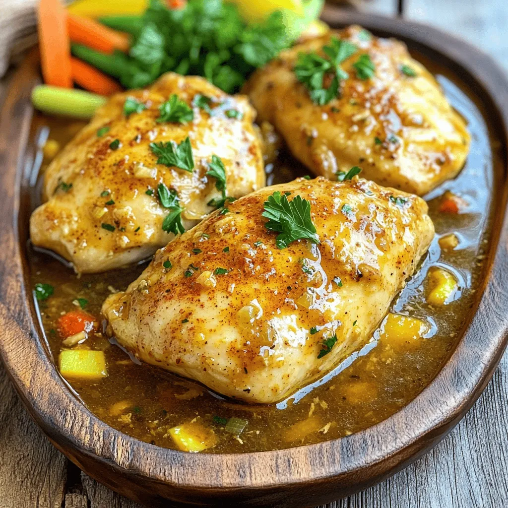 For this recipe, you need 2 to 4 frozen chicken breasts. They should weigh about 1.5 to 2 pounds. Frozen chicken breasts are great for quick meals. The seasoning gives the chicken great flavor. Here’s what you need: - 2 teaspoons garlic powder - 1 teaspoon onion powder - 1 teaspoon paprika - 1 teaspoon Italian seasoning - Salt and freshly cracked pepper to taste Mix these spices together in a bowl. This blend makes your chicken taste amazing. You can use broth to keep the chicken juicy. Here are your choices: - 1 cup chicken broth (for rich flavor) - 1 cup vegetable broth (for a lighter taste) The broth adds moisture and helps the chicken cook evenly. You can find both options at any grocery store. For the full recipe, check out Instant Pot Magic: Juicy Frozen Chicken Breasts. Start by plugging in your Instant Pot. Select the 'Sauté' function and add one tablespoon of olive oil. Let it heat for about one minute until it looks shiny. This step helps to add flavor and color to your chicken. While the pot warms up, grab a small bowl. Mix together these spices: - 2 teaspoons garlic powder - 1 teaspoon onion powder - 1 teaspoon paprika - 1 teaspoon Italian seasoning - Salt and freshly cracked pepper to taste Take your frozen chicken breasts and rub the spice mix all over them. Make sure to cover each piece well. The seasoning will help the chicken taste great. When the olive oil is hot, carefully place the seasoned frozen chicken breasts in the pot. Pour one cup of chicken broth around the edges of the pot. This broth adds moisture and keeps the chicken tender without touching it directly. Next, close the lid and set the steam valve to 'Sealing'. Press the 'Manual' or 'Pressure Cook' button. Set the timer for 10 minutes if your chicken is thin, or 12 minutes for thicker pieces. After cooking, let the pressure release naturally for about 5 minutes. Then, switch the steam valve to 'Venting' to let out any remaining pressure. Open the lid carefully. Use a meat thermometer to check that the chicken's internal temperature reaches at least 165°F (75°C). If it’s done, you can serve it whole or shred it with two forks. For extra flavor, you can make a sauce with the leftover broth. Follow these steps, and you'll have juicy, tasty chicken in no time. For the full recipe, check the earlier section. To ensure your chicken is cooked just right, use a meat thermometer. The internal temperature should reach 165°F (75°C). If your chicken breasts are thick, you might need to increase the cooking time slightly. After cooking, let the chicken rest for a few minutes. This helps keep it juicy and tender. You can boost the flavor of your chicken with simple changes. Try adding lemon juice or zest to the broth for brightness. Fresh herbs like thyme or rosemary can also add depth. If you like it spicy, include some cayenne pepper or crushed red pepper flakes in your seasoning mix. These small tweaks can turn a good dish into a great one. How you serve your chicken matters. Slice the breasts into even pieces to show off the juicy interior. Arrange them on a nice platter and sprinkle fresh parsley or cilantro on top. This adds color and makes the dish look inviting. Pair your chicken with colorful sides like roasted veggies or a fresh salad. A well-presented plate not only looks good, but it also enhances the dining experience. For more detailed instructions and tips, check out the Full Recipe. {{image_4}} You can change up the flavor by using different spices. Try using taco seasoning for a zesty twist. Or, go for a sweet and smoky flavor with barbecue seasoning. For an Asian flair, use soy sauce, ginger, and sesame oil. You can also use fresh herbs like rosemary or thyme for a bright taste. Sauces can take your chicken to the next level. A simple lemon butter sauce is fresh and rich. Mix melted butter with lemon juice and a bit of garlic for a bright flavor. For a creamy option, whisk together sour cream, ranch seasoning, and a splash of milk. You can also try a spicy buffalo sauce for a kick. Serving your chicken well makes it look appealing. Slice the chicken and place it on a bed of rice or quinoa for a filling meal. You can also shred it for tacos or sandwiches. Pair it with crunchy vegetables for a salad. Drizzle with your favorite sauce to add flavor and color. For a heartier option, serve it alongside roasted potatoes or pasta. For more ideas, check out the Full Recipe for inspiration! After you cook your chicken, let it cool. Place leftover chicken in a shallow container. Cover it tightly with a lid or plastic wrap. This helps keep it fresh. Store the chicken in the fridge. It will last for up to four days. If you want to save it longer, you can freeze it. To reheat leftover chicken, use the microwave or the oven. If using the microwave, place the chicken on a plate. Cover it with a damp paper towel. Heat it in short bursts, checking often. In the oven, set it to 350°F (175°C). Place the chicken in a baking dish. Add a splash of broth to keep it moist. Heat for about 15 to 20 minutes. If you freeze cooked chicken, it will stay fresh for up to three months. Cut the chicken into pieces for easy storage. Wrap each piece in plastic wrap, then place it in a freezer bag. Remove as much air as possible. Label the bags with the date. When ready to eat, thaw the chicken overnight in the fridge. You can also use it straight from the freezer in soups or stews. Yes, you can cook fresh chicken breasts in the Instant Pot. The cooking time will be shorter. For fresh chicken, set the timer for about 6 to 8 minutes. Always check the internal temperature. It should reach 165°F (75°C) for safe eating. If your chicken isn't done, don't worry. Simply seal the pot again and cook for a few more minutes. Check the temperature again afterward. This is why a meat thermometer is a great tool. It helps you ensure perfect doneness every time. To make this recipe low-carb, choose a low-carb broth. You can also skip any added sugars in seasoning. Use more herbs and spices for flavor. Serve with non-starchy veggies like broccoli or cauliflower to keep it low-carb and delicious. For full details, check the Full Recipe. This guide showed you how to cook chicken breasts in an Instant Pot. We covered ingredients, step-by-step instructions, and tips for perfect results. You learned how to enhance flavors and present your dish well. Variations and storage tips help you adapt and keep leftovers fresh. With answers to common questions, you're now ready to create a delicious meal. Enjoy cooking and experimenting with your chicken dishes!
