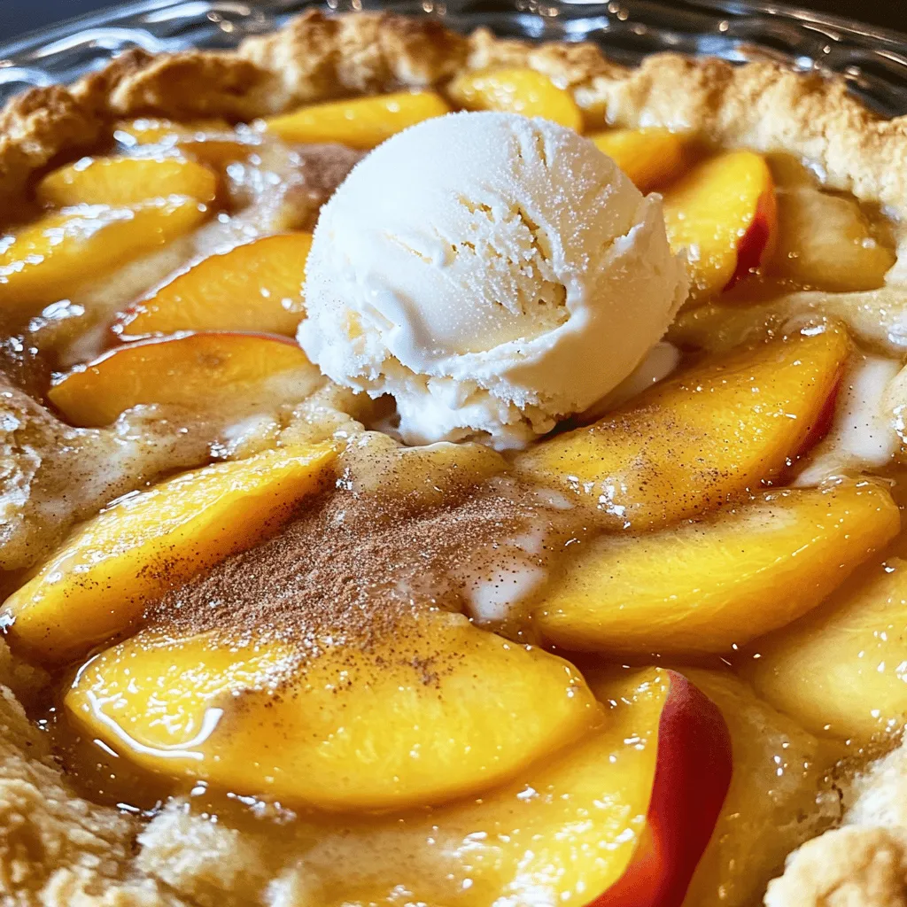 - 4 cups fresh peaches - 1 cup granulated sugar - 1 cup all-purpose flour - 1 cup milk To make a great peach cobbler, you need fresh peaches. Their sweet taste shines through. You will also need sugar to enhance the flavor. The flour gives structure, while milk keeps it moist. - Vanilla extract - Ground cinnamon - Lemon juice Adding vanilla makes your cobbler smell amazing. Ground cinnamon adds warmth, and a touch of lemon juice brightens the flavor. These extras are not must-haves but they do make a difference. - Mixing bowls - Whisk - 9x13 inch baking dish - Measuring cups and spoons You will need mixing bowls to combine your ingredients. A whisk helps mix everything well. A 9x13 inch baking dish is perfect for this recipe. Lastly, measuring cups and spoons ensure you get the right amounts. You can find the Full Recipe to follow if you want step-by-step guidance on making this simple dessert. Set your oven to 350°F (175°C). This will help your cobbler bake evenly. A hot oven makes a big difference. In a large bowl, combine the sliced peaches, ¾ cup of sugar, vanilla extract, ground cinnamon, and lemon juice. Gently toss everything together with a spatula. Let the peaches sit for about 15 minutes. This step boosts the flavor and adds sweetness. In a separate bowl, whisk together the flour, baking powder, salt, and the remaining ¼ cup of sugar. Mix until the dry ingredients are well blended. Gradually add the milk while whisking. Keep mixing until you have a smooth batter, free of lumps. Take a 9x13 inch baking dish and pour the melted butter evenly across the bottom. Next, pour the prepared batter over the butter. Do not stir! Finally, spoon the marinated peaches and their juices on top. Avoid stirring again! This will create a lovely cobbler texture. Place the baking dish in your preheated oven. Bake for 40-45 minutes. Look for a golden brown crust and bubbling peach juices around the edges. This shows your cobbler is ready. For the full recipe, you can refer back to the detailed instructions. Enjoy the process and the delicious results! When making peach cobbler, layering the ingredients is key. You want to place the batter, then the peaches, without stirring. This method helps create a nice texture. The batter rises and forms a crust while baking, allowing the juices to soak in. It gives a great contrast between the crust and the soft peaches. Remember, no stirring! To boost the flavor of your cobbler, consider adding spices. Ground nutmeg pairs well with cinnamon. A pinch of allspice can add warmth, too. If you love a bit of tartness, try adding a splash of almond extract or a few drops of orange juice. You can also mix in some blueberries or blackberries for extra fun. These little tweaks will take your cobbler to the next level. Serve your peach cobbler warm for the best taste. It pairs nicely with a scoop of vanilla ice cream. Whipped cream is another tasty option. For a twist, try drizzling honey or caramel sauce on top. You can also sprinkle some chopped nuts for crunch. Enjoy it straight from the oven, or let it cool a bit for a different texture. Check out the Full Recipe for more details! {{image_4}} You can easily switch out the peaches for other fruits. Berries work great! Try blueberries or raspberries for a fresh twist. Apples also make a nice choice, adding a crisp texture. Just remember to adjust the sugar based on the fruit's sweetness. If you want a gluten-free cobbler, use gluten-free flour instead of all-purpose flour. Many brands offer blends that work well in baking. You can also check for gluten-free baking powder. This way, you can enjoy the cobbler without worry. Just follow the same steps in the Full Recipe, and you’ll have a tasty treat! To make a vegan peach cobbler, swap out the milk for almond or oat milk. Replace the butter with coconut oil or a vegan butter substitute. Use a flax egg instead of regular eggs if you want to add some. Mix one tablespoon of flaxseed meal with three tablespoons of water. Let it sit for five minutes, and it’s ready to use! Enjoy your vegan cobbler warm, maybe with some plant-based ice cream on top. To keep your cobbler fresh, let it cool before storing. Place it in an airtight container. You can also cover it with plastic wrap or foil. Store the cobbler in the fridge. It will last for about 3 to 4 days. If you want to keep it longer, consider freezing it. To reheat your cobbler, first, take it out of the fridge. You can use the oven or the microwave. For the oven, preheat it to 350°F (175°C). Place the cobbler in a baking dish and cover it with foil. Heat for about 15 to 20 minutes. This method keeps the crust nice and crisp. If using the microwave, heat in short bursts. Check it every 30 seconds to avoid overcooking. Freezing is a great option for leftovers. First, let the cobbler cool completely. Cut it into portions and wrap each piece in plastic wrap. Then, place the wrapped pieces in a freezer-safe bag. Squeeze out as much air as possible. Label the bag with the date. It will stay good for up to three months. When you’re ready to enjoy it, thaw overnight in the fridge, then reheat as mentioned above. For the full recipe, refer to the earlier sections. Yes, you can use canned peaches if fresh ones are not available. Canned peaches are often sweeter and softer. When using canned peaches, drain the syrup to avoid excess liquid. This will keep your cobbler from becoming soggy. Fresh peaches offer a firmer texture and brighter flavor, but canned peaches are a good alternative in a pinch. Just remember to adjust the sugar, as canned peaches can be sweeter. Peach cobbler lasts about 3 to 5 days in the fridge. To keep it fresh, cover the dish tightly with plastic wrap or aluminum foil. The cobbler may lose some crispness over time but will still taste great. You can reheat it in the oven for about 10 minutes to regain some texture. This way, you can enjoy the flavors longer. Serve peach cobbler warm for the best experience. A scoop of vanilla ice cream on top adds a creamy touch. Whipped cream also works well if you prefer a lighter option. You can also sprinkle cinnamon or nutmeg on top for extra flavor. Pairing it with a fresh mint leaf adds a nice pop of color and freshness. For even more fun, try serving it with a drizzle of caramel sauce! You can find the full recipe for this delightful dessert above. You learned how to make a delicious peach cobbler. We covered key ingredients, tools, and steps. I shared tips for the best texture and flavor. You can even try fun variations like gluten-free or vegan. Remember, practice makes perfect. Don’t hesitate to experiment with flavors or fruits. Enjoy your baking journey and delight in every bite of your homemade cobbler!