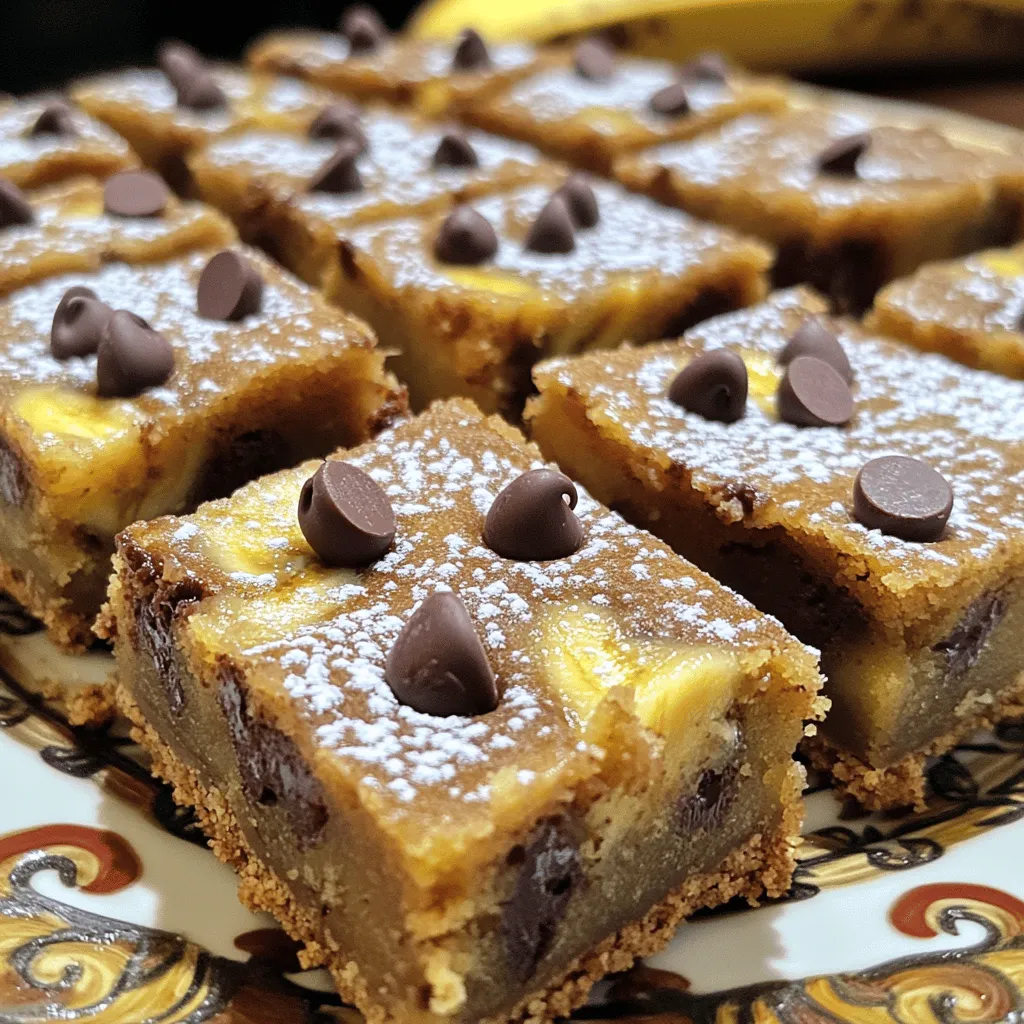- 2 ripe bananas, well mashed - 1/2 cup unsalted butter, melted and slightly cooled - 1/2 cup packed brown sugar - 1/4 cup granulated sugar - 2 large eggs, at room temperature - 1 teaspoon pure vanilla extract - 1 cup all-purpose flour - 1/2 teaspoon baking powder - 1/4 teaspoon baking soda - 1/4 teaspoon fine salt The key to these bars is ripe bananas. They add natural sweetness and moisture. Choose bananas that are brown and soft for the best flavor. The melted unsalted butter brings richness and helps the bars stay soft. Next, the sugars play a big role. Brown sugar gives a deep, caramel-like taste. Granulated sugar adds sweetness, balancing the flavors perfectly. Eggs provide structure. They bind the ingredients and help the bars rise. Vanilla extract adds a lovely aroma and flavor. Baking powder and baking soda are vital for leavening. They help the bars rise and become fluffy. Finally, flour creates the base. It holds everything together, so choose all-purpose flour for the right texture. - 1/2 cup semi-sweet chocolate chips - 1/4 cup chopped walnuts Adding semi-sweet chocolate chips takes these bars to another level. They melt into gooey pockets of goodness. Chopped walnuts add a nice crunch and a nutty flavor. If you prefer a nut-free version, skip the walnuts. You can find the full recipe [here]. - Preheat oven to 350°F (175°C). - Grease a 9x9 inch baking pan or line with parchment paper. Start by heating your oven to 350°F. This step is key for even baking. Choose a 9x9 inch baking pan. Greasing it helps the bars come out easily. If you prefer, you can line the pan with parchment paper. This makes cleanup a breeze! - Combine mashed bananas with melted butter. - Incorporate sugars and mix well. - Add eggs and vanilla extract. Next, take your ripe bananas and mash them until smooth. Mix in the melted butter until it looks creamy. Add both brown and granulated sugars. Stir this mixture well so the sugars melt into the bananas. Then, beat in the eggs one at a time. Finally, stir in the pure vanilla extract to give it a nice flavor. - Whisk together flour, baking powder, baking soda, and salt. - Fold dry ingredients into the wet mixture. - Gently mix in chocolate chips and walnuts. In a separate bowl, whisk together flour, baking powder, baking soda, and salt. This helps to combine the dry ingredients evenly. Now, fold the dry mix into the wet banana mixture. Be gentle here; overmixing can make the bars tough. Once just combined, add the chocolate chips and walnuts, folding them in until evenly spread. - Pour batter into the prepared pan. - Bake for 25-30 minutes, checking for doneness. Pour the batter into your prepared pan. Use a spatula to spread it evenly. Bake it in the oven for 25 to 30 minutes. Check for doneness by inserting a toothpick into the center. It should come out clean with a few moist crumbs, but no wet batter. This method will give you perfect, chewy chocolate chip banana bars. For the full recipe, refer to the provided link. To make your chocolate chip banana bars soft, avoid overmixing the batter. Overmixing can lead to dense bars. Mix just until the dry ingredients combine with the wet ones. This keeps the bars light and fluffy. Need ripe bananas fast? Place your bananas in a brown paper bag. Seal the bag and leave it at room temperature. The ethylene gas will speed up ripening. You can also bake unpeeled bananas at 300°F for about 15-20 minutes. Let them cool before mashing. Both methods work great! Want to boost flavor? Try adding a dash of cinnamon or nutmeg. These spices add warmth and depth to the bars. You can even experiment with different types of chocolate. Dark chocolate, milk chocolate, or even white chocolate can change the taste. Mix and match to find your favorite! When your bars cool, cut them into neat squares. Use a sharp knife for clean cuts. For a lovely display, arrange them on a colorful plate. For extra flair, dust some powdered sugar on top. This gives a pretty finish. You can also serve the bars with a scoop of ice cream. The combination of warm bars and cold ice cream is pure joy! For the full recipe, please refer to the section above. {{image_4}} You can make these bars gluten-free! Just swap out the all-purpose flour for a gluten-free blend. Look for a mix that includes xanthan gum. This helps to give your bars the right texture. You can also use almond flour or coconut flour, but you might need to adjust the amount of liquid. Each flour has its unique properties, so experiment to find what you like best. Want a vegan treat? You can replace eggs with flax eggs or applesauce. For flax eggs, mix one tablespoon of ground flaxseed with two and a half tablespoons of water. Let it sit for a few minutes until it thickens. If you prefer applesauce, use a quarter cup for each egg. Also, swap out regular butter for plant-based butter. This keeps the bars moist and delicious. If you want a healthier version, try reducing the sugar. You can use honey or maple syrup instead. These natural sweeteners can add a nice flavor. For extra nutrition, add healthy mix-ins like oats or seeds. They give the bars a fun texture and boost the fiber. You can also toss in some dark chocolate chips for a richer taste, making them a bit more indulgent while still being better for you. Check out the Full Recipe for all the details on how to make these variations! You can store your chocolate chip banana bars at room temperature. Just keep them in an airtight container. This will keep them fresh for about three days. If you want them to last longer, put them in the fridge. They can stay fresh for up to a week in there. Make sure you wrap them well to prevent dryness. Freezing chocolate chip banana bars is easy and smart. First, let the bars cool completely. Then, cut them into squares. Wrap each square in plastic wrap. After that, place them in a freezer bag. You can freeze these bars for up to three months. To thaw, take them out and let them sit at room temperature for a few hours. You can also heat them gently in the microwave for a warm treat. For the best taste, eat your chocolate chip banana bars within three days if stored at room temperature. If kept in the fridge, they taste great for up to a week. When frozen, they will keep their flavor and texture for about three months. So, enjoy them fresh or save them for later! You want your bananas to be very ripe. Look for bananas with brown spots. The more spots, the sweeter they are. Overripe bananas make the bars moist and flavorful. If your bananas are still yellow, let them sit for a few days. They will ripen quickly. Yes, you can double the recipe! Use a larger pan, like a 9x13 inch one. This will help the bars bake evenly. Keep an eye on the baking time. You might need to add a few extra minutes. Check for doneness using a toothpick. If you need an egg substitute, use 1/4 cup of unsweetened applesauce. You can also use flax eggs. To make a flax egg, mix one tablespoon of flaxseed meal with three tablespoons of water. Let it sit for a few minutes to thicken. Both options help keep the bars moist. To cut the bars cleanly, use a sharp knife. Run the knife under hot water, then dry it before cutting. This helps make smooth cuts. Wait until the bars cool completely to avoid crumbling. Cutting while warm can lead to messy pieces. In this post, we covered how to create delicious chocolate chip banana bars. You learned about the key ingredients, step-by-step instructions, and tips for perfect texture. We also discussed variations, storage tips, and answers to common questions. These bars are easy to make and can adapt to fit your needs. Enjoy making your own version at home and share them with friends or family. You will love how they turn out!