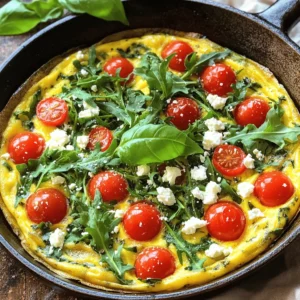 For a delicious arugula frittata, you need the following main ingredients: - 6 large eggs - 1 cup fresh arugula, roughly chopped - ½ cup cherry tomatoes, halved - ¼ cup feta cheese, crumbled - ¼ cup milk - 2 tablespoons extra virgin olive oil - 1 clove garlic, finely minced - Salt and freshly ground black pepper to taste These ingredients blend well to create a rich and tasty frittata. The eggs form the base, while the arugula adds a peppery touch. Cherry tomatoes bring sweetness, and feta cheese gives a creamy texture. Each bite bursts with flavor. You can make your frittata even more special with these optional garnishes: - Fresh basil leaves Adding fresh basil not only looks great but also adds a fragrant aroma. It complements the frittata's flavors and makes it more inviting. Measuring ingredients correctly is key. Use a liquid measuring cup for milk and a standard cup for arugula and cheese. Fresh arugula should be chopped roughly to ensure even cooking. When mixing the eggs, whisk them until smooth. This ensures a fluffy texture. If you want to elevate your frittata, try using organic eggs or locally-sourced feta. These small choices can make a big difference in taste. For the freshest flavor, buy arugula just before cooking. You can find the full recipe for this arugula frittata above. Enjoy cooking! First, preheat your oven to 375°F (190°C). This heat is key for a proper bake. While the oven warms, grab an oven-safe skillet. I love using cast iron for its even heat. Add 2 tablespoons of extra virgin olive oil to the skillet. Heat it over medium heat. You want the oil to shimmer but not smoke. This step ensures a great base for your frittata. In a large mixing bowl, crack 6 large eggs. Whisk them well until smooth. Then, add ¼ cup of milk, a pinch of salt, and some freshly ground black pepper. Mix until everything blends nicely. Now, fold in 1 cup of roughly chopped arugula and ½ cup of halved cherry tomatoes. Finally, sprinkle in ¼ cup of crumbled feta cheese. This mix brings great flavor and nutrients. Set this aside for a moment to let the flavors meld together. Carefully pour the egg mixture into your hot skillet. Stir gently to combine with the garlic. Cook it undisturbed for about 3-4 minutes. You want the edges to firm up while the center remains a bit runny. This creates a nice texture. After that, move the skillet to your preheated oven. Bake for 15-20 minutes. Check if it’s done by inserting a knife in the center. It should come out clean. Once baked, take it out and let it cool for a few minutes. This makes slicing much easier. After cooling, slice into wedges and serve warm. Enjoy the beautiful colors and flavors of your arugula frittata! For the complete instructions, refer to the Full Recipe. To create a fluffy frittata, use fresh eggs. Farm-fresh eggs make a big difference. Whisk them well with milk until they are light and airy. This air helps the frittata rise. Cook it slowly over medium heat to avoid burning. The edges should be firm, while the center stays soft. Baking it in the oven finishes cooking without drying it out. One mistake is overcooking the frittata. Check it often as it bakes. If you leave it too long, it can become rubbery. Another error is not letting it cool slightly before slicing. This makes it hard to cut cleanly. Avoid using too many heavy ingredients, which can weigh it down. Stick to the recipe for balance. A good quality oven-safe skillet is key. It should handle both stovetop and oven heat. Use a whisk for mixing the eggs, and a spatula to gently fold in the veggies. A sharp knife helps with slicing the frittata. Finally, a wooden cutting board makes for a nice serving display. For the full recipe, check out Arugula Frittata Delight. {{image_4}} You can easily make your arugula frittata more veggie-filled. Try adding bell peppers, onions, or mushrooms. They bring a nice crunch and flavor. You can also toss in some spinach for extra greens. Just remember to sauté these before adding them to the eggs. This helps their flavors shine and keeps the frittata moist. Want a protein kick? Add cooked bacon, sausage, or ham to your frittata. These meats make it heartier and tasty. If you prefer plant-based options, consider adding black beans, chickpeas, or quinoa. They pack a protein punch without meat. Mix them in with the eggs for a filling meal. If you want to skip dairy, you have options. Use almond milk or oat milk instead of regular milk. For cheese, try nutritional yeast for a cheesy flavor without dairy. You can also use vegan cheese if you want something melty. These swaps keep the frittata creamy and delicious while catering to your dietary needs. For more ideas, check the Full Recipe for variations and tips. To store your arugula frittata, let it cool first. Cut it into wedges. Use an airtight container to keep it fresh. Place a piece of parchment paper between layers if stacked. This prevents sticking. Store it in the fridge for up to four days. When ready to eat, take out a wedge. You can reheat it in the microwave or on the stovetop. For the microwave, heat for 30 seconds to one minute. Check if it is warm throughout. On the stovetop, place it in a skillet over low heat. Cover it to trap steam, so it warms evenly. You can freeze arugula frittata, too. Wrap each wedge in plastic wrap. Then place the wrapped wedges in a freezer-safe bag. This keeps them fresh for up to three months. When you want to eat it, thaw in the fridge overnight. Reheat as usual, and enjoy! For the full recipe, check the section above. You can tell a frittata is done when it looks puffed and golden. You should check the center with a knife. If the knife comes out clean, your frittata is ready. If it is still wet or runny, bake it a little longer. Remember, the edges should feel firm, while the middle may still jiggle slightly. Yes, you can use other greens! Spinach is a great choice and adds a nice flavor. Kale works well too, but chop it finely. Swiss chard or collard greens can also be good options. Just make sure to sauté any tough greens first to soften them before adding to the egg mix. This keeps the frittata tender and tasty. Frittatas pair well with many sides. A fresh green salad adds a nice crunch. You could also serve roasted potatoes for a hearty option. Sliced avocados or a fruit salad can bring a fresh touch too. If you want something warm, toast or crusty bread is a great choice. Feel free to mix and match your favorites! For the full recipe, check out the Arugula Frittata Delight. In this blog post, we explored how to make a great arugula frittata. We covered key ingredients, preparation tips, and step-by-step cooking instructions. I shared tips for perfect texture and common mistakes to avoid. You also learned about delicious variations and how to store your frittata properly. With these simple guidelines, you can create a tasty frittata anytime. Trust your skills and enjoy your cooking!