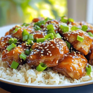 - 1 pound boneless, skinless chicken thighs - 1/2 cup honey - 1/4 cup of your favorite BBQ sauce - 2 cups cooked jasmine rice - 2 tablespoons soy sauce - 2 cloves garlic, finely minced - 1 tablespoon fresh ginger, finely minced - Garnishes: 1/4 cup chopped green onions - Garnishes: 1/4 cup toasted sesame seeds When I make Honey BBQ Chicken Rice, I focus on quality and flavor. First, I choose boneless, skinless chicken thighs. They stay juicy and soak up the sauce well. The honey and BBQ sauce create a sweet and tangy taste that makes this dish irresistible. Jasmine rice is my go-to base. It’s fluffy and fragrant, perfect for pairing with the chicken. If you want to add depth, consider soy sauce, garlic, and ginger. They give the dish extra umami and warmth. For garnishes, I love using green onions and sesame seeds. They not only look great but add a satisfying crunch. You can find the complete recipe for this dish in the Full Recipe section. First, grab a large mixing bowl. In it, combine the honey, BBQ sauce, soy sauce, minced garlic, and minced ginger. Whisk everything together until it blends well. This marinade adds a sweet and savory flavor to the chicken. Let the chicken marinate for at least 30 minutes. This time allows the flavors to sink in. If you can, marinate for up to 2 hours in the fridge. The longer it sits, the more tasty it becomes. Next, heat vegetable oil in a large skillet over medium heat. Use just enough oil to coat the bottom. Once hot, take the chicken out of the marinade. Let the excess marinade drip off before placing the chicken in the skillet. Sauté the chicken for about 6 to 8 minutes. Stir it often. You want the chicken to cook all the way through. It should turn golden brown and caramelized. Now it’s time to serve! Spoon cooked jasmine rice onto each plate. Top the rice with the honey BBQ chicken. Drizzle any leftover sauce from the skillet over the chicken for extra flavor. For a nice finish, sprinkle chopped green onions and toasted sesame seeds on top. These not only add color but also give you a bit of crunch. Enjoy your delicious meal! You can find the full recipe for Honey BBQ Chicken Rice [here](#). To get the most flavor into your chicken, marinate it well. A good rule is to let it soak for at least 30 minutes. For deeper flavor, aim for 2 hours in the fridge. This gives the honey and BBQ sauce time to soak in. When you cook the chicken, heat the oil until it shimmers. This means it’s ready. Sauté the chicken for 6 to 8 minutes. You want it golden-brown and cooked all the way through. To check, cut a piece open. If it’s no longer pink, it’s done. To make your dish pop, garnish with chopped green onions and sesame seeds. It adds color and crunch. Serve the chicken on a bed of rice. Drizzle some extra sauce on top for a glossy finish. This makes your meal look as good as it tastes. {{image_4}} Adding your twist to Honey BBQ Chicken Rice can make it even better. Here are some ideas. You can boost nutrition by adding vegetables. Try these options: - Bell peppers: They add color and sweetness. - Broccoli: This adds crunch and vitamins. - Snap peas: They bring a nice snap and freshness. Adding these veggies makes your meal colorful and healthy. Feel free to switch up the protein. You can use: - Chicken breasts: They are leaner but still tasty. - Pork or beef: These can add different flavors. - Tofu: A great vegetarian option that absorbs flavors well. - Tempeh: Another plant-based choice that is rich in protein. These options let you tailor the dish to your taste. While jasmine rice is great, you can try other grains. Consider: - Quinoa: It is high in protein and has a nutty taste. - Brown rice: This is more nutritious and has a chewy texture. - Cauliflower rice: A low-carb option that’s light and fluffy. Experimenting with rice gives your meal a new spin. For the full recipe, check [Full Recipe]. To store your Honey BBQ Chicken Rice, let it cool first. Place it in an airtight container. This helps keep it fresh. You can store it in the fridge for up to three days. Make sure to eat it within this time for the best taste and quality. To freeze portions, scoop the chicken and rice into freezer-safe bags. Squeeze out as much air as you can. Label the bags with the date. This way, you know when to use them. You can freeze the dish for up to three months. When you are ready to eat, thaw it in the fridge overnight. Reheat it in a skillet over medium heat. Add a splash of water or broth to keep it moist. Stir often for even heating. This will help you enjoy the meal just like when it was fresh. Yes, you can! Feel free to try different BBQ sauces. Here are some ideas: - Spicy BBQ Sauce: Adds a kick to your dish. - Sweet BBQ Sauce: Enhances the honey flavor. - Smoky BBQ Sauce: Adds depth and richness. - Mustard BBQ Sauce: Offers a tangy twist. Experiment and find your favorite. Each sauce brings its own taste. Absolutely! This recipe is great for meal prep. Here are my tips: - Cook Extra Rice: Make more rice than needed. - Store in Portions: Divide chicken and rice into containers. - Reheat: Use the microwave or stovetop for easy reheating. This dish stays tasty in the fridge for up to four days. You can make a few easy swaps for a healthier option. Consider these ideas: - Brown Rice: Swap jasmine rice for brown rice. - Lean Chicken: Use chicken breast instead of thighs. - Low-Sugar BBQ Sauce: Choose a low-sugar or homemade version. These changes keep the flavors while boosting nutrition. Honey BBQ chicken rice is simple and rewarding. You learned about its main ingredients, like chicken thighs, honey, and jasmine rice. I shared tips on marinating and cooking for the best flavor. You can also add veggies or try different rice types for more variety. In the end, this dish is versatile and easy to store or freeze. Whether you prep it for a week of meals or share it at dinner, you can make it yours. Enjoy your cooking journey with this flavorful recipe!