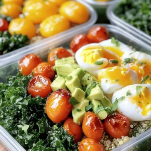 For my healthy meal prep breakfast bowls, I use simple yet tasty ingredients. Here’s what you need: - 1 cup quinoa, thoroughly rinsed - 2 cups vegetable broth or water - 4 large fresh eggs - 1 cup cherry tomatoes, halved - 1 cup canned black beans, drained and rinsed - 1 ripe avocado, diced - 1 cup fresh kale, chopped into bite-sized pieces - 1 tablespoon extra virgin olive oil - 1 teaspoon garlic powder - 1 teaspoon paprika - Salt and pepper to taste - Fresh cilantro leaves, for garnish Each ingredient packs a punch of nutrition. Here’s what they bring to the table: - Quinoa: This grain is rich in protein and fiber. It helps keep you full. - Eggs: Eggs are a great source of protein and healthy fats. They support muscle health. - Cherry tomatoes: These are high in vitamins A and C. They boost your immune system. - Black beans: Packed with protein and fiber, black beans help regulate digestion. - Avocado: This fruit provides healthy fats and potassium. It’s great for heart health. - Kale: Kale is loaded with vitamins K, A, and C. It has strong antioxidants. - Olive oil: Rich in healthy fats, olive oil supports heart health too. - Garlic powder: This adds flavor and has many health benefits, like boosting immunity. - Paprika: It adds a smoky taste and is high in antioxidants. - Cilantro: This herb adds freshness and may help detoxify the body. Choosing fresh produce makes your breakfast bowls even better. Here are some tips: - Quinoa: Look for grains that are clean and dry. Avoid any with a musty smell. - Tomatoes: Choose firm, bright tomatoes. They should feel slightly soft when you press them. - Avocado: Pick avocados that yield slightly when pressed. They should not be too hard or mushy. - Kale: Select kale with deep green leaves. Avoid any yellow or wilting leaves for freshness. - Cilantro: Fresh cilantro should be bright green with no brown spots. Smell it for freshness. Use these tips to gather fresh ingredients for your nourishing meal prep breakfast bowls. Enjoy your cooking! Start by rinsing 1 cup of quinoa under cold water. This step removes any bitter taste. In a medium pot, bring 2 cups of vegetable broth or water to a boil. Once boiling, add the rinsed quinoa. Reduce the heat to low and cover the pot. Let it simmer for about 15 minutes. After that, the quinoa should be fluffy, and the liquid will be absorbed. Remove from heat and let it cool a bit. While your quinoa cooks, preheat your oven to 375°F (190°C). Line a baking sheet with parchment paper. Spread 1 cup of halved cherry tomatoes evenly on the sheet. Drizzle 1 tablespoon of extra virgin olive oil over them. Sprinkle with 1 teaspoon of garlic powder, 1 teaspoon of paprika, salt, and pepper to taste. Toss gently to coat the tomatoes. Roast them in the oven for 15 minutes. They should be soft and slightly caramelized. In a large skillet, heat a little olive oil over medium heat. Add 1 cup of chopped kale. Sauté for about 3-5 minutes until the kale is tender and wilted. Season with salt and pepper, then set aside. For the eggs, fill a separate saucepan with water and bring it to a gentle simmer. Crack 4 large eggs into small bowls. Carefully slide the eggs into the simmering water, one at a time. Poach for 3-4 minutes. The whites should be set, and the yolks stay runny. Use a slotted spoon to lift them out and place them on a plate. To assemble your bowls, divide the cooked quinoa among four meal prep containers. Layer each bowl with the sautéed kale. Next, add the black beans, roasted cherry tomatoes, and a poached egg. Top with diced avocado. Finally, garnish each bowl with fresh cilantro leaves. You can add a sprinkle of salt and pepper for extra flavor. This meal prep is not only easy but also tasty! For the full recipe, check out the Nourishing Meal Prep Breakfast Bowls. To make your breakfast bowls quick and easy, planning is key. Here are some smart techniques for meal prep: - Cook in bulk: Make a larger batch of quinoa at once. Store it in the fridge for up to five days. - Use one pan: Roast tomatoes and sauté kale on the same baking sheet. This saves time and helps with cleanup. - Chop ahead: Dice your avocado and chop kale the night before. This makes morning assembly quick. - Portion wisely: Use clear containers to divide your meals. This way, you can easily grab one on busy mornings. Poached eggs can elevate your breakfast bowls. Here’s how to get them just right: - Fresh eggs: Use the freshest eggs you can find. They hold their shape better when poached. - Gentle simmer: Keep the water at a gentle simmer, not a rolling boil. This helps the egg whites stay together. - Vinegar trick: Add a splash of vinegar to the water. It helps the egg whites firm up faster. - Timing matters: Poach the eggs for about three to four minutes. This gives you a runny yolk that’s perfect for topping. Avoid these common pitfalls for the best breakfast bowls: - Overcooking quinoa: Watch your quinoa closely. It should be fluffy, not mushy. - Skipping seasoning: Don’t forget to season your veggies. A little salt and pepper make a big difference. - Making too much: Start with a smaller batch if you're new to meal prep. You can always make more later. - Ignoring storage: Use airtight containers to keep your breakfast bowls fresh. This prevents spoilage and keeps flavors vibrant. These tips will help you create healthy meal prep breakfast bowls that are easy and delicious. For the full recipe, check back in the earlier sections! {{image_4}} You can change the protein in your breakfast bowl. Tofu is a great option. It absorbs flavors well and is rich in protein. Just cube some firm tofu and sauté it with your favorite spices. Chicken is another choice. Cooked, shredded chicken adds a nice texture. Use leftover roasted chicken for ease. You can also try beans like chickpeas or lentils for added protein. Each option offers unique flavors and fits well with the quinoa base. Feel free to mix up your vegetables. Spinach, bell peppers, or zucchini work great. You can even use frozen vegetables if you’re short on time. Each vegetable brings its own taste and nutrients. For seasonings, try adding cumin, chili powder, or even fresh herbs. Experiment with different spices to find your favorite flavor combinations. This will keep your breakfast bowls fresh and exciting. To make your breakfast bowl vegan, skip the eggs. Instead, add more avocado or some vegan cheese. You can also use chickpea flour to create a scramble. This will give you a similar texture and flavor. If you want it gluten-free, ensure your quinoa is certified gluten-free. Most quinoa is naturally gluten-free, but it’s always good to check. Enjoy these bowls without worry about dietary restrictions. For a complete guide on creating these nourishing meals, check the Full Recipe. I recommend using glass or BPA-free plastic containers. Glass is great because it keeps food fresh. It also resists stains and odors. Plastic containers are lightweight and easy to handle. Look for ones with tight-fitting lids to prevent spills. If possible, choose containers that are microwave-safe. This makes reheating easier. These breakfast bowls can last up to four days in the fridge. Make sure to store them in airtight containers. This helps keep the flavors fresh. Label each container with the date you made them. This way, you can track how long they have been stored. If you notice any changes in color or smell, throw them away. When reheating, try to use the microwave for quick meals. Remove the lid to let steam escape. Heat in short intervals, about 30 seconds at a time. Stir between each interval to heat evenly. If you prefer the oven, cover the bowl with foil to keep moisture. Bake at 350°F (175°C) until heated through. This method helps keep the toppings from getting soggy. To make healthy meal prep breakfast bowls, start with your base. I love using quinoa. It cooks fast and is full of protein. Rinse one cup of quinoa well. Boil it in two cups of vegetable broth or water. Cook it for 15 minutes. While that cooks, roast your veggies. I suggest halved cherry tomatoes, drizzled with olive oil and some spices. Bake them at 375°F for 15 minutes. Sauté kale in a pan with a bit of olive oil until soft. Poach fresh eggs until the whites are firm but the yolks are soft. Next, divide the quinoa into meal prep containers. Add the kale, black beans, roasted tomatoes, and a poached egg on top. Finish with diced avocado and cilantro. Check out the Full Recipe for exact steps. Yes, you can freeze breakfast bowls! Just make sure to cool them first. Place them in airtight containers. They will last up to three months in the freezer. To enjoy, thaw them overnight in the fridge. Reheat in the microwave or on the stove. This makes busy mornings easy! You can customize your breakfast bowls with different ingredients. Try adding roasted sweet potatoes, spinach, or bell peppers. For protein, use tofu or chicken. You can also mix in nuts or seeds for crunch. Experiment with different herbs, too! To make more servings, simply double or triple each ingredient. For example, use two cups of quinoa and four cups of broth for eight servings. Adjust cooking times if needed, especially for the eggs. You can prepare everything in larger batches. Store in separate containers for easy meals. This blog post covered the key ingredients for healthy breakfast bowls, their benefits, and how to choose fresh produce. I shared step-by-step cooking methods and tips for prepping meals efficiently. You learned about variations, suitable protein options, and how to store your bowls for later use. Remember, easy meals can be both tasty and healthy. Your breakfast can be fun and diverse with a bit of creativity. Enjoy your culinary journey!