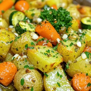 In this dish, fresh and simple ingredients shine through. Each one brings its own flavor and texture. Here’s what you need for Garlic Herb Roasted Potatoes, Carrots & Zucchini: - Potatoes: 4 medium, diced into 1-inch cubes - Carrots: 3 large, sliced into thin rounds - Zucchinis: 2 medium, chopped into half-moons - Garlic: 4 cloves, finely minced - Olive Oil: 3 tablespoons of extra virgin - Seasonings: 1 teaspoon each of dried oregano, dried thyme, and finely chopped fresh rosemary - Salt and Pepper: to taste - Garnish: Fresh parsley, finely chopped These ingredients create a colorful and tasty dish. The potatoes provide heartiness, while the carrots and zucchini add sweetness. Fresh garlic and herbs give it a delightful aroma. You can find the complete recipe in the Full Recipe section. Enjoy the fun of roasting these veggies together! Set your oven to 425°F (220°C). This is key for roasting. Combine diced potatoes, sliced carrots, and chopped zucchinis in a large bowl. Make sure they mix well for even cooking. In a separate bowl, whisk together garlic, olive oil, and seasonings. This blend adds flavor to your vegetables. Pour the herb mixture over the vegetables. Toss them well so every piece gets coated. Then, spread them out on a baking sheet. Bake for 25-30 minutes. Remember to stir halfway through. This helps them brown evenly and become tender. After roasting, sprinkle fresh parsley on top. This adds color and a bright taste just before serving. You can find more details in the [Full Recipe]. Enjoy your delicious Garlic Herb Roasted Potatoes, Carrots & Zucchini! To get the best results, I always make sure my vegetables are in a single layer on the baking sheet. This helps them roast evenly. If they are stacked or crowded, some pieces may steam instead of roast. Stir the veggies halfway through to ensure they brown nicely on all sides. Want to boost the flavor? Try adding fresh herbs like basil or dill. You can also sprinkle in a pinch of smoked paprika for a subtle kick. If you love heat, a dash of red pepper flakes works well too. Mix and match to find your favorite combo! Presentation is key for this dish. Serve the roasted vegetables in a large, shallow bowl. It looks beautiful and allows the colors to pop. Drizzle a bit of extra olive oil on top for a glossy finish. Pair these veggies with grilled chicken or fish for a complete meal. You can also serve them alongside a light salad for a refreshing contrast. Check out the Full Recipe for more tips! {{image_4}} You can mix things up with seasonal vegetables. Try adding: - Sweet potatoes for a touch of sweetness. - Bell peppers for color and crunch. - Brussels sprouts for a hearty bite. - Cauliflower for a nutty flavor. These veggies roast well and add variety. Each brings its own taste and texture, making your dish unique. Enhance your dish with different flavors. Consider these ideas: - Add Parmesan cheese for a salty kick. - Crumble feta cheese for a tangy touch. - Use fresh herbs like basil or cilantro instead of dried ones. - Experiment with spices like paprika or cumin for extra warmth. These twists can elevate your dish to new heights and keep it exciting. Making this dish vegan or gluten-free is easy. Here are some tips: - For vegan options, ensure your oil is pure and skip any cheese. - Gluten-free is simple since all vegetables are naturally gluten-free. - Use tamari instead of soy sauce if you want a savory note without gluten. These adjustments keep your meal tasty while meeting dietary needs. You can explore these variations in the full recipe to find your favorite mix! To store leftover roasted vegetables, let them cool down first. Place them in an airtight container. You can keep them in the fridge for about 3 to 4 days. This method keeps the veggies fresh and tasty. When you reheat them, use the microwave or oven. The oven can help keep them crispy. If you want to save roasted veggies for longer, freezing is a great option. To freeze, first let them cool completely. Then, spread the vegetables in a single layer on a baking sheet. Freeze them for about 1 to 2 hours. After that, transfer the veggies to a freezer-safe bag. Squeeze out as much air as you can. They will last for up to 3 months. To reheat, bake them straight from the freezer. This will give you that nice roasted texture again. The shelf life of garlic herb roasted potatoes, carrots, and zucchini varies by storage method. In the fridge, they last for about 3 to 4 days. If frozen, they can stay good for up to 3 months. Always check for any off smells or changes in texture before eating. The sooner you enjoy your leftovers, the better they will taste. For the full recipe, refer to the earlier section. Yes, you can swap vegetables in this dish. Good choices include bell peppers, sweet potatoes, or Brussels sprouts. When using different veggies, adjust cooking times. For example, bell peppers need less time, around 20 minutes. Sweet potatoes take about 30-35 minutes. Always cut your veggies to similar sizes for even cooking. To prepare this dish ahead, chop your vegetables and mix them with the herb mixture. Store them in a sealed container in the fridge for up to 24 hours. When ready to cook, spread the veggies on a baking sheet. Bake them as directed. This saves time and keeps your meal fresh. Garlic herb roasted potatoes, carrots, and zucchini fit well with many dishes. Serve them alongside grilled chicken or fish for a balanced meal. They also work nicely with a side salad or quinoa. You can even pair them with a hearty soup for a warm, filling dinner. Using fresh herbs can elevate your dish. They bring a brighter flavor. However, you will need more fresh herbs than dried. For example, use about three times the amount of fresh herbs. Fresh herbs also need different cooking times. Add them towards the end of roasting to keep their flavor vibrant. This recipe for roasted vegetables is simple and tasty. You learned how to prepare and roast potatoes, carrots, and zucchinis. Tossing them with garlic, olive oil, and herbs enhances the flavor. Following my tips ensures even cooking and a delightful presentation. You can even try different veggies or flavors, making each dish unique. With proper storage, leftovers stay fresh for later. Enjoy this healthy side dish with any meal!