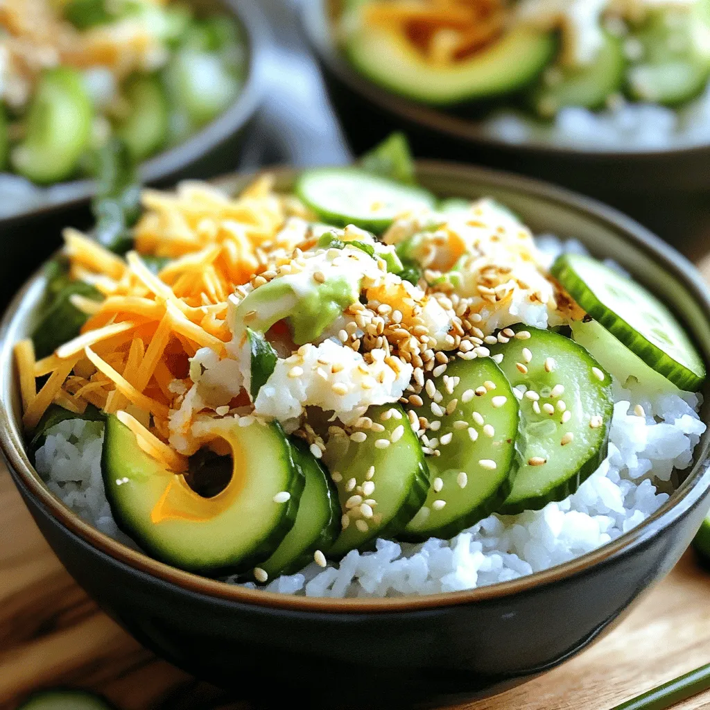 The key to a great California Roll Sushi Bowl lies in fresh, quality ingredients. Here’s what you need: - 1 cup sushi rice - 1 ¼ cups water - 2 tablespoons rice vinegar - 1 tablespoon sugar - ½ teaspoon salt These main ingredients create the base of your sushi bowl. Sushi rice is sticky and perfect for forming that classic texture. The water is essential for cooking the rice just right. The rice vinegar, sugar, and salt will season the rice, adding a tangy flavor. - 1 ripe avocado, sliced - 1 cucumber, julienned - 1 cup imitation crab meat, shredded - 2 sheets nori, cut into thin strips - 2 tablespoons sesame seeds Toppings add both color and flavor. The avocado offers creaminess. Cucumber adds crunch and freshness. Imitation crab meat gives that classic sushi taste, while nori strips provide an umami boost. Sesame seeds add a nutty finish. - Soy sauce, for drizzling - Wasabi and pickled ginger, for serving These condiments elevate the dish. Soy sauce adds a savory depth, while wasabi gives a spicy kick. Pickled ginger cleanses your palate between bites. For the full recipe, check out the [Full Recipe]. Enjoy crafting your California Roll Sushi Bowls! - Rinse sushi rice until water is clear. - Combine rice with 1 ¼ cups of water and bring to boil. - Simmer until rice is tender, about 20 minutes. To make perfect sushi rice, start by rinsing it well. This helps remove excess starch. You want the water to run clear. Once rinsed, add the rice to a pot with water. Bring it to a gentle boil. Then, reduce the heat and cover the pot. Let it cook until all the water is absorbed. This step is key to fluffy rice. - Whisk together rice vinegar, sugar, and salt. - Fold vinegar mixture into cooked rice. While your rice cooks, prepare the seasoning. In a bowl, mix rice vinegar, sugar, and salt. Whisk until the sugar dissolves. Once the rice is done, let it sit covered for 10 minutes. Then, transfer the rice to a mixing bowl. Gently fold the vinegar mixture into the rice. Be careful not to mash it. This seasoning gives your sushi bowls that classic flavor. - Place seasoned rice in serving bowls. - Artfully arrange toppings over the rice. - Sprinkle sesame seeds and nori strips on top. - Drizzle with soy sauce to taste. Now it's time to assemble your bowls! Start with a generous scoop of seasoned rice in each bowl. Next, add your toppings. Arrange sliced avocado, cucumber, and imitation crab meat nicely on top. This makes your bowl look inviting. Then, sprinkle sesame seeds and nori strips for extra crunch. Finally, drizzle some soy sauce on top. You can adjust the amount based on your taste. Enjoy this fresh and flavorful meal with a side of wasabi and pickled ginger for that extra zing! For the complete recipe, check out [Full Recipe]. Rinsing sushi rice is key for perfect texture. Start by washing the rice under cold water. Keep rinsing until the water runs clear. This removes excess starch. It helps the rice become fluffy, not sticky. After rinsing, drain the rice well. To achieve the right texture, use the right water ratio. For one cup of rice, use 1 ¼ cups of water. Bring the mixture to a boil, then lower the heat. Cover with a lid and let it simmer for about 20 minutes. The rice should be tender and fluffy when done. Get creative with toppings for your sushi bowls. Besides avocado and cucumber, you can add shredded carrots or sliced radishes. Consider using crab, shrimp, or even tofu for a protein boost. For crunch, sprinkle on some crushed almonds or crispy onions. Pair your sushi bowls with refreshing side dishes. Miso soup or seaweed salad works well. You can also serve edamame for a healthy crunch. These sides complement the flavors and add more variety. If you want vegan alternatives, try using tofu or tempeh instead of crab. You can also replace the imitation crab with marinated mushrooms for a savory taste. Adding more veggies like bell peppers or zucchini can make it even better. For gluten-free options, ensure your soy sauce is gluten-free. You can use tamari or coconut aminos as a substitute. This way, everyone can enjoy the dish without worry. Customize your bowls to fit your diet and taste! {{image_4}} To add a kick, you can use spicy mayo or sriracha. This will give your bowl a nice heat. You can also add jalapeños or spicy tuna for extra flavor. This spicy twist makes the dish exciting and fun. If you prefer a vegetarian dish, you can swap shrimp or crab with tofu. Tofu absorbs flavors well, making it a great choice. You can also add more veggies, like carrots or bell peppers. These will add color and crunch to your bowl. Try using different bases like quinoa or brown rice. This gives you a nutty flavor and adds more fiber. You can also serve it as a sushi salad. Just mix all the ingredients in a bowl, and you have a fresh and tasty meal. For the complete recipe, check out the Full Recipe. After making California Roll Sushi Bowls, you want to store them right. Keep the rice and toppings separate. This way, the rice stays fresh and does not get soggy. Use airtight containers for each part. Store the sushi rice in one container and the toppings in another. They will remain tasty for up to three days in the fridge. To maintain the best flavor, avoid mixing the toppings into the rice. You can reheat the rice in a microwave. Just add a splash of water to keep it moist. For toppings, use them cold or at room temperature. This keeps the flavors and textures vibrant. Can you freeze sushi rice? Yes, you can! Freezing sushi rice is easy. Allow the rice to cool before you freeze it. Place it in an airtight container, and it can last for up to a month. When you are ready to eat, thaw it overnight in the fridge. To reheat, add a splash of water and microwave until warm. The rice may lose some texture, but it will still taste good. You can freeze toppings, too, but avoid freezing avocado and cucumber. They do not hold up well in the freezer. Stick with crab meat and nori if you want to freeze extra toppings. A California roll is a type of sushi. It is made with rice, seaweed, and fillings. The main fillings are imitation crab, avocado, and cucumber. It is often rolled inside out, so the rice is on the outside. This roll is a great way to enjoy sushi for those new to it. No, you should not use regular rice. Sushi rice is sticky and short-grain. This helps the rice hold together in rolls. Regular rice is long-grain and does not stick well. The texture of sushi rice is key for sushi bowls. For best results, always choose sushi rice. You can store California Roll Sushi Bowls in the fridge for up to two days. Keep the rice and toppings in separate containers. This helps maintain the rice's texture and the freshness of the toppings. Before eating, check for any signs of spoilage. Always enjoy your sushi bowls fresh for the best taste. In this article, we explored how to make delicious California Roll Sushi Bowls. We covered key ingredients, step-by-step instructions, and tips for perfect sushi rice. You can customize your bowls with different toppings and make them spicy or vegan. Proper storage can help keep leftovers fresh. Enjoy creating these tasty bowls at home. They are fun to make and share with friends.