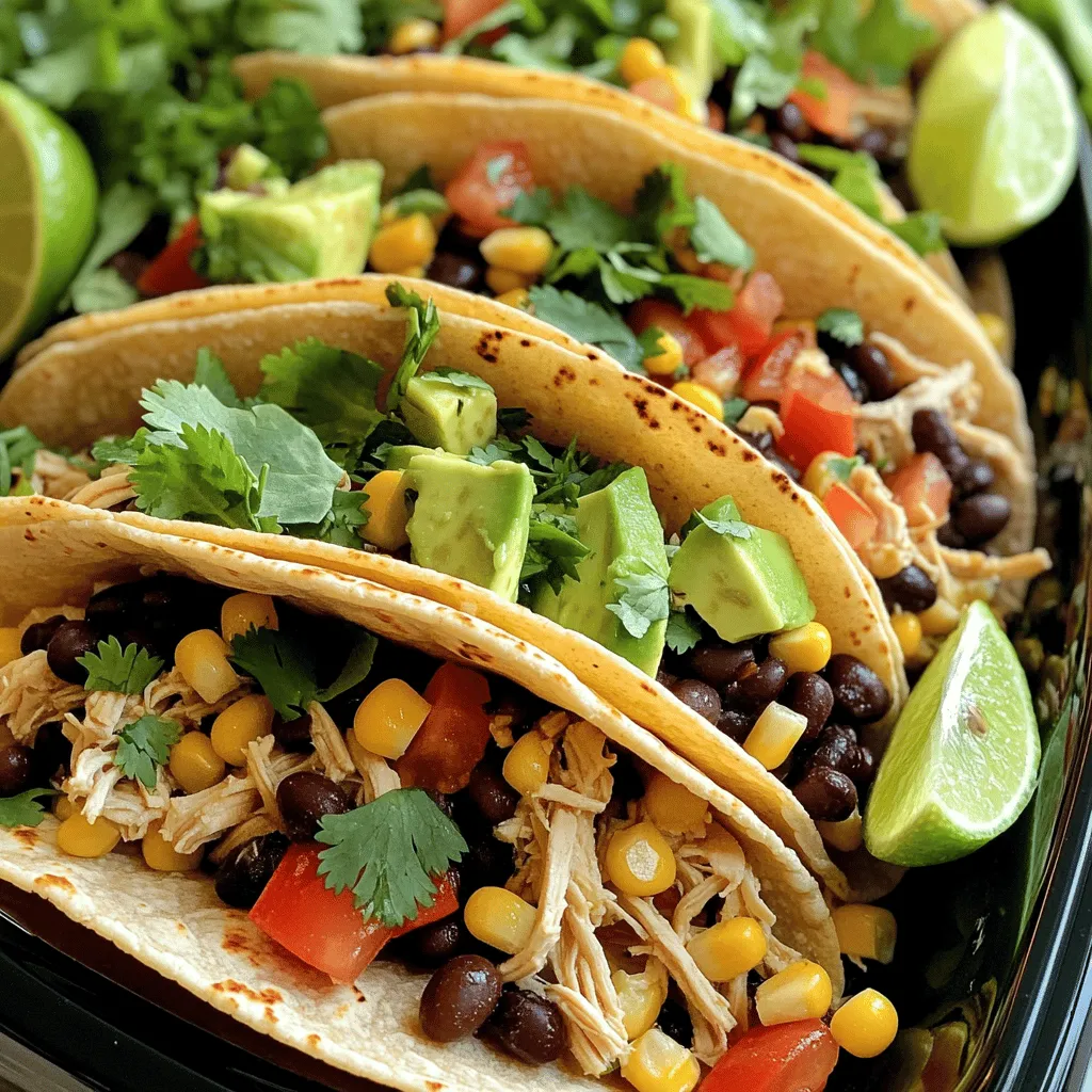 - 2 lbs boneless, skinless chicken breasts - 1 can (15 oz) black beans, drained and rinsed - 1 can (15 oz) sweet corn, drained - 1 medium onion, finely diced - 2 cloves garlic, minced - 1 cup diced tomatoes (fresh or canned) - 1 tablespoon chili powder - 1 teaspoon ground cumin - 1 teaspoon smoked paprika - Salt and pepper to taste - Tortillas (whole wheat or corn) for serving - Fresh toppings: chopped cilantro, diced avocado, shredded lettuce, lime wedges, and salsa When I make healthy crockpot chicken tacos, I love how simple it is. Start with the chicken. I pick boneless, skinless breasts because they are lean. They soak up the flavors well. I add black beans and sweet corn for fiber and sweetness. These ingredients help keep the meal balanced and tasty. Next, I chop a medium onion and mince two cloves of garlic. These add great flavor. They make the dish aromatic and savory. I also include a cup of diced tomatoes. Fresh or canned works well. This adds moisture and brightness. For spices, I use chili powder, ground cumin, and smoked paprika. They give a nice kick and depth. I always season with salt and pepper to bring out the flavors. When I serve the tacos, I warm whole wheat or corn tortillas. I love to top them with fresh cilantro, diced avocado, and shredded lettuce. A squeeze of lime juice adds a zesty finish. Salsa is a must for extra flavor. For the full recipe, check out the details above. You will enjoy making these delicious, healthy tacos! - Lay chicken breasts in a single layer at the bottom. - Mix the drained black beans, sweet corn, diced onion, minced garlic, and diced tomatoes in a bowl. To ensure the chicken cooks well, keep it flat. This helps it absorb all the flavors from the veggies and spices. Mixing the veggies in a bowl allows you to evenly coat them with the spices later. - Pour the vegetable mixture over the chicken. - Set the crockpot to low for 6-8 hours or high for 3-4 hours. After you pour the veggies over the chicken, make sure they cover it well. Cooking on low gives rich flavors, while high is faster. Either way, the chicken will be juicy and tender. - Shred the chicken in the crockpot with two forks. - Warm tortillas and fill with the chicken mixture. Once the cooking time is up, shred the chicken right in the crockpot. This mixes it nicely with the veggies. Warm your tortillas before filling them. Top with fresh cilantro, avocado, lettuce, and a squeeze of lime. Enjoy this easy and tasty meal! For the full recipe, check out the instructions above. When making healthy crockpot chicken tacos, start with the right ingredients. - Opt for low-sodium beans: They help reduce salt intake. - Use fresh vegetables: Fresh onions, tomatoes, and peppers add natural flavor. - Choose whole wheat tortillas: They provide extra fiber and nutrients. Flavor is key to great tacos. Here’s how to boost it: - Allow the chicken to absorb spices: Cook it low and slow for six to eight hours. This lets the spices meld into the chicken. - Add fresh toppings: Just before serving, pile on cilantro, avocado, and lime. Freshness brightens every bite. You can mix things up for different tastes: - Adjust spice levels: Add more chili powder or fresh peppers for heat. - Swap chicken for turkey or plant-based protein: Ground turkey or lentils works well too. This keeps the dish tasty and healthy. For a full recipe, check out the Full Recipe section. {{image_4}} You can swap chicken for lentils or chickpeas. Both options add protein and fiber. Lentils cook well in the crockpot. They absorb flavors and add a nice texture. Chickpeas provide a hearty bite and a nutty taste. You can use either for a delicious vegetarian dish. Want to spice things up? Add jalapeños for some heat. Sliced fresh jalapeños mix well with the chicken or veggies. If you prefer milder flavors, skip the jalapeños. You can also try different herbs. Cilantro adds freshness, while oregano brings depth. Experiment to find your favorite blend. Want something lighter? Use lettuce wraps instead of tortillas. This gives you a fresh crunch and cuts carbs. You can also create taco salads. Just place the Crockpot mixture on a bed of greens. Add toppings like avocado and salsa for color and flavor. Both options are fun and tasty! To keep leftovers fresh, store them in an airtight container. This helps prevent the chicken from drying out. It is best to eat these tacos within 3-4 days. After this time, the flavors may fade. If you want to save some taco filling for later, properly freeze it. First, let the mixture cool completely. Then, place it in a freezer-safe bag. Squeeze out the air before sealing. For thawing, place the bag in the fridge overnight. This keeps the taste intact. When reheating, you want to keep the flavor and texture. The best methods are the microwave or stovetop. For the microwave, heat it for about 1-2 minutes. Stir halfway to ensure even heating. On the stovetop, use medium heat for about 5-7 minutes. This method helps the mixture stay juicy. To add some heat, try these simple tips: - Hot Sauce: Drizzle your favorite hot sauce into the crockpot before cooking. - Fresh Peppers: Chop jalapeños or serrano peppers and mix them in with the veggies. - Spicy Seasoning: Use cayenne pepper or a spicier chili powder in the spice mix. These changes will boost the flavor and heat of your chicken tacos. Yes, you can easily prepare this dish ahead of time. Here’s how: - Prep Ingredients: Chop all the veggies and seasonings a day before. - Store in Fridge: Keep them in separate airtight containers. - Cook Later: Just add everything to the crockpot in the morning and set it to cook. This way, you can enjoy a delicious meal without the last-minute rush. Pair your chicken tacos with these healthy sides: - Black Bean Salad: Fresh and filling, this salad complements the tacos well. - Grilled Corn: Sweet corn on the cob is a great addition. - Guacamole: Rich and creamy, it enhances the taco experience. - Mexican Rice: A flavorful rice dish adds heartiness to your meal. These sides not only taste great but also add nutrients to your dinner. This blog post walks you through a tasty chicken taco recipe using a Crockpot. We covered the main ingredients, spices, and cooking steps. I shared tips on choosing healthy options and ways to enhance flavors. You can even switch up the proteins or make vegetarian tacos. Remember to store your leftovers properly for future meals. These tacos are not just easy to make; they are also fun to customize. Enjoy creating your own delicious versions!
