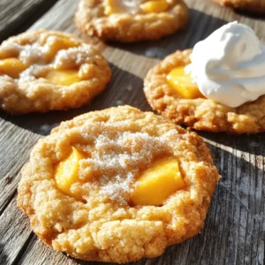 - Fresh peaches: You need one cup of fresh peaches, peeled and diced into small pieces. Fresh peaches give the best flavor and texture. Look for ripe ones but not too soft. - Dry ingredients: Gather one cup of all-purpose flour, half a cup of rolled oats, one teaspoon of baking powder, half a teaspoon of baking soda, half a teaspoon of ground cinnamon, and a quarter teaspoon of salt. These ingredients form the base of your cookies and help them rise and stay soft. - Wet ingredients: Use half a cup of unsalted butter, softened to room temperature, half a cup of brown sugar, a quarter cup of granulated sugar, one large egg, and one teaspoon of pure vanilla extract. These add sweetness and moisture to your cookies. - Optional ingredients: For added texture, you can include half a cup of chopped pecans. Nuts give a nice crunch and pair well with the sweet peaches. With these ingredients, you can make Peach Cobbler Cookies that taste like a warm hug. The mix of sweet peaches and crunchy nuts creates a delightful treat. For the full recipe, check out the details above! First, preheat your oven to 350°F (175°C). This step is vital. It ensures even baking. Next, line a baking sheet with parchment paper. This paper stops the cookies from sticking. It also makes for easy cleanup. In a medium bowl, mix the dry ingredients. Combine the sifted flour, rolled oats, baking powder, baking soda, ground cinnamon, and salt. Use a whisk to blend them well. Set this bowl aside for now. In a large mixing bowl, use an electric mixer. Cream together the softened unsalted butter, brown sugar, and granulated sugar. Mix until it's light and fluffy, about 2-3 minutes. Then, add the egg and vanilla extract. Beat this mixture until smooth. No streaks of egg should remain. Now, gradually add the dry mixture to the wet mixture. Stir gently until just combined. Be careful not to overmix. This helps keep the cookies tender. Next, fold in your diced peaches. If you like, add chopped pecans for extra crunch. Use a spatula to mix gently. Using a tablespoon or cookie scoop, drop rounded dough onto the baking sheet. Leave about 2 inches between each cookie. This space allows them to spread. Sprinkle granulated sugar on top of the cookies for a crunchy finish. Now, bake in the preheated oven for 12-15 minutes. The edges should be lightly golden. The centers should look set. After baking, let the cookies cool on the sheet for 5 minutes. Then, move them to a wire rack. This helps them cool completely and keeps their texture. For the full recipe, check the details above. To get the best cookie texture, avoid overmixing. When you combine the wet and dry ingredients, mix just until they come together. Overmixing makes the cookies tough. You want them soft and chewy, not hard. Adjusting baking times can also make a difference. Each oven is unique. Start with the suggested time of 12-15 minutes. Keep an eye on the cookies. They should be lightly golden at the edges and set in the center. If they look too soft, give them another minute or two. Spices can really boost flavor. Ground cinnamon adds warmth, but try adding nutmeg or ginger for a twist. A pinch of cardamom can also bring out the peach's sweetness. Consider toppings or mix-ins to elevate your cookies. Chopped pecans add crunch and a nutty flavor. You could also sprinkle some sea salt on top before baking. It contrasts nicely with the sweetness of the cookies. For a fun touch, drizzle with honey or serve with a scoop of vanilla ice cream. For the full recipe, check the main article. {{image_4}} You can switch out peaches for other fruits. Blueberries bring a burst of flavor. Cherries also work well, giving a sweet-tart taste. For a fun twist, try diced apples or pears. Each fruit changes the cookie’s flavor and texture. Just remember to keep the fruit fresh and ripe. This will make your cookies even more tasty. If you need gluten-free cookies, use a gluten-free flour blend. This works well in place of all-purpose flour. You can also add more oats for texture and flavor. For those who want vegan options, replace the butter with coconut oil or vegan butter. For the egg, use a flaxseed meal or applesauce. Both options keep the cookies moist and delicious. These changes let everyone enjoy peach cobbler cookies without worry. You can find the full recipe to guide you through these variations. To keep your Peach Cobbler Cookies fresh, store them in an airtight container. This will help maintain their softness and flavor. You can keep them at room temperature for up to five days. If you want to keep them longer, consider refrigerating them. Make sure to wrap them tightly in plastic wrap or foil to prevent drying out. If you want to enjoy them later, store them with a slice of bread. The bread adds moisture and keeps the cookies from becoming hard. When you take them out, you can warm them slightly in the microwave for a few seconds to restore that fresh-baked taste. Freezing your cookies is a great way to save some for later. First, let the cookies cool completely. Then, place them in a single layer on a baking sheet and freeze for about an hour. This prevents them from sticking together. Once frozen, transfer them to a freezer bag or airtight container. They can last for up to three months in the freezer. When you are ready to enjoy them, you can thaw them in the fridge overnight. You can also warm them in the oven at 350°F (175°C) for about 5-10 minutes. This will make them taste freshly baked again. Yes, you can use canned peaches. They offer convenience and save time. However, they can be softer and more watery than fresh ones. This can change the texture of your cookies. If you choose canned peaches, look for those packed in juice, not syrup. Drain them well and pat them dry with a paper towel. This helps keep your dough from getting too wet. To make your cookies chewier, adjust a few ingredients. First, try adding more brown sugar. It adds moisture and creates a soft texture. You can also reduce the amount of flour slightly. Less flour leads to a denser cookie. Another tip is to chill the dough for about 30 minutes. Chilled dough spreads less during baking, resulting in a chewier cookie. Yes, you can prepare the dough ahead of time. After mixing, wrap it tightly in plastic wrap or place it in an airtight container. You can store it in the fridge for up to 3 days. If you want to store it longer, freeze the dough for up to 3 months. When ready to bake, thaw it overnight in the fridge. Then scoop and bake as usual. We explored a fun cookie recipe that highlights fresh peaches. You learned about key ingredients, mixing methods, and baking steps. Tips helped ensure your cookies turn out just right, while variations opened up new fruit options. Storing and freezing tips keep your cookies fresh longer. These cookies can be a delightful treat, with room for creativity. Enjoy baking these tasty peach cookies and share them with others!
