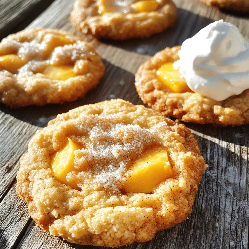 - Fresh peaches: You need one cup of fresh peaches, peeled and diced into small pieces. Fresh peaches give the best flavor and texture. Look for ripe ones but not too soft. - Dry ingredients: Gather one cup of all-purpose flour, half a cup of rolled oats, one teaspoon of baking powder, half a teaspoon of baking soda, half a teaspoon of ground cinnamon, and a quarter teaspoon of salt. These ingredients form the base of your cookies and help them rise and stay soft. - Wet ingredients: Use half a cup of unsalted butter, softened to room temperature, half a cup of brown sugar, a quarter cup of granulated sugar, one large egg, and one teaspoon of pure vanilla extract. These add sweetness and moisture to your cookies. - Optional ingredients: For added texture, you can include half a cup of chopped pecans. Nuts give a nice crunch and pair well with the sweet peaches. With these ingredients, you can make Peach Cobbler Cookies that taste like a warm hug. The mix of sweet peaches and crunchy nuts creates a delightful treat. For the full recipe, check out the details above! First, preheat your oven to 350°F (175°C). This step is vital. It ensures even baking. Next, line a baking sheet with parchment paper. This paper stops the cookies from sticking. It also makes for easy cleanup. In a medium bowl, mix the dry ingredients. Combine the sifted flour, rolled oats, baking powder, baking soda, ground cinnamon, and salt. Use a whisk to blend them well. Set this bowl aside for now. In a large mixing bowl, use an electric mixer. Cream together the softened unsalted butter, brown sugar, and granulated sugar. Mix until it's light and fluffy, about 2-3 minutes. Then, add the egg and vanilla extract. Beat this mixture until smooth. No streaks of egg should remain. Now, gradually add the dry mixture to the wet mixture. Stir gently until just combined. Be careful not to overmix. This helps keep the cookies tender. Next, fold in your diced peaches. If you like, add chopped pecans for extra crunch. Use a spatula to mix gently. Using a tablespoon or cookie scoop, drop rounded dough onto the baking sheet. Leave about 2 inches between each cookie. This space allows them to spread. Sprinkle granulated sugar on top of the cookies for a crunchy finish. Now, bake in the preheated oven for 12-15 minutes. The edges should be lightly golden. The centers should look set. After baking, let the cookies cool on the sheet for 5 minutes. Then, move them to a wire rack. This helps them cool completely and keeps their texture. For the full recipe, check the details above. To get the best cookie texture, avoid overmixing. When you combine the wet and dry ingredients, mix just until they come together. Overmixing makes the cookies tough. You want them soft and chewy, not hard. Adjusting baking times can also make a difference. Each oven is unique. Start with the suggested time of 12-15 minutes. Keep an eye on the cookies. They should be lightly golden at the edges and set in the center. If they look too soft, give them another minute or two. Spices can really boost flavor. Ground cinnamon adds warmth, but try adding nutmeg or ginger for a twist. A pinch of cardamom can also bring out the peach's sweetness. Consider toppings or mix-ins to elevate your cookies. Chopped pecans add crunch and a nutty flavor. You could also sprinkle some sea salt on top before baking. It contrasts nicely with the sweetness of the cookies. For a fun touch, drizzle with honey or serve with a scoop of vanilla ice cream. For the full recipe, check the main article. {{image_4}} You can switch out peaches for other fruits. Blueberries bring a burst of flavor. Cherries also work well, giving a sweet-tart taste. For a fun twist, try diced apples or pears. Each fruit changes the cookie’s flavor and texture. Just remember to keep the fruit fresh and ripe. This will make your cookies even more tasty. If you need gluten-free cookies, use a gluten-free flour blend. This works well in place of all-purpose flour. You can also add more oats for texture and flavor. For those who want vegan options, replace the butter with coconut oil or vegan butter. For the egg, use a flaxseed meal or applesauce. Both options keep the cookies moist and delicious. These changes let everyone enjoy peach cobbler cookies without worry. You can find the full recipe to guide you through these variations. To keep your Peach Cobbler Cookies fresh, store them in an airtight container. This will help maintain their softness and flavor. You can keep them at room temperature for up to five days. If you want to keep them longer, consider refrigerating them. Make sure to wrap them tightly in plastic wrap or foil to prevent drying out. If you want to enjoy them later, store them with a slice of bread. The bread adds moisture and keeps the cookies from becoming hard. When you take them out, you can warm them slightly in the microwave for a few seconds to restore that fresh-baked taste. Freezing your cookies is a great way to save some for later. First, let the cookies cool completely. Then, place them in a single layer on a baking sheet and freeze for about an hour. This prevents them from sticking together. Once frozen, transfer them to a freezer bag or airtight container. They can last for up to three months in the freezer. When you are ready to enjoy them, you can thaw them in the fridge overnight. You can also warm them in the oven at 350°F (175°C) for about 5-10 minutes. This will make them taste freshly baked again. Yes, you can use canned peaches. They offer convenience and save time. However, they can be softer and more watery than fresh ones. This can change the texture of your cookies. If you choose canned peaches, look for those packed in juice, not syrup. Drain them well and pat them dry with a paper towel. This helps keep your dough from getting too wet. To make your cookies chewier, adjust a few ingredients. First, try adding more brown sugar. It adds moisture and creates a soft texture. You can also reduce the amount of flour slightly. Less flour leads to a denser cookie. Another tip is to chill the dough for about 30 minutes. Chilled dough spreads less during baking, resulting in a chewier cookie. Yes, you can prepare the dough ahead of time. After mixing, wrap it tightly in plastic wrap or place it in an airtight container. You can store it in the fridge for up to 3 days. If you want to store it longer, freeze the dough for up to 3 months. When ready to bake, thaw it overnight in the fridge. Then scoop and bake as usual. We explored a fun cookie recipe that highlights fresh peaches. You learned about key ingredients, mixing methods, and baking steps. Tips helped ensure your cookies turn out just right, while variations opened up new fruit options. Storing and freezing tips keep your cookies fresh longer. These cookies can be a delightful treat, with room for creativity. Enjoy baking these tasty peach cookies and share them with others!