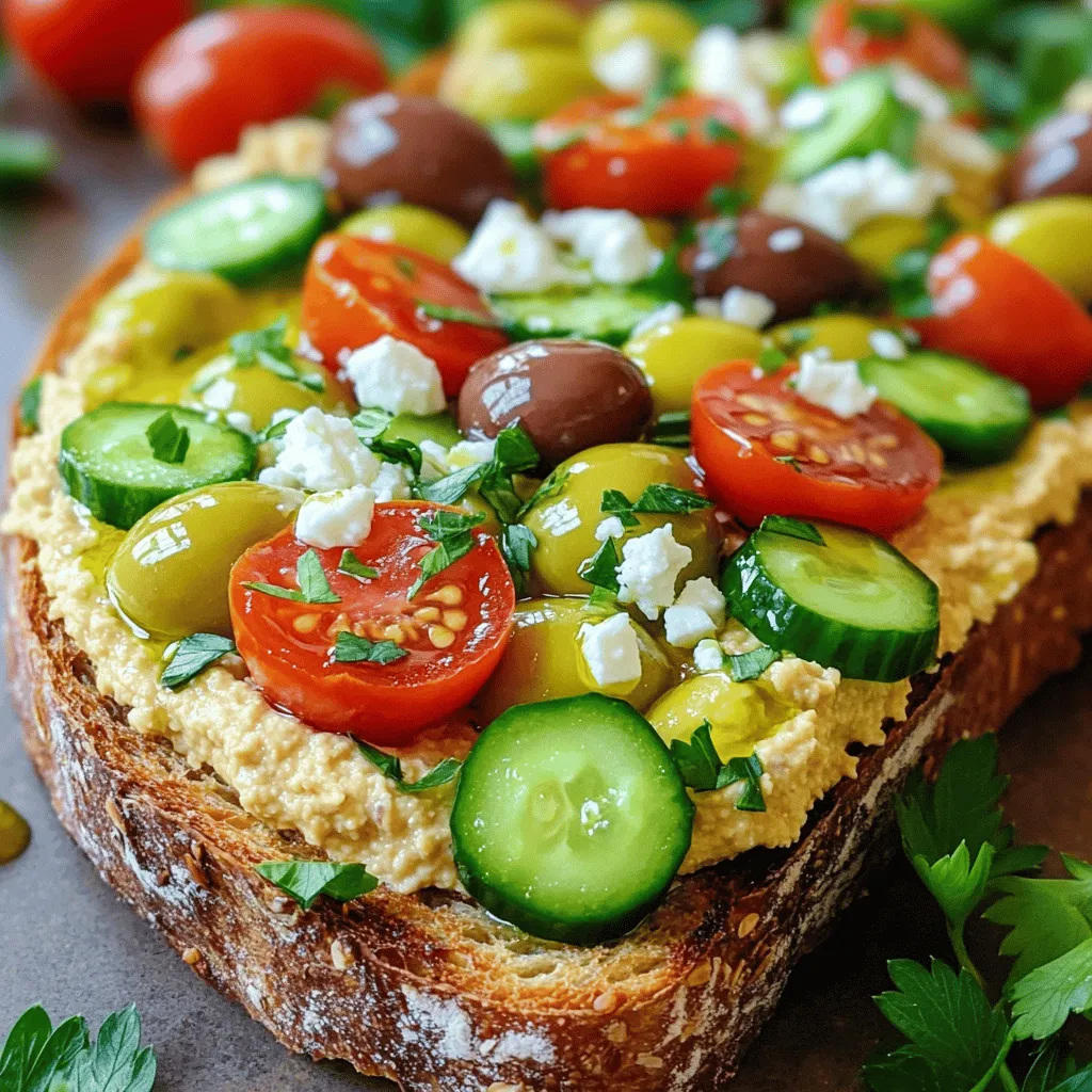 To make Mediterranean Hummus Toast, you will need: - 1 cup hummus (store-bought or homemade) - 4 slices of whole grain or sourdough bread - 1 medium cucumber, diced - 1 cup cherry tomatoes, halved - 1/4 red onion, finely chopped - 1/4 cup Kalamata olives, pitted and sliced - 2 tablespoons extra virgin olive oil - 1 tablespoon freshly squeezed lemon juice - 1 teaspoon dried oregano - Salt and freshly ground black pepper to taste These ingredients bring fresh flavors and great textures to your toast. The hummus acts as a creamy base, while the veggies add crunch and color. You can enhance your Mediterranean Hummus Toast with these optional ingredients: - 1/4 cup feta cheese, crumbled - Fresh parsley or basil leaves for garnish Feta cheese adds a salty, creamy touch. Fresh herbs give a bright finish to the dish. Choosing quality ingredients makes a big difference in taste. Here are some tips: - Hummus: Look for brands with simple ingredients or make your own for freshness. - Bread: Select whole grain or sourdough for the best flavor and texture. - Vegetables: Pick firm, vibrant cucumbers and ripe cherry tomatoes. - Olives: Choose Kalamata olives that are plump and flavorful. - Olive oil: Use high-quality extra virgin olive oil for a rich taste. When you select fresh, high-quality ingredients, your Mediterranean Hummus Toast will shine. For the full recipe, check out the other sections in this article! To toast the bread well, start by preheating your toaster or oven. Set it to medium-high heat. Place four slices of whole grain or sourdough bread in the toaster or on a baking sheet. Toast the bread until it turns golden brown and crispy. This usually takes about five minutes. Once done, set the bread aside to cool slightly. The right toast makes a great base for your hummus. Next, prepare the vegetable medley. In a medium bowl, combine diced cucumber, halved cherry tomatoes, finely chopped red onion, and sliced Kalamata olives. Stir them gently to mix. Let the mixture sit for a few minutes. This allows the flavors to blend well. A fresh medley adds crunch and color to your toast. Now, let’s make the dressing. In a small bowl, whisk together extra virgin olive oil, freshly squeezed lemon juice, dried oregano, and a pinch of salt and pepper. Mix thoroughly until everything combines. This dressing will bring a bright taste to your veggies. A good dressing makes all the difference. Finally, it’s time to assemble your hummus toast. Take your toasted bread and spread a generous quarter-cup of hummus on each slice. Make sure to cover the surface evenly. Spoon the vegetable medley over the hummus, spreading it out nicely. If you want, sprinkle crumbled feta cheese on top for extra flavor. Add fresh parsley or basil leaves as a garnish. Serve immediately and enjoy the fresh and crisp flavors of your Mediterranean Hummus Toast! For hummus toast, the bread you choose matters a lot. I love using whole grain or sourdough bread. Both options give a nice crunch and flavor. Whole grain adds fiber, while sourdough brings a tangy note. You can also try pita bread for a softer base. Just remember, the bread should hold up well under the hummus and toppings. Hummus is a blank canvas! You can make it your own by adding flavors. Try mixing in roasted garlic for a deeper taste. Want some heat? Add chili flakes or a dash of hot sauce. If you enjoy herbs, blend in cilantro or parsley. You can even swirl in sun-dried tomatoes for a burst of flavor. Customize until you find your favorite blend! Serving your Mediterranean hummus toast can be fun and creative! I suggest pairing it with a fresh side salad. A simple cucumber and tomato salad works great. You can also serve it with olives or pickles for a salty kick. If you want protein, add some grilled chicken or chickpeas on the side. Enjoy this dish for breakfast, lunch, or as a snack. It’s light and satisfying! For the full recipe, check out the Mediterranean Hummus Toast section above. {{image_4}} You can easily make a vegan version of Mediterranean hummus toast. Start by using your favorite plant-based hummus. Many brands offer rich flavors without dairy. Add sliced avocado for creaminess and sprinkle with sesame seeds. You can also layer on roasted red peppers and fresh herbs for added taste. Grilled vegetables add a smoky flavor. Zucchini, bell peppers, and eggplant work well. Brush the veggies with olive oil and grill them until tender. Once grilled, chop and spread them over the hummus. This adds a hearty touch to your toast. To make your hummus toast more filling, try adding protein. You can top it with whole chickpeas for a plant-based option. Just rinse and drain canned chickpeas before using. For a meaty option, grill some chicken breast slices. Lay the chicken on the hummus and enjoy a satisfying meal. For a complete step-by-step guide on making Mediterranean Hummus Toast, check out the Full Recipe. If you have leftover toast, store it in an airtight container. Placing it in a container helps keep it fresh. Avoid stacking the toast to prevent sogginess. You can also wrap each slice in plastic wrap before storing. This way, it stays crispy longer. Consume the toast within one to two days for the best taste. Hummus can be frozen for later use. To freeze, place it in a freezer-safe container. Leave some space at the top, as hummus expands. Label the container with the date for easy tracking. When ready to use, thaw it in the fridge overnight. Stir well before serving. Homemade hummus can last up to three months in the freezer. Fresh vegetables are best stored in the fridge. Use a produce drawer to keep them crisp. Wrap cucumbers in a paper towel before placing them in a plastic bag. This helps absorb excess moisture. For tomatoes, keep them at room temperature for flavor. Store chopped veggies in airtight containers. This keeps them fresh and ready for your next toast. Yes, you can use store-bought hummus. It saves time and is often tasty. Look for a brand that uses natural ingredients. This choice makes Mediterranean Hummus Toast quick and easy. Homemade hummus is also great if you have the time. It lets you control flavors and texture. Mediterranean Hummus Toast is best eaten fresh. If you need to store it, keep the toppings separate from the bread. The bread gets soggy if it sits too long. You can store leftover toppings in the fridge for about three days. Toast the bread again when you want to eat it. I love adding fresh veggies like diced cucumbers and cherry tomatoes. You can also try sliced radishes or bell peppers. Nuts and seeds add crunch and flavor, too. For a protein boost, consider chickpeas or grilled chicken. Feta cheese gives a creamy touch, while herbs like parsley or basil add freshness. You can mix and match to keep it exciting! For the complete recipe, check out the Full Recipe. Mediterranean hummus toast is simple and tasty. We covered key ingredients, from main choices to optional flavors. I shared tips for perfect toasting, flavorful dressings, and creative serving ideas. You learned how to customize your hummus and try fun variations, like grilled veggies or proteins. Storing leftovers and answering your FAQs rounds it all out. Enjoy this dish knowing you can make it your own. With these tips, your hummus toast will impress every time!