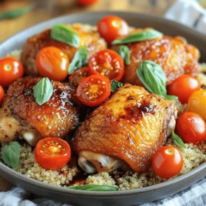 - 4 bone-in chicken thighs, skin-on - 2 cups vegetable broth - 1 medium onion, thinly sliced - 4 cloves garlic, finely minced - 2 cups cherry tomatoes, halved - 2 tablespoons balsamic vinegar - 1 teaspoon dried thyme - 1 teaspoon smoked paprika - Salt and freshly cracked black pepper, to taste - Fresh basil or parsley, coarsely chopped for garnish - 2 cups quinoa or rice (for serving) - Presentation tips for an appealing dish Forgotten Chicken is a warm, tasty dish. It uses simple ingredients that combine to create a rich flavor. The chicken thighs are juicy and tender. They soak up the broth and tomatoes' goodness. You need quality chicken thighs. The skin adds flavor and texture. Don't skip the balsamic vinegar. It gives a nice tang to the dish. The cherry tomatoes burst with juice while cooking. I love to add fresh herbs at the end. They make the dish pop with color and flavor. You can use basil or parsley. Both add freshness to every bite. For a hearty meal, serve Forgotten Chicken over fluffy quinoa or rice. This soak up the extra sauce well. To present, use shallow bowls. It looks nice and inviting. A sprinkle of herbs on top makes it perfect. For the full recipe, check the notes above. Enjoy your cooking! 1. Preheat your oven to 350°F (175°C). 2. Grab a large, heavy pot or Dutch oven. 3. Add a drizzle of olive oil and heat it over medium heat. 4. Season the chicken thighs with salt and pepper on both sides. 5. Once the oil is hot, place the chicken skin-side down in the pot. 6. Sear the chicken for 4-5 minutes until the skin is golden brown. 7. Flip the thighs and cook for 4 more minutes. 8. Remove the chicken from the pot and set it aside on a plate. 1. In the same pot, toss in the sliced onion. 2. Sauté the onion for 2-3 minutes until it softens. 3. Add minced garlic and stir for 1 minute to release its aroma. 4. Next, add halved cherry tomatoes, balsamic vinegar, vegetable broth, dried thyme, and smoked paprika. 5. Mix everything well, ensuring the tomatoes are coated in the sauce. 1. Carefully place the seared chicken thighs back into the pot. 2. Nestle them skin-side up in the tomato mixture. 3. Cover the pot with a lid and transfer it to the preheated oven. 4. Bake for 1 hour, or until the chicken is tender and fully cooked. 5. While the chicken bakes, prepare quinoa or rice based on the package directions. 6. When time is up, take the pot from the oven and let the chicken rest for a few minutes. 7. Serve the Forgotten Chicken over a bed of quinoa or rice, drizzling some tomato sauce on top. 8. Garnish with freshly chopped basil or parsley for a burst of flavor! To get that crispy chicken skin, follow these steps: - Start with dry chicken: Pat the chicken thighs dry with paper towels. - Use hot oil: Make sure the oil is hot before adding the chicken. - Do not overcrowd the pot: Cook in batches if needed. Common mistakes include not waiting long enough to flip the chicken. Let it sear without moving it. This helps form a nice crust. If the skin sticks, it is not ready to turn. To boost the flavor of your Forgotten Chicken, consider these: - Add fresh herbs: Try rosemary or oregano for a different twist. - Spice it up: A pinch of red pepper flakes adds heat. Balancing acidity is key. If the dish tastes too tangy, add a touch of honey or sugar. This will round out the flavors and create a nice depth. Pair your Forgotten Chicken with these sides for a complete meal: - Quinoa or rice: Both options soak up the sauce well. - Steamed veggies: Green beans or broccoli add color and nutrition. For garnishing, chop fresh basil or parsley. Sprinkle it on top right before serving. This adds a pop of color and freshness to your dish. To highlight the chicken, serve in shallow bowls. Drizzle extra sauce around the edges for a rustic look. Enjoy your meal! {{image_4}} You can switch up the protein in Forgotten Chicken. Here are a couple of ideas: - Using different cuts of chicken: Try using chicken breasts or drumsticks. Each cut offers a different taste and texture. Breasts cook faster, while drumsticks provide a richer flavor. - Substituting chicken for other proteins: If you prefer, use turkey thighs for a slightly milder flavor. For a plant-based option, try tofu. Firm tofu soaks up the sauce well and makes a great base. You can easily adjust this recipe to fit your dietary needs: - Making the dish gluten-free or dairy-free: Swap the vegetable broth for a gluten-free version. Use coconut milk instead of dairy, if you like creaminess. - Vegetarian alternatives for a plant-based dish: Replace the chicken with hearty vegetables. Use eggplant, mushrooms, or cauliflower. These veggies add depth and flavor while keeping the dish plant-based. Don't hesitate to experiment with flavors in this dish: - Experimenting with different types of vinegar or broth: Try apple cider vinegar for a sweeter taste. Or use chicken broth for a more savory flavor. - Adding seasonal vegetables for variety: Incorporate seasonal veggies like zucchini, bell peppers, or spinach. They add color, texture, and nutrition to your meal. These easy variations let you customize Forgotten Chicken to your taste, making it a fun dish to enjoy! To keep your Forgotten Chicken fresh, follow these tips: - Cool first: Let the chicken cool down before storing. - Use airtight containers: Store in glass or plastic containers with tight lids. - Label and date: Write the date on the container for easy tracking. Refrigerate your leftovers within two hours. They will stay good for about 3-4 days. To reheat without drying out the chicken, use these methods: - Oven method: Preheat your oven to 350°F (175°C). Place chicken in an oven-safe dish with a splash of broth. Cover with foil to keep it moist. - Microwave method: Use a microwave-safe plate. Add a bit of water or broth, then cover with a damp paper towel. Heat in short bursts, checking often. To keep the flavor when reheating, add a little fresh basil or parsley before serving. Follow these steps to freeze Forgotten Chicken properly: - Cool completely: Make sure the chicken is fully cool before freezing. - Use freezer bags: Place the chicken in heavy-duty freezer bags. Remove as much air as possible before sealing. - Label and date: Write the date and contents on the bag. For the best taste and texture, thaw chicken overnight in the fridge. Reheat it gently using the methods above. Forgotten Chicken is a cozy dish made with chicken, tomatoes, and herbs. It began as a simple way to cook chicken slowly in a pot. The dish became popular for its rich flavors and ease of cooking. The chicken becomes tender and absorbs all the yummy flavors from the sauce. You can keep your Forgotten Chicken leftovers in the fridge for up to four days. Make sure to store it in an airtight container. This helps keep the chicken fresh and tasty. Yes, you can make Forgotten Chicken in a slow cooker. Start by searing the chicken on the stove first. Then, place everything into the slow cooker. Cook it on low for 6 to 8 hours. This way, the chicken will be very tender. I suggest serving Forgotten Chicken with quinoa or rice. Both soak up the sauce well. You can also add a side of steamed vegetables or a fresh salad. These sides balance the meal and add color to your plate. In summary, Forgotten Chicken is a simple yet delicious dish made with chicken thighs and fresh ingredients. The recipe uses easy steps to ensure your meal turns out great. You can explore various flavors, try different proteins, and adjust for dietary needs. Remember to store and reheat properly for the best taste. With these tips, you can enjoy this delightful dish again and again. Happy cooking!