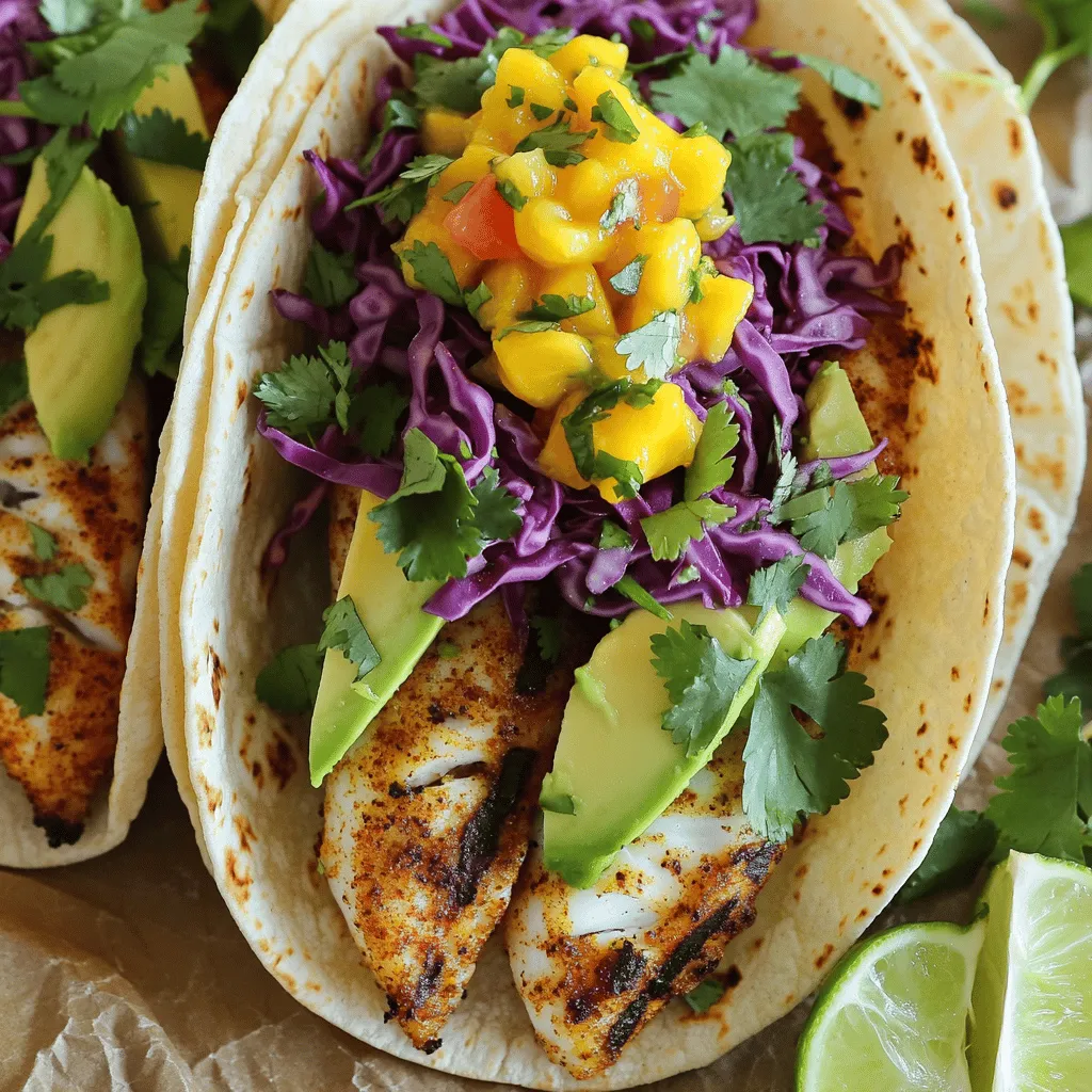- Fish options: - 4 white fish fillets (like tilapia or snapper) - Jerk seasoning and its components: - 2 tablespoons jerk seasoning - 2 tablespoons extra virgin olive oil - Juice of 1 lime - Sea salt, to taste - Additional toppings and accompaniments: - 1/2 cup red cabbage, finely shredded - 1 ripe avocado, sliced - 1/4 cup fresh cilantro, roughly chopped - 8 small corn tortillas - 1 cup mango salsa, for topping Jerk fish tacos stand out due to their bold flavors and fresh ingredients. You can choose fish like tilapia or snapper. These fish are mild and soak up the jerk seasoning well. Jerk seasoning adds a spicy and smoky flavor. It usually includes ingredients like allspice, thyme, and scotch bonnet peppers. This mix creates a perfect blend of heat and taste. Toppings elevate your taco experience. Shredded red cabbage adds crunch, while avocado brings creaminess. Fresh cilantro adds a burst of flavor, and mango salsa gives a sweet contrast to the spice. With these simple ingredients, you can create a vibrant dish that bursts with flavor. For a complete guide, check the Full Recipe. Marinating is key for flavor. It helps the fish soak in the spices. You need at least 30 minutes to let the fish absorb the jerk seasoning. For the best taste, I like to marinate for up to two hours. To marinate, grab a medium bowl. Add your fish fillets, olive oil, jerk seasoning, lime juice, and a pinch of sea salt. Mix it well to coat each fillet. Cover the bowl and place it in the fridge. This step gives the fish a bold and tasty kick. Before grilling, preheat your grill to medium-high heat. A hot grill helps to get nice grill marks and a great flavor. Once it’s hot, place the marinated fish on the grill. Cook each fillet for about 3-4 minutes on each side. You can check if the fish is done by poking it with a fork. It should flake easily and look opaque. After grilling, take the fish off the grill. Let it rest for a few minutes to keep it juicy. Now, it’s time to put it all together. First, warm your corn tortillas on the grill for about 30 seconds on each side. This makes them soft and tasty. Take a warm tortilla and place a piece of grilled fish on top. Then, add some shredded red cabbage for crunch. Next, place a few slices of ripe avocado on top. Finally, sprinkle fresh cilantro for a burst of flavor. For a sweet touch, spoon some mango salsa over each taco. This adds a nice contrast to the spicy fish. Serve your tacos right away with lime wedges on the side. A squeeze of lime juice makes it even tastier. Enjoy your flavorful jerk fish tacos! To grill fish just right, focus on temperature and timing. Preheat your grill to medium-high heat. This helps the fish cook evenly. You want the grill hot enough to sear the fish without sticking. Grill each fish fillet for about 3-4 minutes on each side. The fish should turn opaque and flake easily when done. Watch closely to avoid overcooking it. Overcooked fish can become dry and tough. Common grilling mistakes include not preheating the grill or flipping the fish too soon. Let the fish sit on the grill until it releases easily. This helps keep it whole and juicy. Pair jerk fish tacos with tasty sides to enhance the meal. Fresh mango salsa goes great on top. You can also serve coleslaw or rice and beans. These sides add flavor and texture. For drinks, try a cold beer or a fruity cocktail. A refreshing mojito or a piña colada works well too. The sweet and tart flavors balance the spiciness of the jerk fish. Looking for more? Check out the Full Recipe for an easy guide to make these tacos! {{image_4}} You can use many fish types for jerk fish tacos. Each type brings a unique taste. Here are some options: - Tilapia: This mild fish cooks quickly. It absorbs flavors well. Grill it for 3-4 minutes on each side. - Snapper: This fish has a firm texture and a slightly sweet taste. It’s great for grilling. Cook it the same way as tilapia. - Mahi Mahi: This fish is meaty and holds up well on the grill. Grill it for 4-5 minutes on each side. - Cod: Known for its flaky texture, cod is a good option too. It cooks fast, so check it often. Each of these fish options pairs well with jerk seasoning. Explore these choices to find your favorite! A good jerk seasoning makes all the difference. Here’s a simple homemade jerk seasoning recipe: - 1 tablespoon allspice - 1 tablespoon thyme - 1 tablespoon brown sugar - 1 teaspoon cinnamon - 1 teaspoon nutmeg - 1 teaspoon black pepper - 1 teaspoon sea salt - 1 tablespoon cayenne pepper (adjust to taste) - 2 cloves garlic, minced - 1 small onion, chopped - 2-3 green onions, chopped - Juice of 1 lime Mix all ingredients in a bowl. This mix gives your fish a perfect kick! Besides jerk seasoning, try other sauces for more flavor. A mango salsa adds sweetness and freshness. You can also use a creamy avocado sauce or a spicy aioli. Experiment with these to find what you love. For the full recipe, check out [Full Recipe]. Store leftover jerk fish in an airtight container. This keeps the fish fresh and prevents odors. You can place the fish in the fridge for up to three days. For tacos, it’s best to separate the components. Store the fish, toppings, and tortillas in separate containers. This way, the tortillas won’t get soggy. The toppings can stay fresh longer when stored correctly. To reheat fish without drying it out, use low heat. You can place the fish in a pan on the stove. Add a splash of water or broth to keep it moist. Cover the pan with a lid. Heat for about five minutes or until warm. For tortillas, warm them in a dry skillet for 30 seconds on each side. This method brings back their soft texture and flavor. You can also wrap them in a damp paper towel and microwave for 15-20 seconds. Enjoy your leftovers as if they were fresh! Jerk seasoning has a mix of bold flavors. The main ingredients usually include: - Allspice - Scotch bonnet peppers - Thyme - Garlic - Ginger - Onion - Nutmeg - Cinnamon - Brown sugar Each ingredient adds depth and warmth. The allspice brings a sweet, peppery flavor. Scotch bonnet peppers add heat. Fresh herbs like thyme give it an earthy taste. This blend makes jerk seasoning unique and tasty. Yes, you can use jerk seasoning on many proteins. It works well with: - Chicken - Pork - Shrimp - Tofu - Vegetables Marinate these proteins just like the fish. The seasoning enhances their flavors. You can grill, bake, or sauté them. Each method gives a different taste. Experiment to find your favorite! To adjust the spice level, you can modify the jerk seasoning. Here are some tips: - Less spice: Use less jerk seasoning or remove the Scotch bonnet. - More spice: Add more peppers or cayenne pepper. - Balance heat: Pair with creamy toppings like avocado or sour cream. These changes help you find the right heat for your taste buds. Traditional side dishes for jerk fish include: - Rice and peas - Fried plantains - Coleslaw - Grilled vegetables - Festival (sweet fried dough) These dishes add texture and flavor. They also balance the spice of the jerk fish. Enjoy a mix of tastes for a full meal! In this blog post, we explored how to make delicious jerk fish tacos. We covered key ingredients, from fish options to jerk seasoning and toppings. You learned the marinating and grilling techniques for perfectly cooked fish. We also discussed assembling the tacos and suggested side dishes. Finally, we shared tips for storing leftovers and reheating effectively. I hope you feel ready to enjoy this tasty dish. Experiment with different fish and spices for your perfect jerk fish taco!
