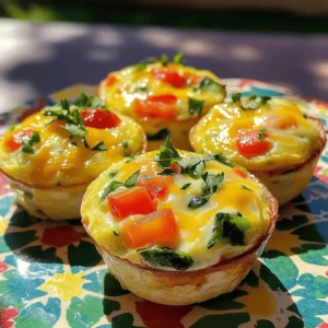 To make tasty breakfast egg muffins, you need a few simple ingredients. Here’s what you’ll need: - 6 large eggs - 1/2 cup milk (or your preferred dairy-free alternative) - 1 cup fresh spinach, finely chopped - 1/2 bell pepper, diced (choose your favorite color) - 1/4 cup red onion, minced - 1/2 cup cherry tomatoes, halved - 1/2 cup shredded cheese (such as cheddar, feta, or cheese of your choice) - Seasoning: Salt, black pepper, garlic powder, oregano - Cooking spray or oil These ingredients combine to create a delicious and nutritious breakfast option. The eggs serve as a great base, adding protein and richness. The veggies bring color and flavor, while the cheese adds a nice melt and taste. Feel free to switch up the veggies or cheese to match your taste. For example, you can use mushrooms or zucchini instead of bell peppers. Each combination offers a new twist on this easy recipe. With this list, you’re ready to make your breakfast egg muffins. For the full recipe, check out the details above. - Preheat the oven to 350°F (175°C). - Grease the muffin tin with cooking spray or oil. - In a large bowl, whisk eggs and milk together until smooth. - Season the egg mixture with salt, pepper, garlic powder, and oregano. - Fold in spinach, bell pepper, red onion, and cherry tomatoes carefully. - Pour the mixture into the muffin cups, filling them about 3/4 full. - Sprinkle cheese over each filled muffin cup. - Bake in the preheated oven for 20-25 minutes until set and golden. - Cool the muffins for 5 minutes before removing them from the tin. - Use a knife to run around the edges to help pop them out. - Serve warm on a colorful platter, garnished with fresh herbs. - Pair with juicy fruit for a complete breakfast display. To ensure even cooking, preheat your oven to 350°F (175°C). This helps the muffins cook at the same rate. Place the muffin tin in the center of the oven for the best heat distribution. If your oven runs hot or cold, adjust the baking time. Check for doneness a few minutes early to avoid overcooking. Adding herbs and spices can boost flavor. Try fresh basil or a pinch of chili flakes for more zing. You can also mix different types of cheese. Cheddar and feta create a nice contrast. Experiment with your favorite cheeses to find the perfect blend. Chopping vegetables can be easy. Use a sharp knife to cut through them quickly. For even pieces, chop all veggies into similar sizes. When mixing ingredients, use a large bowl to give yourself space. Stir gently to keep the egg mixture fluffy. This ensures every muffin is packed with flavor and veggies. For the full recipe, check out the Breakfast Egg Muffins Extravaganza. {{image_4}} You can easily adjust this recipe to fit your needs. For gluten-free options, just use gluten-free flour or skip the flour entirely. The egg muffins will still taste great! If you want a vegan-friendly version, replace the eggs with a mix of silken tofu and nutritional yeast. Blend them until smooth. Add a bit of turmeric for color and flavor. Egg muffins shine with different veggies. Try adding broccoli or zucchini for a fresh twist. Chop them small so they cook evenly. You can also mix in cooked meats. Ham and bacon add a savory kick. Just dice them into small pieces and fold them into the egg mixture. Want to travel the world with your breakfast? Make Mediterranean-inspired muffins by adding feta cheese and sun-dried tomatoes. For a Mexican-style twist, mix in black beans, corn, and a sprinkle of taco seasoning. These flavors change your muffins and bring excitement to the table. Enjoy experimenting! To keep your breakfast egg muffins fresh, store them in the fridge. Place them in an airtight container. This helps keep moisture in and smells out. You can also wrap them tightly in plastic wrap. If you plan to eat them later, freezing is a great option. Just place them in a freezer-safe bag or container. Squeeze out as much air as you can. This helps prevent freezer burn. When you want to enjoy your muffins again, reheating is easy. You can use the microwave for quick heating. Just heat for about 30-60 seconds. If you prefer a crispier texture, use the oven. Preheat it to 350°F (175°C) and heat for about 10 minutes. This keeps the muffins fluffy and warm. Meal prep works best if you eat them within 3-5 days from the fridge. If frozen, they can last up to three months. In the fridge, your breakfast egg muffins stay fresh for about 5 days. In the freezer, they last up to three months. Just remember to label your containers with the date. This way, you can track how long they’ve been stored. Enjoy your delicious muffins with confidence, knowing they are safe to eat! How long do breakfast egg muffins last in the fridge? Breakfast egg muffins last about 4 to 5 days in the fridge. Store them in an airtight container. This keeps them fresh and tasty. Can I make these muffins in advance? Yes! You can make these muffins in advance. They freeze well too. Just bake, cool, and store them in freezer bags. Are breakfast egg muffins healthy? Yes, breakfast egg muffins are healthy. They are high in protein and packed with vegetables. You control the ingredients, making them great for your diet. What to do if the muffins are too dry? If your muffins are too dry, try adding more liquid next time. You can add extra milk or eggs. Also, avoid overbaking them. How to prevent sticking in the muffin tin? To prevent sticking, use cooking spray or oil generously. Grease the muffin tin well before adding the mixture. This helps them pop out easily. What goes well with breakfast egg muffins? Breakfast egg muffins pair well with fresh fruit or a side salad. You can also serve them with hot sauce for extra flavor. Can you serve them cold or should they be warm? You can serve them cold, but they taste best warm. Heating them enhances their flavors and makes the cheese melty and delicious. Your breakfast egg muffins are easy and fun to make. With just a few ingredients, you create a tasty meal. We covered how to prepare, mix, and bake your muffins for best results. We also shared tips on flavors and variations to keep things exciting. Don't forget how to store and reheat them to enjoy later. With these straightforward steps, you can make a great dish anytime. Enjoy your muffins and the joy they bring to your meals!