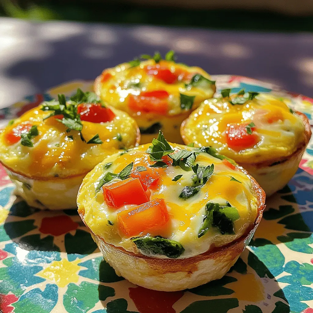 To make tasty breakfast egg muffins, you need a few simple ingredients. Here’s what you’ll need: - 6 large eggs - 1/2 cup milk (or your preferred dairy-free alternative) - 1 cup fresh spinach, finely chopped - 1/2 bell pepper, diced (choose your favorite color) - 1/4 cup red onion, minced - 1/2 cup cherry tomatoes, halved - 1/2 cup shredded cheese (such as cheddar, feta, or cheese of your choice) - Seasoning: Salt, black pepper, garlic powder, oregano - Cooking spray or oil These ingredients combine to create a delicious and nutritious breakfast option. The eggs serve as a great base, adding protein and richness. The veggies bring color and flavor, while the cheese adds a nice melt and taste. Feel free to switch up the veggies or cheese to match your taste. For example, you can use mushrooms or zucchini instead of bell peppers. Each combination offers a new twist on this easy recipe. With this list, you’re ready to make your breakfast egg muffins. For the full recipe, check out the details above. - Preheat the oven to 350°F (175°C). - Grease the muffin tin with cooking spray or oil. - In a large bowl, whisk eggs and milk together until smooth. - Season the egg mixture with salt, pepper, garlic powder, and oregano. - Fold in spinach, bell pepper, red onion, and cherry tomatoes carefully. - Pour the mixture into the muffin cups, filling them about 3/4 full. - Sprinkle cheese over each filled muffin cup. - Bake in the preheated oven for 20-25 minutes until set and golden. - Cool the muffins for 5 minutes before removing them from the tin. - Use a knife to run around the edges to help pop them out. - Serve warm on a colorful platter, garnished with fresh herbs. - Pair with juicy fruit for a complete breakfast display. To ensure even cooking, preheat your oven to 350°F (175°C). This helps the muffins cook at the same rate. Place the muffin tin in the center of the oven for the best heat distribution. If your oven runs hot or cold, adjust the baking time. Check for doneness a few minutes early to avoid overcooking. Adding herbs and spices can boost flavor. Try fresh basil or a pinch of chili flakes for more zing. You can also mix different types of cheese. Cheddar and feta create a nice contrast. Experiment with your favorite cheeses to find the perfect blend. Chopping vegetables can be easy. Use a sharp knife to cut through them quickly. For even pieces, chop all veggies into similar sizes. When mixing ingredients, use a large bowl to give yourself space. Stir gently to keep the egg mixture fluffy. This ensures every muffin is packed with flavor and veggies. For the full recipe, check out the Breakfast Egg Muffins Extravaganza. {{image_4}} You can easily adjust this recipe to fit your needs. For gluten-free options, just use gluten-free flour or skip the flour entirely. The egg muffins will still taste great! If you want a vegan-friendly version, replace the eggs with a mix of silken tofu and nutritional yeast. Blend them until smooth. Add a bit of turmeric for color and flavor. Egg muffins shine with different veggies. Try adding broccoli or zucchini for a fresh twist. Chop them small so they cook evenly. You can also mix in cooked meats. Ham and bacon add a savory kick. Just dice them into small pieces and fold them into the egg mixture. Want to travel the world with your breakfast? Make Mediterranean-inspired muffins by adding feta cheese and sun-dried tomatoes. For a Mexican-style twist, mix in black beans, corn, and a sprinkle of taco seasoning. These flavors change your muffins and bring excitement to the table. Enjoy experimenting! To keep your breakfast egg muffins fresh, store them in the fridge. Place them in an airtight container. This helps keep moisture in and smells out. You can also wrap them tightly in plastic wrap. If you plan to eat them later, freezing is a great option. Just place them in a freezer-safe bag or container. Squeeze out as much air as you can. This helps prevent freezer burn. When you want to enjoy your muffins again, reheating is easy. You can use the microwave for quick heating. Just heat for about 30-60 seconds. If you prefer a crispier texture, use the oven. Preheat it to 350°F (175°C) and heat for about 10 minutes. This keeps the muffins fluffy and warm. Meal prep works best if you eat them within 3-5 days from the fridge. If frozen, they can last up to three months. In the fridge, your breakfast egg muffins stay fresh for about 5 days. In the freezer, they last up to three months. Just remember to label your containers with the date. This way, you can track how long they’ve been stored. Enjoy your delicious muffins with confidence, knowing they are safe to eat! How long do breakfast egg muffins last in the fridge? Breakfast egg muffins last about 4 to 5 days in the fridge. Store them in an airtight container. This keeps them fresh and tasty. Can I make these muffins in advance? Yes! You can make these muffins in advance. They freeze well too. Just bake, cool, and store them in freezer bags. Are breakfast egg muffins healthy? Yes, breakfast egg muffins are healthy. They are high in protein and packed with vegetables. You control the ingredients, making them great for your diet. What to do if the muffins are too dry? If your muffins are too dry, try adding more liquid next time. You can add extra milk or eggs. Also, avoid overbaking them. How to prevent sticking in the muffin tin? To prevent sticking, use cooking spray or oil generously. Grease the muffin tin well before adding the mixture. This helps them pop out easily. What goes well with breakfast egg muffins? Breakfast egg muffins pair well with fresh fruit or a side salad. You can also serve them with hot sauce for extra flavor. Can you serve them cold or should they be warm? You can serve them cold, but they taste best warm. Heating them enhances their flavors and makes the cheese melty and delicious. Your breakfast egg muffins are easy and fun to make. With just a few ingredients, you create a tasty meal. We covered how to prepare, mix, and bake your muffins for best results. We also shared tips on flavors and variations to keep things exciting. Don't forget how to store and reheat them to enjoy later. With these straightforward steps, you can make a great dish anytime. Enjoy your muffins and the joy they bring to your meals!