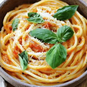 - Pasta (300g, spaghetti or penne) - Crushed tomatoes (1 can, 400g) - Heavy cream (1 cup) - Extra-virgin olive oil (2 tablespoons) - Onion (1 medium, finely chopped) - Garlic (3 cloves, minced) - Dried oregano (1 teaspoon) - Dried basil (1 teaspoon) - Sea salt and freshly cracked black pepper to taste Gather these ingredients before you start cooking. The pasta is the star, so choose your favorite type. I love using spaghetti or penne for this dish. The crushed tomatoes create a rich base. Heavy cream adds that creamy touch we all crave. Next, we have the flavor enhancers. Extra-virgin olive oil gives a nice depth. Onions add sweetness, while garlic brings that aromatic punch. For spices, dried oregano and basil really round out the flavor. Sea salt and black pepper will help to enhance everything. This list is simple, but each item plays a key role. When combined, they create a creamy tomato delight that is sure to impress. For the full recipe, check out the details above. Start by bringing a large pot of salted water to a boil. Add 300g of pasta, like spaghetti or penne. Cook it until it is al dente, about 8-10 minutes. Al dente means it has a slight bite. Once the pasta is done, drain it but keep about 1 cup of the starchy pasta water. This water helps make the sauce creamy. Set the cooked pasta aside. In a large skillet, heat 2 tablespoons of extra-virgin olive oil over medium heat. Add 1 medium onion, finely chopped, and sauté it for 4-5 minutes until soft. Next, add 3 cloves of minced garlic and cook for 1 more minute. The garlic should smell great but not burn. Now, pour in 1 can of crushed tomatoes (400g), along with 1 teaspoon of dried oregano and 1 teaspoon of dried basil. Stir it well and let it simmer for about 10 minutes. This step helps all the flavors blend together. After simmering the sauce, reduce the heat to low. Slowly stir in 1 cup of heavy cream. Mix until the sauce looks rich and creamy. Season it with sea salt and freshly cracked black pepper. Now, gently add the cooked pasta into the skillet. Toss it to coat every piece with the sauce. If the sauce is too thick, add the reserved pasta water a bit at a time. This will help reach your desired creamy consistency. Serve your creamy tomato delight pasta warm. Don’t forget to garnish with fresh basil leaves and sprinkle some grated Parmesan cheese on top. Enjoy! To make your creamy tomato pasta even better, try adding extra spices. A pinch of red pepper flakes adds heat. Fresh herbs like parsley or thyme can brighten the dish. Fresh basil brings a burst of flavor that dried herbs can’t match. If you have fresh tomatoes, use them instead of canned for a fresh taste. Just chop them up and cook them down to make a sauce. Want to save time? Try meal prepping. Chop your onions and garlic ahead of time. You can store them in the fridge for up to three days. When cooking, use one pot for everything. Cook the pasta and sauce in the same pot to cut down on dishes. Just drain the pasta, then add the sauce right into the pot. This makes cleanup easy. When it’s time to eat, think about sides. Garlic bread pairs well with this pasta. A fresh salad adds a nice crunch. For drinks, a light white wine like Pinot Grigio works great. It balances the creaminess of the dish. Enjoy your meal with a warm smile and good company. For the full recipe, check out the link above. {{image_4}} You can make this creamy tomato pasta even better by adding protein. Grilled chicken or shrimp works great. Just cook them separately and toss them in at the end. For a vegetarian option, try chickpeas or fresh spinach. They add a nice texture and boost the nutrition. If you want to skip the cream, you have options. Cashew cream is a great choice. Just soak raw cashews in water, blend, and stir it in. You can also use coconut milk. It adds a nice flavor and keeps the dish creamy. For a gluten-free meal, choose pasta made from rice or corn. These options taste great and give a nice bite. Many brands offer gluten-free versions that cook well and hold the sauce nicely. Enjoy a delicious meal without the gluten! After enjoying your creamy tomato pasta, you might have leftovers. To store them properly, let the pasta cool to room temperature first. Then, transfer it to an airtight container. This helps keep the pasta fresh. You can store it in the fridge for up to three days. When you are ready to eat, just take it out and reheat. If you want to save your creamy tomato pasta for later, freezing is a great option. Allow the pasta to cool completely before freezing. Place it in a freezer-safe container or a resealable bag. Make sure to remove as much air as possible. Your pasta can stay fresh in the freezer for about three months. To reheat, you can use a microwave or stovetop. If using the microwave, heat it in short bursts, stirring in between. If using the stovetop, add a splash of water or more cream to keep it creamy. Heat it on low until warmed through. This way, you will keep the flavor and texture just right. For the full recipe, check out the instructions above. Making creamy tomato pasta takes about 25 minutes in total. You will spend around 5 minutes on prep and 20 minutes cooking. This quick time makes it perfect for busy evenings or last-minute meals. Yes, you can prepare creamy tomato pasta ahead of time. Cook the pasta and sauce separately. Store them in airtight containers in the fridge for up to three days. When you want to eat, just reheat the sauce. Add the pasta to the sauce, and warm it on the stove. If the sauce is too thick, add a splash of water or extra cream to loosen it up. If you want a lighter or dairy-free version, try these alternatives: - Coconut milk: It adds a creamy texture with a hint of coconut flavor. - Cashew cream: Soak cashews and blend them with water for a rich, creamy option. - Greek yogurt: This gives a tangy taste and adds protein. - Almond milk with cornstarch: Mix almond milk with cornstarch to thicken it. These substitutes will keep your pasta delicious while catering to your dietary needs. This blog post covered how to make creamy tomato pasta from start to finish. We reviewed key ingredients, including pasta, crushed tomatoes, and heavy cream. I provided step-by-step instructions to help you cook efficiently. You learned about flavor enhancements, variations, and storage tips to keep your dish fresh. As you try this recipe, remember to make it your own! Adjust spices and add proteins as you like. Enjoy cooking and savoring every bite of your delicious meal.