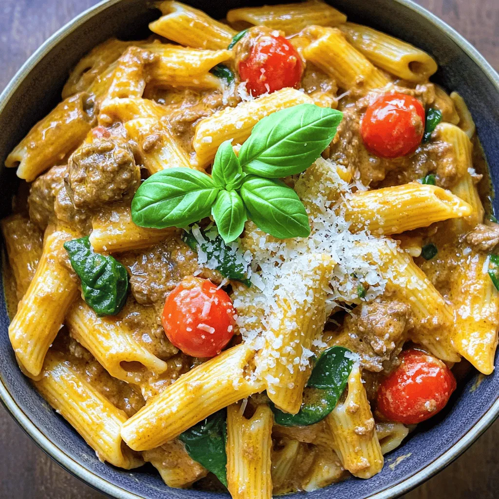 - 1 pound ground beef - 12 ounces pasta (penne or rotini are excellent choices) - 1 small onion, finely diced - 3 cloves garlic, minced - 1 cup cherry tomatoes, halved - 2 cups baby spinach - 1 cup heavy cream - 1 cup beef broth - 1 teaspoon Italian seasoning - 1 teaspoon smoked paprika - Salt and freshly ground black pepper, to taste - 1 tablespoon extra virgin olive oil - Grated Parmesan cheese, for serving - Fresh basil leaves, for garnish You need these tasty ingredients. Ground beef adds rich flavor. Choose pasta like penne or rotini. They hold the sauce well. Aromatics like onion and garlic boost the dish's aroma. The tomatoes add sweetness and a burst of color. Spinach gives a nice green touch. Heavy cream creates the creamy texture. Beef broth deepens the flavor. Season with Italian herbs and smoked paprika. Don't forget salt and pepper for balance. Top with Parmesan for a cheesy finish. Finally, fresh basil brightens the meal. For detailed preparation, check the Full Recipe. Start by filling a large pot with water. Add a good amount of salt to this water. Bring it to a rolling boil over high heat. Once the water boils, add your chosen pasta. I like penne or rotini for this dish. Cook the pasta for the time stated on the package until it is al dente. This means it should be firm but not hard. After cooking, drain the pasta in a colander and set it aside. This helps to keep the pasta from getting soggy. Take a large skillet and heat it over medium heat. Pour in one tablespoon of olive oil. Add a small, finely diced onion. Sauté it for about 2-3 minutes until it becomes translucent. This step brings out the sweet flavor of the onion. Next, add in three minced garlic cloves. Cook for an extra minute to let the garlic release its lovely aroma. Now, add one pound of ground beef to the skillet. Use a spatula to break it into smaller pieces. Cook this until the beef is browned and no longer pink. This should take about 5-7 minutes. If you see a lot of fat, drain it off carefully. Now it’s time to make the sauce. Start by adding one cup of halved cherry tomatoes to the skillet. Then, stir in one teaspoon of Italian seasoning and one teaspoon of smoked paprika. Sprinkle in salt and freshly ground black pepper to taste. Let this mixture cook for about 3-4 minutes. You want the tomatoes to soften a bit. Next, pour in one cup of beef broth and bring it to a gentle simmer. Slowly add one cup of heavy cream while stirring. This helps to make a smooth and creamy sauce. Let the sauce simmer for about 5 minutes to thicken. Finally, toss in two cups of baby spinach, stirring until it wilts. Fold in the cooked pasta. Make sure every noodle is coated with that rich, creamy sauce. You can find the full recipe for Stovetop Creamy Ground Beef Pasta in the appropriate section. To make your sauce thick and creamy, start with heavy cream. This gives your dish a rich texture. If your sauce seems too thin, let it simmer longer. This helps it thicken nicely. You can also add a bit of grated cheese. It melts and adds creaminess. Taste is key in cooking. Adjust seasonings to suit your palate. Add salt or pepper as needed. You might want to sprinkle in more Italian seasoning for extra flavor. Just remember to taste as you go. Stovetop cooking can be simple and fun. Use a large skillet for even heat. This helps all ingredients cook well together. Keep your heat at medium; too high can burn your food. Stir often to prevent sticking. One common error is overcooking the beef. Brown it until it's just done, not longer. If you cook it too much, it can become tough. Always drain excess fat after browning. This keeps your dish light and fresh. Presentation matters! Serve your creamy beef pasta in deep bowls. Top it with extra grated Parmesan cheese. A fresh basil leaf adds a nice touch. You can also drizzle a bit of olive oil on top for shine. For side dishes, a simple green salad works well. You can add crusty bread for a hearty meal. These sides complement the creamy pasta nicely. Enjoy your meal with family and friends! {{image_4}} You can switch out ground beef for other meats. Ground turkey or chicken works great. These options can reduce fat and calories. If you want a plant-based meal, try lentils or black beans. Both are tasty and add protein. Pasta shapes can change the dish’s look and feel. Penne and rotini are fun, but you can use spaghetti or fusilli too. If you prefer whole grain, you can choose whole wheat pasta. This adds fiber to your meal. For gluten-free options, brown rice pasta is a smart choice. It holds up well in the sauce. Spices can change your pasta's taste. Try adding red pepper flakes for heat. Fresh herbs like parsley or thyme boost flavor too. You can also sneak in more veggies. Consider bell peppers, zucchini, or mushrooms. Sauté them with the onions for extra texture and nutrition. If you want to explore more delicious ideas, check out the [Full Recipe]. To keep your creamy ground beef pasta fresh, store it in a sealed container. Make sure it cools down before sealing. This helps prevent steam build-up, which can make it soggy. Place it in the fridge for up to four days. If you want to keep it longer, you can freeze it. Just place it in an airtight container or freezer bag. It can last up to three months in the freezer. When you're ready to eat leftovers, you have a few good options. You can microwave it in a bowl, covering it with a damp paper towel. This keeps the pasta from drying out. Stir every minute until it's hot. If you prefer the stovetop, heat it in a pan over low heat. Add a splash of beef broth or cream to restore the creamy texture. Stir frequently to ensure even heating. In the fridge, your creamy beef pasta lasts about four days. Look for signs of spoilage, like a sour smell or mold. If it smells off or looks strange, it’s best to toss it. Always trust your senses when it comes to food safety. Yes, you can prepare this dish ahead of time. To do so, cook the pasta and sauce separately. Allow both to cool before storing them in airtight containers. The pasta will stay fresh for up to three days in the fridge. When you’re ready to eat, simply reheat the sauce and mix in the pasta. This method keeps everything tasty and fresh. For this creamy beef pasta, I recommend penne or rotini. Both types hold onto the sauce well. You can also try fusilli or farfalle for a fun twist. If you want a whole grain option, whole wheat penne works great too. Just remember to adjust the cooking time based on the type of pasta you use. To lighten this dish, consider these tips: - Use lean ground beef or turkey to cut fat. - Substitute heavy cream with half-and-half or Greek yogurt for a healthier twist. - Add more veggies like zucchini or bell peppers for extra fiber. - Use whole grain pasta for added nutrients and fiber. These changes can help reduce calories while keeping the meal delicious. For the complete steps and ingredients, check the Full Recipe for Stovetop Creamy Ground Beef Pasta. This article covered how to make a delicious stovetop creamy ground beef pasta. We discussed the key ingredients, cooking steps, and tips for a great dish. I shared variations for protein and pasta types, along with helpful storage and reheating advice. Cooking this meal can be fun and rewarding. Enjoy trying different flavors and ingredients. Remember to experiment and make it your own. Happy cooking!