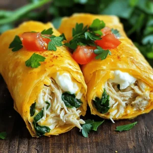 - 2 cups cooked chicken, shredded - 1 cup shredded mozzarella cheese - 1/2 cup cream cheese, softened - 3 cloves garlic, minced - 1 tablespoon olive oil - 1 teaspoon dried oregano - 1 teaspoon smoked paprika - Salt and black pepper to taste - 4 large tortillas (whole wheat or flour) - 1 cup fresh spinach leaves - 1/2 cup diced tomatoes (optional) For these cheesy garlic chicken wraps, I always gather quality ingredients. The chicken serves as a great base. It adds protein and flavor. The mozzarella cheese gives it a melt-in-your-mouth goodness. Cream cheese adds creaminess, while garlic brings a fragrant kick. I use olive oil to help blend flavors together. The oregano and smoked paprika create depth. I like to add salt and black pepper to enhance the taste. When it comes to the wraps, I choose large tortillas for easy handling. The spinach leaves add freshness, and diced tomatoes can give a nice color and taste. You can find the full recipe to get started with these delicious wraps. - Step 1: Combine chicken and cheeses Start by mixing the cooked chicken, mozzarella cheese, softened cream cheese, minced garlic, olive oil, dried oregano, smoked paprika, salt, and black pepper in a large bowl. This creates a rich and creamy filling. - Step 2: Position tortilla and add filling Take a tortilla and lay it flat on a clean surface. Scoop a good amount of the cheesy chicken mixture into the center of the tortilla. Leave some space at the edges to make wrapping easier. - Step 3: Layer spinach and tomatoes Place fresh spinach leaves over the cheesy chicken. If you like, add diced tomatoes for a fresh touch. This step adds color and extra flavor to your wrap. - Step 4: Fold and roll the tortilla Fold the sides of the tortilla in towards the filling. Then, roll the tortilla tightly from the bottom. Make sure the filling stays inside to avoid spills. - Step 5: Preheat skillet and cook wraps Heat a skillet over medium heat. Once hot, place the wraps seam-side down in the skillet. Cook for about 3-4 minutes, or until the bottom is golden brown. - Step 6: Slicing and garnishing for presentation Once both sides are crispy, take the wraps out and let them cool for a minute. Slice each wrap in half diagonally for a nice look. Before serving, sprinkle chopped parsley on top for a fresh finish. For the full recipe, check out the details above. Enjoy your tasty and cheesy meal! To make your wraps pop, try adding spices like garlic powder or onion powder. You can also use fresh herbs, such as basil or parsley, for a bright taste. Different cheeses can change the flavor too. Use sharp cheddar for a bold kick, or a creamy gouda for richness. Each cheese brings its own unique twist to the dish. To avoid spilling your filling, don’t overstuff the tortilla. Keep some space at the edges when adding your mixture. This helps you fold it neatly. For a crispy wrap, cook it a bit longer if you like extra crunch. Just watch it closely to prevent burning. Pair these wraps with tasty dips. Salsa or ranch dressing works well. You can also try guacamole for a creamy touch. For a fun presentation, serve on a colorful platter. Add a small bowl of dipping sauce next to the wraps. This makes your meal more inviting and fun to eat. For more ideas, check out the Full Recipe for different sauces and sides. {{image_4}} You can switch up the protein in your wraps. Try using turkey or beef instead of chicken. These meats add different flavors. You can also use vegetarian options like tofu or tempeh for a meatless meal. Another great choice is to add beans, like black or pinto beans, for a nice texture and protein boost. If you want to change the taste, add fresh herbs like basil or cilantro. These herbs brighten the dish and add freshness. For those who like heat, consider adding jalapeños or a splash of hot sauce. This twist gives your wraps a spicy kick that keeps it exciting. Adding extra vegetables can enhance your wraps. You might consider bell peppers, cucumbers, or zucchini. Each of these adds crunch and flavor. You can also spread some avocado or hummus inside for creaminess. If you want a breakfast option, add scrambled eggs. This makes your wraps perfect for any meal of the day. For the full recipe, check out the details above! To keep your cheesy garlic chicken wraps fresh, store them in an airtight container. Place parchment paper between layers if stacking. This way, the wraps won’t stick together. These wraps can last in the fridge for up to three days. Always check for any signs of spoilage before eating. You can freeze your wraps before or after cooking. If freezing before cooking, wrap each one tightly in plastic wrap and then place them in a freezer bag. They can stay in the freezer for up to two months. To reheat frozen wraps, thaw them in the fridge overnight. Then, cook them in a skillet until heated through and crispy, about 5 to 7 minutes. For easy grab-and-go meals, assemble the wraps in advance. Wrap them in foil or plastic wrap to keep them fresh. This makes them perfect for busy days. When batch cooking, prepare extra filling and store it in the fridge. You can quickly make more wraps as needed. This will save time for easy weeknight dinners. Check out the Full Recipe for all the details on making these delicious wraps! You can swap cream cheese with Greek yogurt or cottage cheese. Both options add creaminess. Greek yogurt gives a tangy taste, while cottage cheese adds a bit of texture. If you want a thicker filling, blend the cottage cheese for smoothness. You can also use vegan cream cheese for a dairy-free option. This keeps the wraps rich and tasty. Yes, you can use many tortillas! Whole wheat tortillas add a healthy twist. Flour tortillas give a soft and chewy bite. Corn tortillas work well, too, but they may be more fragile. Try spinach or tomato tortillas for a fun color. Choose based on your taste and diet needs. Making these wraps is quick! Prep takes about 15 minutes. Cooking them in a skillet takes another 10 minutes. So, in total, you’ll need around 30 minutes. This makes it easy for weeknight dinners or quick lunches. For the full recipe, check the earlier section. You learned how to make Cheesy Garlic Chicken Wraps from scratch. We covered the main ingredients, which create a rich flavor. You also saw step-by-step instructions for easy preparation. Tips for enhancing taste and perfecting your wraps help you avoid common mistakes. Lastly, variations and storage tips ensure these wraps fit your meals. Experiment with different flavors and enjoy your delicious creations!