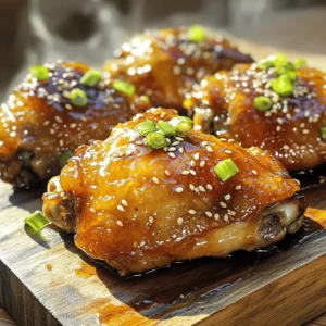 To make delicious honey soy chicken thighs, gather these ingredients: - 4 bone-in, skin-on chicken thighs - 1/4 cup soy sauce (low-sodium recommended for balanced flavor) - 1/4 cup honey (preferably local for added flavor) - 2 tablespoons sesame oil - 2 cloves garlic, finely minced - 1 teaspoon fresh ginger, finely grated - 1 tablespoon rice vinegar - 1/4 teaspoon red pepper flakes (optional, for a spicy kick) - 1 tablespoon sesame seeds (for garnish) - 2 green onions, thinly sliced (for garnish) When picking chicken thighs, look for these signs of freshness: - Skin should be smooth and not discolored. - Avoid any signs of bruising or tears. - The meat should feel firm to the touch. - Smell the chicken; it should have no strong odor. - If possible, buy from local farms for better quality. If you can't find an ingredient, here are some swaps: - Use coconut aminos instead of soy sauce for a soy-free option. - Maple syrup works well if you don't have honey. - For sesame oil, try olive oil or canola oil. - You can skip ginger if you’re not a fan; use more garlic instead. - For garnish, crushed nuts can replace sesame seeds. These tips and substitutions will help you make the best honey soy chicken thighs. Enjoy the process and feel free to get creative! To start, gather your ingredients. You need soy sauce, honey, sesame oil, garlic, ginger, rice vinegar, and red pepper flakes. In a mixing bowl, combine these ingredients. Whisk them until smooth. This marinade will give the chicken its sweet and savory taste. Next, take the chicken thighs. Place them in a large resealable plastic bag or a shallow dish. Pour the marinade over the chicken. Make sure each piece is well coated. Seal the bag or cover the dish. Let it marinate in the fridge for at least one hour. For a deeper flavor, let it sit overnight. Once marinated, preheat your oven to 400°F (200°C). Take the chicken out of the marinade. Allow any excess marinade to drip off. Arrange the thighs skin-side up in a greased baking dish. Bake the chicken for 35 to 40 minutes. Use a meat thermometer to check the temperature. It should reach 165°F (75°C). The skin should be crispy and golden brown. This makes for a delicious bite! While the chicken bakes, use the reserved marinade. Pour it into a small saucepan. Heat it over medium heat until it boils. Then lower the heat and let it simmer. Cook for about 5 to 7 minutes. This will thicken it into a glaze. When the chicken is done, brush some of the glaze over the top. This adds a shiny finish and extra flavor. Let the chicken rest for a few minutes. This helps the juices redistribute. Before serving, sprinkle sesame seeds and green onions on top. They add color and a nice crunch. Enjoy your meal! To get that crispy skin, start with dry chicken. Pat the skin with paper towels to remove moisture. This helps the skin crisp up when baking. Another key step is baking at a high temperature, around 400°F (200°C). High heat gives the skin a nice golden color. Make sure you don't crowd the pan. Leave space between the chicken thighs. This allows hot air to flow and crisp the skin. If you have to bake in batches, do it. Also, broiling the last few minutes can add extra crunch. Keep an eye on it to avoid burning. One common mistake is not marinating long enough. For the best flavor, marinate for at least one hour. Overnight is even better. Another mistake is flipping the chicken too soon. Let it cook without disturbance to get that crispy skin. Avoid using too much marinade when baking. This can make the chicken soggy. Instead, save some marinade to create a glaze. Lastly, always check the internal temperature. It should reach 165°F (75°C) to ensure it’s safe to eat. You’ll need a few tools to make this dish easier. A mixing bowl works great for the marinade. A whisk helps blend the ingredients well. Use a resealable plastic bag or a shallow dish for marinating. An oven-safe baking dish is key too. It should be big enough for all the chicken thighs. A meat thermometer is a must for checking doneness. Finally, a saucepan helps to heat the glaze. These tools will make cooking fun and simple. {{image_4}} You can change the flavor of your honey soy chicken thighs. Try using different sauces. For a spicy twist, add sriracha or chili paste. For a sweeter taste, mix in orange juice or maple syrup. You can also try teriyaki sauce for a richer umami flavor. Each option will give you a unique and tasty dish. Pair your chicken with sides that complement its flavor. Steamed rice is a classic choice. It soaks up all the yummy sauce. You can also serve it with stir-fried vegetables for a colorful plate. Roasted sweet potatoes add a nice sweetness. A fresh green salad brings a crisp contrast to the meal. Choose sides that balance the dish well. Both grilling and baking work great for chicken thighs. Grilling gives a smoky flavor and nice char. It cooks quickly, usually in about 20-25 minutes. Baking allows the chicken to cook evenly. It keeps the skin crispy and juicy. Baking takes a bit longer but needs less attention. Choose the method that fits your time and taste. To keep your honey soy chicken thighs fresh, let them cool first. Place them in an airtight container. Make sure to seal it tightly. You can also wrap the thighs in plastic wrap. This extra layer helps keep them juicy. Store them in the fridge for up to four days. When you are ready to enjoy leftovers, reheating is key. Preheat your oven to 350°F (175°C). Place the chicken thighs in an oven-safe dish. Add a splash of water or leftover marinade to keep them moist. Cover the dish with foil to trap the heat. Bake for about 15-20 minutes. This way, they stay flavorful and juicy. In the refrigerator, you can keep cooked chicken thighs for about four days. If you want to store them longer, freeze them. In the freezer, they can last up to three months. Just make sure to wrap them well. When you’re ready to eat, thaw them in the fridge overnight before reheating. The internal temperature for cooked chicken thighs should reach 165°F (75°C). This ensures the chicken is safe to eat and fully cooked. Use a meat thermometer to check the temperature. Insert it into the thickest part of the thigh, away from the bone. Once it hits 165°F, your chicken is ready to serve! Yes, you can use boneless chicken thighs! They will cook faster than bone-in thighs. Adjust the cooking time to about 25-30 minutes. Check for the same internal temperature of 165°F to ensure doneness. Boneless thighs are also easier to eat and are great for quick meals. For the best flavor, marinate the chicken for at least 1 hour. However, if you have time, marinate it overnight. This allows the flavors to soak in deeply. Store the chicken in the fridge while it marinates. The longer you marinate, the better the taste! For the full recipe, check out the ingredients and instructions above. You’ll love how easy and tasty these chicken thighs are! In this post, we explored how to make Honey Soy Chicken Thighs with step-by-step guidance. We covered everything from ingredient selection to cooking tips. Storing leftovers and reheating them correctly ensures great taste. Remember, marinating time and cooking methods can change the flavor. Try different marinades and side dishes for variety. Follow these tips, and you’ll enjoy delicious meals every time. Simple techniques lead to great results. Your kitchen can become a place of tasty experiments! Enjoy every bite!