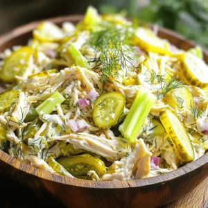 To make this tasty salad, gather these main ingredients: - 2 cups cooked chicken, shredded - 1 cup dill pickles, finely chopped - 1/2 cup Greek yogurt or mayonnaise - 1/4 cup red onion, finely diced - 1/4 cup celery, finely diced - 2 tablespoons fresh dill, finely chopped - 1 tablespoon Dijon mustard - Salt and pepper to taste These ingredients create a perfect balance of flavors and textures. The shredded chicken gives protein, while the dill pickles add a nice crunch. The Greek yogurt or mayonnaise binds it all together. You can add some optional ingredients to make your salad even better: - 1 tablespoon fresh lemon juice - 1/2 teaspoon garlic powder - 1/4 cup chopped walnuts or pecans Lemon juice brings a tangy flavor. Garlic powder adds depth. Chopped nuts give a satisfying crunch. Don’t worry if you can’t find an ingredient. Here are some great substitutions: - Use canned chicken instead of cooked chicken for a quick option. - Swap Greek yogurt for plain sour cream for a different taste. - Replace dill pickles with sweet pickles for a sweeter flavor. These substitutions keep your salad delicious while adapting to your pantry. The Full Recipe ensures you have all the details you need to create this delightful dish. Start by shredding your cooked chicken. You can use rotisserie chicken or poached chicken for great taste. In a large mixing bowl, add the shredded chicken. Now, chop your dill pickles finely. Choose crunchy pickles for a nice bite. Add the chopped pickles to the chicken. Next, dice the red onion and celery. Stir these veggies gently into the chicken and pickles. In a small bowl, combine Greek yogurt or mayonnaise. Add the fresh dill, Dijon mustard, and lemon juice if you want a tangy twist. Whisk these ingredients together until they blend well. This dressing makes the salad creamy and flavorful. Pour the dressing over the chicken and vegetable mixture. Use a spatula to fold everything together. Make sure all the ingredients get coated with the dressing. Season the salad with salt and pepper. Taste it and adjust the flavors as needed. For the best taste, cover the bowl and chill your salad for at least 30 minutes. This allows all the flavors to mix. For more details, you can check the Full Recipe. To get the best texture in your Dill Pickle Chicken Salad, focus on your ingredients. Use shredded rotisserie chicken. It adds great flavor and moisture. Choose crunchy dill pickles for a satisfying crunch. The red onion and celery also help create that desired crispness. Make sure to chop everything finely. This ensures an even mix and delightful bites. You can serve this salad in many fun ways. A simple way is on a bed of fresh greens. This adds color and freshness. You can also scoop it into halved avocados. It makes a great presentation! Pair it with whole grain crackers or pita chips. This adds a nice crunch and makes eating easier. For drinks, a chilled lemonade or iced tea works well. Avoid overmixing your salad. If you mix too much, the chicken can become mushy. Also, don't skip the seasoning. Salt and pepper bring out the flavors. Taste your salad before serving. If it feels bland, add more seasoning or lemon juice. Lastly, don’t rush the chilling time. Letting the salad rest helps flavors blend better. Following these tips will make your salad a hit! {{image_4}} You can make a lighter version of this salad by using Greek yogurt instead of mayonnaise. Greek yogurt gives a creamy texture and adds protein. It also has fewer calories. You can adjust the yogurt amount to fit your taste. If you want a thicker salad, use more yogurt. This change keeps the salad tasty without adding extra fat. Feel free to mix in other ingredients to boost the flavor. You can add: - Chopped bell peppers for sweetness. - Sliced almonds for crunch. - Hard-boiled eggs for extra protein. These additions make your salad more exciting and colorful. Try different combinations to find your favorite mix. Each ingredient adds its own unique taste and texture. For a vegan or vegetarian option, replace chicken with chickpeas or tofu. Both options add protein and fiber. Use vegan mayo or more Greek yogurt as a dressing base. Mix in some nutritional yeast for a cheesy flavor. This way, you can enjoy Dill Pickle Chicken Salad while keeping it plant-based. You can still have a hearty, delicious meal that everyone will love. To store leftover Dill Pickle Chicken Salad, place it in an airtight container. Make sure to seal the container tightly to keep out air. This step helps maintain freshness and flavor. You can also layer plastic wrap over the salad before sealing if you like. Store the chicken salad in the fridge for up to three days. After that, the taste and texture may change. If you notice any off smells or changes in appearance, it's best to throw it away. Always prioritize your health. Freezing this salad is possible, but it is not ideal. The texture of vegetables may become mushy when thawed. If you still want to freeze it, separate the dressing from the chicken and pickles. Freeze the chicken mix in a freezer-safe bag for up to two months. When ready to eat, thaw it in the fridge overnight, then mix in the dressing fresh. This keeps the salad tasty and enjoyable. Yes, you can use canned chicken. It makes the recipe quick and easy. Just drain and shred the chicken before mixing it with the other ingredients. Canned chicken works well, but fresh chicken adds more flavor. Dill Pickle Chicken Salad lasts about three to four days in the fridge. Make sure to store it in an airtight container. This helps keep it fresh and tasty. If you notice any change in smell or color, it’s best to discard it. You can serve Dill Pickle Chicken Salad in many ways. It tastes great on a sandwich, in a wrap, or on crackers. You can also enjoy it on a bed of greens or in halved avocados. Pair it with chips or a side of fresh fruit for a fun meal. Check out the Full Recipe for more ideas! In this post, we explored how to make Dill Pickle Chicken Salad. We looked at main and optional ingredients, along with some great substitutions. I provided step-by-step instructions for preparation, dressing, and mixing. You learned tips for texture, serving ideas, and common mistakes to avoid. I also shared variations, storage tips, and answered common questions. Now, you have all you need to make a tasty salad. Enjoy creating your own version!