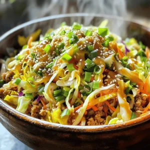 - 1 lb ground chicken (or turkey) - 4 cups coleslaw mix (cabbage and carrots) - 2 green onions, chopped - 2 cloves garlic, minced - 1 tablespoon fresh ginger, grated - 3 tablespoons soy sauce - 1/2 teaspoon crushed red pepper flakes - Toasted sesame seeds for garnish When I create Easy Egg Roll in a Bowl, I focus on fresh, quality ingredients. The ground chicken or turkey gives great flavor and protein. The coleslaw mix adds crunch and color. Green onions bring a fresh taste to the dish. For seasoning, garlic and ginger are key. They add depth and aroma that make this dish shine. Soy sauce ties everything together with its salty, umami flavor. If you like a little heat, crushed red pepper flakes are a perfect touch. Garnishing with toasted sesame seeds gives a nice finish. They add a nutty flavor and a bit of texture. This recipe is simple and allows for some creativity. You can mix and match ingredients to suit your taste. Check out the Full Recipe for the complete guide! Heat sesame oil in a skillet or wok over medium heat. The oil should shimmer, signaling it's ready. This oil adds rich flavor and helps prevent sticking. Using a good quality oil makes a big difference. Add 1 pound of ground chicken or turkey to the hot oil. Sauté the meat until it turns brown. This takes about 5 to 7 minutes. Use a spatula to break the meat apart as it cooks. This way, it browns evenly and cooks faster. Once the meat is cooked, add 2 cloves of minced garlic and 1 tablespoon of grated ginger. Stir for 1 to 2 minutes. This lets the flavors blend well. Then, add 4 cups of coleslaw mix to the skillet. Stir gently until the cabbage and carrots begin to wilt, which takes about 3 to 4 minutes. Next, drizzle in 3 tablespoons of soy sauce and 1 teaspoon of rice vinegar. If you like heat, add 1/2 teaspoon of crushed red pepper flakes. Mix everything well and cook for another 2 to 3 minutes. This helps all the flavors come together. Adjust the seasoning with salt and black pepper to taste. Finally, fold in 2 chopped green onions. Remove the skillet from heat and let it cool slightly before serving. You can find the Full Recipe to guide you through each step. To avoid burning garlic and ginger, keep the heat on medium. If your pan is too hot, these ingredients can cook too fast. Add them after your meat is browned. Let them cook for just one to two minutes. This way, you get the full flavor without the bitterness. If you want more heat, simply add more crushed red pepper flakes. Start with just a pinch and taste as you go. You can also add a splash of hot sauce for a different kick. Adjust the soy sauce to balance the flavors if it's too spicy for you. To enhance flavor, use garnishes like chopped green onions and toasted sesame seeds. A drizzle of extra soy sauce adds a nice touch. You can also serve it with a side of lime wedges. The zest from lime brightens each bite, making this dish even more enjoyable. For more detailed steps, check out the Full Recipe. {{image_4}} You can switch the ground chicken for other proteins. Tofu is a great choice if you want a vegetarian option. Just cut the tofu into small cubes and sauté until golden. Shrimp also works well. It cooks quickly and adds a nice flavor. Use about 1 pound of shrimp, peeled and deveined. Add it at the same time as the chicken in the skillet. This way, you'll have a tasty and protein-rich meal. Feel free to add more veggies to boost nutrition. Bell peppers add sweetness and color. You can also include snap peas for a nice crunch. Mushrooms add a savory flavor. Just chop them small and toss them in with the coleslaw mix. Other great options are zucchini or broccoli florets. Each vegetable brings its own flavor and health benefits. Experiment to find your favorite mix! Want to give your dish a twist? Try different sauces for a unique taste. Hoisin sauce adds sweetness and depth. You can mix in a tablespoon or two when you add the soy sauce. Another great option is sriracha for heat. Just a bit will spice things up! For a creamy touch, drizzle some peanut sauce on top before serving. You can customize your egg roll in a bowl to fit your cravings. To store leftovers, let the dish cool first. Then, place it in an airtight container. This keeps it fresh and tasty. You can store it in the fridge for up to three days. Make sure to cover it well so it does not dry out. To reheat, use a skillet over medium heat. Add a splash of water or broth to keep it moist. Stir often to avoid burning. Cook until it is heated through, about 5 to 7 minutes. You can also use a microwave. Heat it in short bursts, stirring in between, for even warming. Yes, you can freeze Egg Roll in a Bowl! To do this, let it cool completely. Then, pack it in a freezer-safe container. It can last for up to three months in the freezer. When you're ready to eat, thaw it in the fridge overnight. Reheat it as mentioned above for the best taste and texture. An egg roll in a bowl is a fun twist on the classic egg roll. You get all the great flavors but without the wrapper. This dish has savory ground meat and fresh vegetables. It is quick to make and easy to serve. Many love it for its crunchy texture and bright taste. Plus, it is low-carb and healthy, making it a favorite for many home cooks. Yes, you can make this dish vegetarian! Just swap the ground chicken or turkey for tofu or tempeh. You can also use mushrooms for extra flavor. Just make sure to cook the tofu well so it has a nice texture. You can add more vegetables like bell peppers or snap peas for a colorful touch. This way, you keep the dish tasty and healthy. This recipe is quick to whip up! It takes about 10 minutes to prep and 20 minutes to cook. In just 30 minutes, you can have a delicious meal ready to eat. This makes it perfect for busy weeknights when you need something fast. You can find the full recipe above for all the details. This article covered how to make Egg Roll in a Bowl, from key ingredients to storage tips. You learned about the main components, seasoning, and optional add-ins that boost flavor. I highlighted cooking techniques to enhance your dish and variations for more options. Remember, customizing your bowl makes it unique to your taste. Enjoy creating this quick, healthy meal anytime. Your kitchen can become a place for fun and easy cooking adventures.